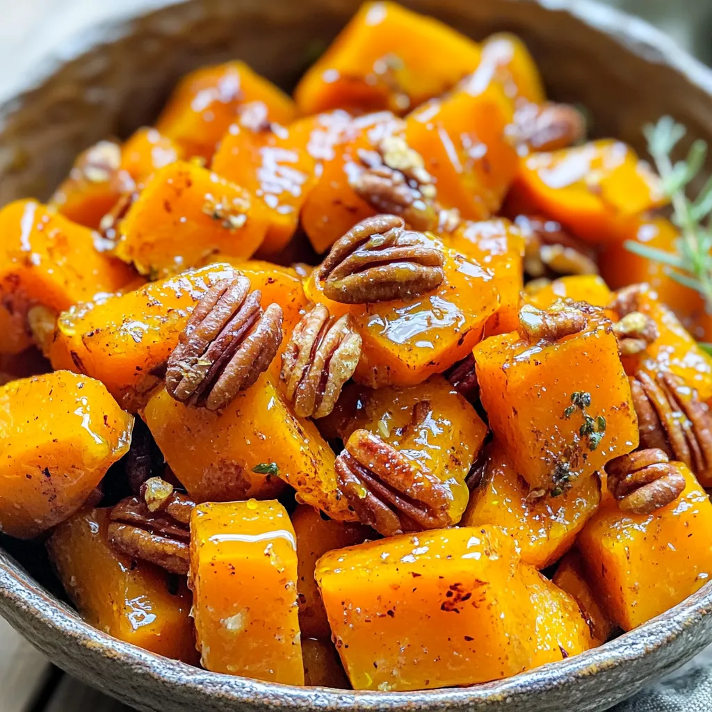 - 1 medium butternut squash, peeled and diced into 1-inch cubes - 3 tablespoons pure maple syrup - 2 tablespoons olive oil - 1 teaspoon ground cinnamon - 1/2 teaspoon nutmeg - Salt and pepper to taste - 1/4 cup pecans, roughly chopped - Fresh thyme leaves for garnish - Large mixing bowl - Baking sheet - Parchment paper - Sharp knife - Cutting board - Measuring spoons I love how simple it is to make this dish. The main ingredient, butternut squash, is sweet and creamy. It pairs so well with the rich maple syrup. The cinnamon and nutmeg bring warmth to the flavor. If you want to add a crunchy texture, toss in pecans. They add a nice nutty taste. Fresh thyme leaves make a great garnish. They add color and a hint of earthiness. For tools, you only need a few items. A large mixing bowl helps mix everything well. A baking sheet lined with parchment paper keeps cleanup easy. A sharp knife and cutting board help you cut the squash safely. Remember to measure your ingredients carefully for the best taste. With these ingredients and tools, you are ready to create a delicious dish! Start by peeling the butternut squash. Use a sharp peeler for ease. After peeling, cut the squash in half lengthwise. Remove the seeds with a spoon. Now, dice the squash into 1-inch cubes. This size helps it cook evenly. In a large mixing bowl, add the diced squash. Pour in 2 tablespoons of olive oil and 3 tablespoons of pure maple syrup. Then, sprinkle in 1 teaspoon of ground cinnamon and 1/2 teaspoon of nutmeg. Add salt and pepper to taste. Mix everything well until the squash is fully coated. The glaze should be sticky and sweet. Preheat your oven to 400°F (200°C). Spread the glazed squash in a single layer on a baking sheet lined with parchment paper. Roast it in the oven for 25-30 minutes. Stir the squash halfway through for even cooking. You'll know it's done when the squash is tender and caramelized. If you want to add pecans, toss them in during the last 5 minutes of roasting. This adds a nice crunch. Remove the squash from the oven and let it cool for a few minutes before serving. Garnish with fresh thyme leaves for a pop of color and flavor. Cutting butternut squash can be tricky. Here are some tips to make it safe: - Use a sharp knife. A dull knife can slip. - Place the squash on a cutting board. This gives you a stable surface. - Cut off both ends first. This helps the squash stand. - Stand the squash upright. Slice it in half lengthwise. - Scoop out the seeds using a spoon. - Finally, slice the squash into 1-inch cubes. This size cooks evenly. Roasting is key for great flavor. Follow these steps for the perfect roast: - Preheat your oven to 400°F (200°C). This ensures even cooking. - Use a baking sheet lined with parchment paper. This keeps the squash from sticking. - Spread the cubes out in a single layer. This helps them roast, not steam. - Stir the squash halfway through roasting. This helps all sides get golden. - Roast for 25-30 minutes. Look for tenderness and caramelization. You can customize the sweetness and flavor. Here’s how: - Start with the maple syrup. Add more for a sweeter taste. - If you prefer less sweetness, cut back on the syrup. - Taste the mix before roasting. This lets you adjust salt and pepper. - Add extras like cayenne for spice or garlic for depth. - If using pecans, toss them in the last 5 minutes. This gives a nice crunch. {{image_2}} You can make this dish even better by adding other veggies. Carrots and sweet potatoes pair well with butternut squash. Just peel and chop them into similar sizes. Toss them in the same maple glaze. This will create a colorful and tasty mix. You can also add Brussels sprouts or parsnips for a different flavor. If you want to change the sweetness, try agave nectar or honey. Both options work well with the squash. Use the same amount as maple syrup. You can also use brown sugar for a deeper flavor. It will melt into the squash as it roasts. This will give you a lovely caramel taste. Nuts and seeds can add crunch and flavor. Pecans are great, but walnuts or almonds also work. Just chop them up and add them during the last five minutes of roasting. For seeds, try pumpkin or sunflower seeds. They give a nice texture and nutty flavor. To keep your maple glazed roasted butternut squash fresh, let it cool first. Then, place it in an airtight container. This way, it stays tasty for up to four days in the fridge. Don't forget to label your container with the date. When you're ready to enjoy leftovers, preheat your oven to 350°F (175°C). Spread the squash on a baking sheet. Heat for about 10-15 minutes or until warm. This method keeps the squash's texture nice and helps the glaze shine again. If you're in a hurry, use a microwave. Heat in short bursts of 30 seconds to avoid drying it out. You can freeze maple glazed roasted butternut squash. First, let it cool completely. Then, place it in a freezer-safe bag or container. Remove as much air as possible to prevent freezer burn. It will stay good for up to three months. To eat, simply thaw in the fridge overnight before reheating. Yes, you can use frozen butternut squash. However, fresh squash gives the best flavor. Frozen squash may be softer when cooked. If using frozen, cut the roasting time by a few minutes. Make sure to check for tenderness. This dish pairs well with many options. You can serve it with grilled chicken or fish. It also goes great with quinoa or rice. A fresh green salad adds crunch and color. For a heartier meal, consider serving it with roasted meats. The squash is done when it is tender and caramelized. You can pierce the cubes with a fork easily. They should have a nice golden-brown color. If they are still firm, roast for a few more minutes. The goal is that perfect softness with a hint of crisp. This blog post covered the ingredients needed for maple-glazed roasted butternut squash, with tips for safe cooking and enhancing flavors. We discussed step-by-step instructions and variations to try. Finally, we explored storage options and answered common questions. Now you can confidently make a tasty dish that impresses your family and friends. Enjoy experimenting with flavors, and remember: the best meals start with fresh ingredients and your creativity. Happy cooking!