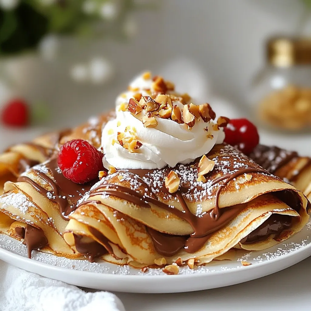 To make delicious chocolate hazelnut crepes, you need the following ingredients: - 1 cup all-purpose flour - 2 large eggs - 1 1/2 cups milk - 2 tablespoons melted butter - 2 tablespoons sugar - 1/2 teaspoon vanilla extract - Pinch of salt - 1/2 cup chocolate hazelnut spread - 1/4 cup crushed hazelnuts - Whipped cream - Fresh berries (optional) Gather these items before you start. Each ingredient plays a key role in making your crepes soft and tasty. The all-purpose flour helps form the base. Eggs add structure and richness. Milk keeps the batter smooth and creamy. Melted butter adds flavor and helps with cooking. Sugar brings sweetness, while vanilla extract gives a lovely aroma. A pinch of salt balances the flavors. The star of this recipe is the chocolate hazelnut spread, which adds a rich, sweet filling. Crushed hazelnuts give a nice crunch on top. Whipped cream and fresh berries can make your dish look pretty and add extra flavor. Enjoy making these tasty crepes! {{ingredient_image_1}} 1. Mixing dry ingredients: Take a medium bowl. Add 1 cup of all-purpose flour. Then, add 2 tablespoons of sugar and a pinch of salt. Whisk them together until well mixed. This gives your crepes a nice flavor. 2. Combining wet ingredients: In another bowl, crack 2 large eggs. Whisk them well. Pour in 1 1/2 cups of milk, 2 tablespoons of melted butter, and 1/2 teaspoon of vanilla extract. Mix until everything blends smoothly. 3. Resting the batter: Slowly pour the wet mixture into the dry bowl. Whisk continuously to avoid lumps. Let your batter rest for 30 minutes at room temperature. This helps make your crepes soft and tender. 1. Heating the pan: Grab a non-stick skillet or a crepe pan. Heat it over medium heat. Lightly grease the pan with a bit of butter or oil. This stops the crepes from sticking. 2. Pouring and swirling the batter: Pour about 1/4 cup of your batter into the hot pan. Quickly swirl it around to cover the bottom. Cook for about 1-2 minutes. Watch for the edges to lift and turn golden. 3. Flipping the crepes: Use a spatula to flip the crepe. Cook for another minute on this side. When done, transfer it to a plate. Repeat this for the rest of the batter. 1. Adding chocolate hazelnut spread: Take a cooked crepe. Spread a generous tablespoon of chocolate hazelnut spread on one half. 2. Folding and rolling techniques: Fold the crepe in half. Then, fold it in half again to form a triangle. You can also roll it up if you prefer. 3. Suggested serving presentation: Serve your crepes warm. Top with whipped cream, a sprinkle of crushed hazelnuts, and fresh berries if you like. Enjoy your delicious treat! To make great crepes, start by avoiding batter lumps. When mixing dry and wet ingredients, whisk them together well. This helps create a smooth batter. Let the batter rest for thirty minutes. This step helps the ingredients meld together. Controlling the heat is key. Heat your pan to medium. If it’s too hot, your crepes will burn. If it’s too cool, they won’t cook properly. A non-stick skillet works best for even cooking. For ensuring even cooking, pour about 1/4 cup of batter into the pan. Quickly swirl the batter to coat the bottom evenly. Cook until the edges lift and the bottom is golden. Flip the crepe gently and cook the other side for one more minute. For creative toppings, you can try whipped cream, fresh berries, or crushed hazelnuts. These add flavor and a nice crunch. You can also drizzle some chocolate sauce for extra sweetness. Pair your crepes with beverages like coffee or hot chocolate. This combination enhances the dessert experience. Try serving them with a fruit smoothie for a refreshing twist. One mistake is overmixing the batter. This can lead to tough crepes. Mix until smooth, but don’t overdo it. Cooking at too high a temperature is another common error. Always start at medium heat and adjust as needed. This helps avoid burnt crepes. Storing cooked crepes can also be tricky. Store them in a single layer to prevent sticking. Cover them with a clean towel or plastic wrap. If you plan to save them, place parchment paper between layers. Pro Tips Rest the Batter: Allowing the batter to rest for at least 30 minutes helps to relax the gluten, resulting in more tender and flexible crepes. Control the Heat: Keep the pan at medium heat to prevent the crepes from cooking too quickly and burning. Adjust as necessary while cooking. Use a Non-Stick Pan: A non-stick skillet or crepe pan ensures easy flipping and prevents the crepes from sticking. Customize Your Fillings: Feel free to experiment with different spreads and toppings, like peanut butter, fresh fruits, or flavored whipped cream for added variety. {{image_2}} You can make your chocolate hazelnut crepes even better! Try adding cocoa powder to the batter. A couple of tablespoons will deepen the chocolate taste. You can also infuse the batter with different extracts. Almond or orange extract adds a lovely twist. If you need gluten-free crepes, use a gluten-free flour blend. It works well in this recipe. For a dairy-free option, switch the milk with almond or oat milk. Both choices give a nice flavor without dairy. You can fill your crepes with more than just chocolate spread. Fruit preserves like raspberry or strawberry add a fresh touch. Nut butters like almond or peanut butter are also great options. They add creaminess and protein, making the crepes even tastier. Store the uncooked batter in a bowl. Cover it tightly with plastic wrap. This keeps air out and prevents drying. You can keep it in the fridge for up to 48 hours. If you need to store it longer, freeze it. Just remember to thaw it in the fridge before use. Once you cook the crepes, let them cool down. Stack them with parchment paper between each crepe. This stops them from sticking together. Place the stack in an airtight container. You can keep the crepes in the fridge for up to three days. To reheat, warm them on a skillet for about 30 seconds on each side. You can also use a microwave for about 10-15 seconds. To freeze crepes, stack them with parchment paper. Then, wrap the stack in foil or plastic wrap tightly. Place the wrapped crepes in a freezer bag. You can freeze them for up to two months. When you're ready to eat, take them out and thaw overnight in the fridge. To serve, heat them on a skillet or in the microwave. Enjoy your crepes warm with all your favorite toppings! You can tell when crepes are done by looking at the edges. When the edges lift from the pan, they are ready to flip. The bottom should be lightly golden. If it looks too pale, give it a bit more time. Cook the second side for about one minute. This keeps your crepes soft and tender. Yes, you can make the batter ahead of time. Just mix it and let it rest in the fridge. It’s best to use it within 24 hours. If you let it sit longer, stir it again before using. This helps blend the ingredients back together. The best way to reheat crepes is on a skillet. Heat the skillet over low heat. Place the crepe on the pan for about 20 seconds on each side. This warms them without making them crispy. You can also use the microwave, but be careful not to overheat. Yes, there are several substitutes for chocolate hazelnut spread. You can use almond butter with cocoa powder mixed in. Peanut butter and melted chocolate also work well. For a healthier option, try a fruit spread like raspberry or strawberry. These all add a unique twist to your crepes. Yes, you can make crepes without eggs. Use a mix of flour, milk, and a little baking powder instead. You can also use flaxseed mixed with water as a binding agent. This creates a similar texture without using eggs. Enjoy your egg-free crepes just as much! This guide covered how to make delicious crepes from start to finish. We discussed key ingredients, step-by-step instructions, and helpful tips to perfect your technique. You also learned about fun variations and proper storage techniques. Making crepes is easy and fun. You can customize them to your taste. With practice, you'll create perfect crepes every time. Enjoy your cooking journey!