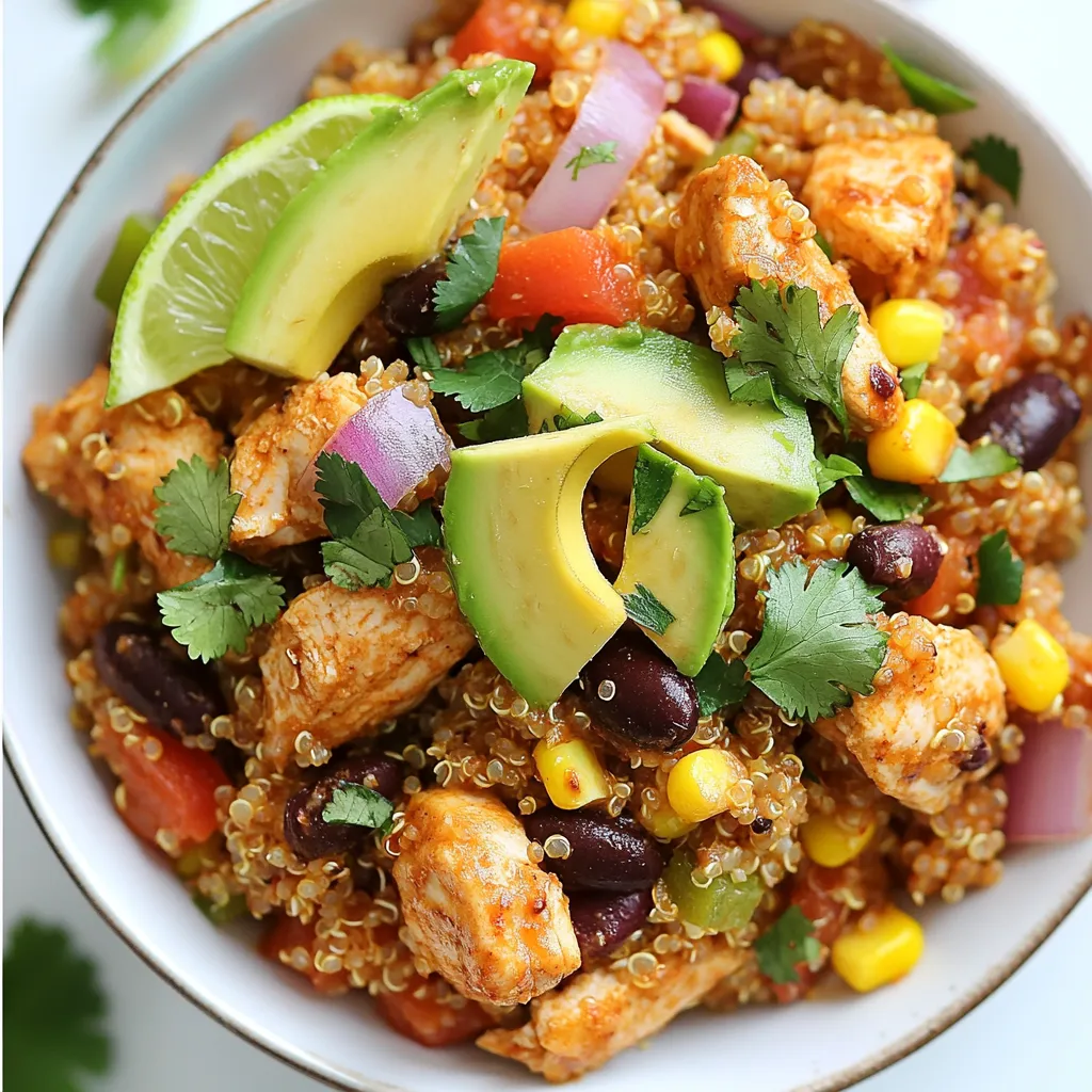 - 1 pound chicken breast, diced - 1 cup quinoa, rinsed - 2 cups chicken broth - 1 can (15 oz) black beans, drained and rinsed - 1 cup corn, frozen or fresh - 1 bell pepper (red or yellow), diced - 1 small red onion, diced - 2 cloves garlic, minced - 1 teaspoon cumin - 1 teaspoon smoked paprika - 1/2 teaspoon chili powder - Salt and pepper to taste - 2 tablespoons olive oil - 1 avocado, sliced (for garnish) - Fresh cilantro, chopped (for garnish) - Lime wedges (for serving) Gather these ingredients to create a tasty Southwest Chicken Quinoa Skillet. The chicken provides protein, while quinoa adds a nutty flavor and texture. Black beans and corn bring in fiber and sweetness. The spices give it that classic southwest kick. Don't forget the fresh garnishes; they add brightness and flavor to your dish! {{ingredient_image_1}} - Start by heating 2 tablespoons of olive oil in a large skillet over medium heat. - Add 1 small diced red onion and 1 diced bell pepper. Sauté them for about 3-4 minutes until they soften. - Next, add 2 minced garlic cloves and cook for 1 more minute until you smell that yummy garlic aroma. - Now, it’s time to add 1 pound of diced chicken breast to the skillet. - Season the chicken with 1 teaspoon of cumin, 1 teaspoon of smoked paprika, 1/2 teaspoon of chili powder, and a pinch of salt and pepper. - Cook the chicken for about 5-7 minutes. Stir the chicken occasionally until it turns golden and is cooked through. - Stir in 1 cup of rinsed quinoa, 1 can of drained and rinsed black beans, 1 cup of corn, and 2 cups of chicken broth. - Bring this mixture to a boil over high heat. - Once it boils, reduce the heat to low. Cover the skillet and let it simmer for 15-20 minutes. This lets the quinoa cook and soak up the broth. - After simmering, remove the skillet from heat. Let it sit for a few minutes before fluffing the quinoa with a fork. - Finally, garnish with sliced avocado and chopped fresh cilantro. Serve with lime wedges on the side for an extra zing! Rinsing quinoa helps remove its natural coating, called saponin. This coating can taste bitter. To rinse, place quinoa in a fine-mesh strainer and run cold water over it for a minute. Swirl it around to ensure all grains get rinsed. To check if quinoa is done, look for tiny spirals. These are called germ. Once the quinoa absorbs most of the liquid, it’s ready. It usually takes 15-20 minutes of simmering. Adding spices can make your dish pop. Consider adding garlic powder or onion powder for extra flavor. Fresh herbs like parsley or oregano can also elevate the taste. For spice levels, you can adjust chili powder. If you like it hot, add more. If you want it mild, use less. Taste as you cook to find your perfect balance. Garnishing makes your dish look appealing. Slice avocado and place it on top. Add a sprinkle of fresh cilantro for color. This not only adds beauty but also freshness. When serving, place lime wedges on the side. This allows everyone to squeeze fresh lime juice over their dish. It adds a zesty finish that brightens the flavors. Pro Tips Fresh Ingredients: Use fresh bell peppers and onions for the best flavor and texture. Quinoa Rinsing: Always rinse quinoa before cooking to remove its natural coating, which can make it taste bitter. Meal Prep: This dish is great for meal prep; store leftovers in airtight containers for up to 4 days. Customize Spices: Adjust the spices according to your heat preference; add more chili powder for extra kick! {{image_2}} You can change the protein in this dish. If you want something other than chicken, try turkey or shrimp. Both options will add great flavor. For a vegetarian option, use chickpeas or tofu. Both provide protein and soak up the spices well. Quinoa is tasty, but you can swap it out. Brown rice or farro works well too. If you use brown rice, increase the cooking time to about 30-40 minutes. For farro, cook it for about 25-30 minutes. Rinse quinoa before cooking. This helps remove its bitter taste. Adding different vegetables can change the taste. Try zucchini, spinach, or diced tomatoes. These veggies bring new colors and nutrients. You can also use different sauces. Salsa or barbecue sauce can add a fun twist. Experimenting with flavors can make this dish your own. To keep your Southwest Chicken Quinoa Skillet fresh, use airtight containers. Glass or BPA-free plastic containers work well. Allow the dish to cool before sealing. This helps prevent moisture build-up. Store it in the fridge for up to three days. To reheat, use the microwave for quick warming. Place your portion in a microwave-safe bowl. Heat for 1-2 minutes, stirring halfway. You can also reheat on the stove. Add a splash of broth or water to keep it moist. Warm it over medium heat, stirring gently. You can freeze leftovers for later meals. First, let the dish cool completely. Then, transfer it to freezer-safe bags or containers. Squeeze out the air before sealing. Label the bags with the date. To thaw, place it in the fridge overnight. Reheat as mentioned above, adding moisture if needed. Quinoa is a tiny seed that cooks like a grain. It is packed with protein and fiber. One cup of cooked quinoa has about 8 grams of protein. It also has 5 grams of fiber, which helps with digestion. Quinoa is gluten-free, making it a great choice for many diets. It contains all nine essential amino acids, making it a complete protein. Eating quinoa can help with heart health and weight management. Adding quinoa to your meals can boost nutrition easily. Yes, you can make this dish ahead of time. Cook the Southwest Chicken Quinoa Skillet and let it cool. Store it in an airtight container in the fridge. It will stay fresh for up to three days. When you are ready to eat, just reheat it on the stove. You can also use a microwave. If you want to prepare ingredients in advance, chop the veggies and store them separately. This saves time on busy days. This dish is tasty on its own, but you can add sides. A simple green salad pairs well. You can also serve it with tortilla chips and salsa for crunch. For drinks, try iced tea or a light beer. If you like something fruity, serve a mango or pineapple smoothie. These sides and drinks enhance the flavors of your meal. Enjoy mixing and matching to find your favorite pairings! In this blog post, we explored how to make a delicious Southwest Chicken Quinoa Skillet. We covered the key ingredients, step-by-step instructions, and cooking tips to ensure success. You can even tweak the recipe with different proteins and spices. Storing and reheating leftovers is easy, making this dish great for busy nights. With its wholesome ingredients and robust flavors, this recipe is sure to please. Enjoy your cooking adventure and feel proud of the meal you create!