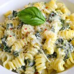 - 8 ounces pasta (fusilli or penne) - 1 cup frozen spinach, thawed and drained - 1 cup canned artichoke hearts, drained and chopped - 1 cup heavy cream (or coconut cream for a dairy-free option) - 1 cup grated Parmesan cheese (or nutritional yeast for a vegan option) - 2 cloves garlic, minced - 1 teaspoon onion powder - ½ teaspoon red pepper flakes (adjust to taste) - Salt and pepper to taste - 2 tablespoons olive oil - Fresh basil leaves for garnish These ingredients come together to create a rich and creamy sauce. You can choose between fusilli or penne pasta, both of which hold sauce well. I suggest using frozen spinach and canned artichoke hearts for convenience. They are easy to find and save prep time. The heavy cream adds a nice richness, but coconut cream works too if you want a dairy-free option. For a cheesy flavor, grated Parmesan cheese is a great choice. If you are vegan, nutritional yeast gives a similar taste without dairy. Aromatics like minced garlic and onion powder provide depth to the dish. Red pepper flakes add a hint of heat, while salt and pepper enhance all the flavors. Don’t forget the olive oil! It helps to sauté the garlic and adds flavor. Finally, fresh basil leaves make a lovely garnish. They add color and a fresh taste that brightens the dish. These ingredients create a meal that is both comforting and delicious. {{ingredient_image_1}} To start, boil a large pot of salted water. Add your pasta, fusilli or penne, and cook it for about 8 to 10 minutes. You want the pasta to be al dente. This means it should be firm but not hard when you bite into it. To check for doneness, taste a piece before draining. Once it’s done, drain the pasta in a colander. Do not rinse it. Rinsing removes the starch, which helps the sauce stick. Next, heat olive oil in a large skillet over medium heat. Add minced garlic to the pan and sauté for 1 to 2 minutes. You want the garlic to smell great but not turn brown. Burnt garlic tastes bitter, so keep an eye on it. Stir it often to get even cooking. After the garlic is ready, lower the heat. Add the thawed and drained spinach along with the chopped artichokes to the pan. Stir everything together and let it heat up. Then, pour in the heavy cream. This is where the magic happens! Let it simmer for about 5 minutes. Stir occasionally so it thickens but does not stick to the pan. Now, it’s time to mix in the cooked pasta. Add the pasta to the skillet and toss it well with the sauce. This ensures every piece is coated evenly. Gradually add the grated Parmesan cheese. Stir until the cheese melts completely into the sauce. The creamy texture should be smooth and rich. Taste your pasta once it's all combined. If it needs more flavor, add salt, pepper, or red pepper flakes. This is your chance to make it just right for your taste. Adjusting seasonings helps balance the creamy sauce and the veggies. For a lovely presentation, divide the pasta into bowls. Garnish each bowl with fresh basil leaves. You can also sprinkle more Parmesan cheese on top if you like. This adds a nice touch and enhances the flavor. Enjoy your creamy spinach artichoke pasta while it's warm! To make your creamy spinach artichoke pasta pop, consider adding a few extra spices. A pinch of nutmeg adds warmth and depth. You can also use a dash of lemon zest for brightness. If you love heat, try adding more red pepper flakes or even crushed red pepper. For added creaminess, swap the heavy cream for coconut cream. It gives a unique flavor and works well for those who avoid dairy. You can also stir in some cream cheese for a richer taste. Cooking the pasta just right is key. Aim for al dente, which means it should have a slight bite. This keeps the pasta from getting mushy when mixed with the creamy sauce. To check, taste a piece shortly before the cooking time ends. If you like a thicker sauce, let it simmer a bit longer. You can also add a bit more cheese or a spoon of flour to help thicken it. Just stir well to avoid lumps and keep the sauce smooth. To save time, gather all your ingredients before you start cooking. This makes the process easier and faster. You can also chop the spinach and artichokes ahead of time. Consider a one-pot method for an even quicker meal. Cook the pasta directly in the sauce. Just add extra water to the mix and let it cook together. This way, you only have one pot to clean! Pro Tips Use Fresh Ingredients: Whenever possible, opt for fresh spinach and artichokes instead of frozen or canned varieties for a brighter flavor and better texture. Adjust Creaminess: For a lighter version, substitute half of the heavy cream with vegetable broth. This will keep the dish creamy while reducing calories. Perfect Pasta Cooking: Always cook your pasta al dente, as it will continue to cook slightly when mixed with the sauce, ensuring it doesn’t become mushy. Flavor Boost: For an extra burst of flavor, add a splash of lemon juice or zest right before serving to brighten the dish. {{image_2}} You can change this dish to fit your diet easily. For a dairy-free option, use coconut cream instead of heavy cream. It gives a nice, rich flavor. You can also make it vegan! Swap Parmesan cheese for nutritional yeast. This adds a cheesy taste without any dairy. Feel free to swap out ingredients based on what you have. Fresh spinach works great instead of frozen. Just chop it up and add it in. You can also mix in other vegetables. Try bell peppers, mushrooms, or zucchini for extra flavor and nutrition. Want to add some protein? Chicken or shrimp works well in this dish. Cook them before adding the sauce. For cheese lovers, try different cheese options. You can use mozzarella or feta for new tastes. These changes keep the dish fresh and exciting every time you make it! Store the leftover creamy spinach artichoke pasta in an airtight container. This keeps it fresh for later. Make sure it cools to room temperature before sealing. A glass or plastic container works well. Label the container with the date for easy tracking. To freeze creamy pasta, let it cool completely first. Place it in a freezer-safe container or bag. Remove as much air as you can to prevent freezer burn. For best results, use it within three months. When ready to eat, thaw it overnight in the fridge. Reheat on the stove or in the microwave until hot. In the fridge, your creamy spinach artichoke pasta lasts about three to four days. If frozen, it can stay good for up to three months. Always check for any off smells or changes in texture before eating. Creamy spinach artichoke pasta lasts about 3 to 5 days in the fridge. Make sure to store it in an airtight container. This keeps the pasta fresh and prevents it from drying out. If you notice any strange smells or colors, it's best to toss it out. Yes, you can prep this dish ahead of time. Cook the pasta and store it separately from the sauce. This helps keep the pasta from getting soggy. When you're ready to eat, just heat the sauce and mix it with the pasta. This keeps flavors fresh and tasty. Fusilli or penne works great for this creamy dish. Both shapes hold the sauce well. You can also use other short pasta like rotini or shells. The key is to choose pasta that can catch the creamy sauce. Yes, this dish can be frozen, but the texture may change. To freeze, let it cool completely. Place it in a freezer-safe container. When ready to eat, thaw it in the fridge overnight. Reheat on the stove with a splash of cream to restore creaminess. In this article, we explored creamy spinach artichoke pasta. We discussed the main ingredients, step-by-step cooking instructions, and helpful tips. You learned how to enhance flavors and incorporate dietary variations. This dish is flexible, allowing for personal touches to match your taste. Follow the storage tips to keep your pasta fresh. Enjoy experimenting with different ingredients and methods, and make this dish your own.