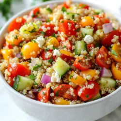 - 1 cup quinoa, rinsed - 2 large red bell peppers - 1 cup cherry tomatoes, halved - 1 cup cucumber, diced For the core of this salad, quinoa is the star. It is packed with protein and fills you up. Rinsing the quinoa helps remove its bitter taste. Red bell peppers add sweetness and color. Roasting them brings out their natural flavors. Cherry tomatoes give a juicy burst, while cucumber adds a fresh crunch. - 1/4 cup feta cheese, crumbled - Fresh parsley, chopped If you want extra flavor, add feta cheese. It gives a creamy touch. Fresh parsley brightens the dish and makes it look pretty. Don’t worry if you skip these; the salad is still great! - 2 tablespoons olive oil - 2 tablespoons lemon juice - 1 teaspoon garlic powder - Salt and pepper to taste The dressing is simple but full of flavor. Olive oil adds richness, while lemon juice brings brightness. Garlic powder gives depth without being too strong. Season with salt and pepper to make everything pop. This dressing ties all the ingredients together perfectly. {{ingredient_image_1}} - Preheating the oven: Start by setting your oven to 400°F (200°C). This heat will help char the peppers well. - Roasting technique and time: Cut the red bell peppers in half. Remove the seeds, then place them cut side down on a baking sheet. Roast them for 20 to 25 minutes. Look for charred skins. Once done, cover them with foil for 10 minutes. This helps loosen the skins. After they cool, peel off the skins and chop the peppers into bite-sized pieces. - Boiling vegetable broth: While the peppers roast, grab a saucepan. Pour in 2 cups of vegetable broth and bring it to a boil. This broth adds flavor to the quinoa. - Simmering instructions: After the broth boils, stir in 1 cup of rinsed quinoa. Lower the heat to low and cover the saucepan. Let it simmer for about 15 minutes. When done, the quinoa should be fluffy, and all the liquid will be absorbed. Remove from heat and let it cool before mixing. - Mixing salad components: In a large mixing bowl, combine the cooked quinoa, chopped roasted red peppers, 1 cup of halved cherry tomatoes, 1/4 cup of finely chopped red onion, and 1 cup of diced cucumber. Stir gently to mix all the ingredients. - Adding dressing: In a small bowl, whisk together 2 tablespoons of olive oil, 2 tablespoons of lemon juice, 1 teaspoon of garlic powder, salt, and pepper. Pour this dressing over your salad. Toss everything well so it’s coated evenly. If you want, add 1/4 cup of crumbled feta cheese for extra flavor. Finally, garnish with fresh chopped parsley before serving. - Rinsing quinoa helps remove its bitter taste. - To roast peppers, cut them in half. Place them cut side down on a baking sheet. Roast at 400°F for 20-25 minutes. The skins should char. Cover them with foil for 10 minutes afterward to steam. This step makes peeling easier. - For chopping vegetables, use a sharp knife. Dice quickly and safely by keeping fingers tucked away. - Store leftover roasted peppers in an airtight container. They can last in the fridge for up to a week. - Garnish the salad with fresh parsley. It adds a pop of color and taste. - Serve the salad in a large bowl for sharing. Use smaller bowls for individual servings. This makes it easy for guests to enjoy. Pro Tips Use Fresh Ingredients: The quality of the vegetables and herbs can greatly impact the flavor of your salad, so opt for fresh, in-season produce whenever possible. Customize Your Dressing: Feel free to adjust the dressing ingredients to suit your taste. Adding herbs like basil or oregano can enhance the flavor profile. Chill Before Serving: Allow the salad to chill in the refrigerator for at least 30 minutes before serving. This helps the flavors meld together beautifully. Make It a Meal: To turn this salad into a heartier dish, consider adding protein such as grilled chicken, chickpeas, or black beans. {{image_2}} You can easily boost the protein in your salad. Try adding grilled chicken for a heartier dish. If you prefer a plant-based option, tofu works great too. Just grill or sauté it with your favorite spices. Another good choice is chickpeas. They add great texture and protein without meat. This makes it a perfect vegan meal. You can change the flavor of your salad with different veggies. Try adding roasted zucchini or spinach for more color and taste. You can also switch up the dressing. A balsamic vinaigrette adds a nice tang. Or, try a yogurt-based dressing for creaminess. These tweaks can really make the salad your own. Quinoa is great, but you can use other grains too. Bulgur or farro can replace quinoa if you want. Both will add a nutty flavor. If you need a gluten-free option, try brown rice or millet. These grains will still give you a filling and tasty salad. To store leftovers, let the salad cool to room temperature. Place it in an airtight container. This keeps the flavors fresh. It can stay in the fridge for up to three days. If you notice any excess liquid, drain it before serving. This keeps the salad from becoming soggy. For busy weeks, prepare this salad ahead of time. Cook the quinoa and roast the peppers on the weekend. Chop the veggies and store them in separate containers. This makes it easy to mix everything when you are ready to eat. Use glass containers for storage. They keep food fresh and allow you to see what’s inside. You can freeze this salad for longer storage. But, it's best to freeze only the quinoa and peppers. Avoid freezing the fresh veggies and dressing. To do this, store the quinoa and peppers in a freezer-safe container. They can last for up to two months. To reheat, defrost the quinoa and roasted peppers in the fridge overnight. Warm them in a saucepan before mixing with fresh ingredients. Add the cherry tomatoes, cucumber, and dressing right before you serve. This keeps the salad crisp and tasty. To reduce the bitter taste of quinoa, rinse it well. Place the quinoa in a fine mesh strainer. Under running water, scrub the grains gently. Rinsing removes saponins, which cause bitterness. This step is key for a tastier salad. Make it a habit to rinse before cooking. Yes, you can use canned roasted peppers. They save time and effort. Canned peppers are soft and ready to use. However, they may lack the fresh flavor of roasted peppers. If you want a smoky taste, fresh is best. Canned options are still a great choice in a pinch. This salad pairs well with many dishes. Try grilled chicken for protein. Fish or shrimp also work great. Serve it as a side to a hearty soup. You can even enjoy it on its own for a light meal. The options are endless and delicious. This article covered key ingredients and steps for making a delicious roasted red pepper quinoa salad. We discussed essential and optional ingredients, as well as how to create a tasty dressing. I shared tips for cooking and preparing, along with variations to keep things exciting. By following these steps, you can make a flavorful meal that is healthy and satisfying. Enjoy trying different ingredients to suit your taste! This salad is versatile, and I hope it brings joy to your table.