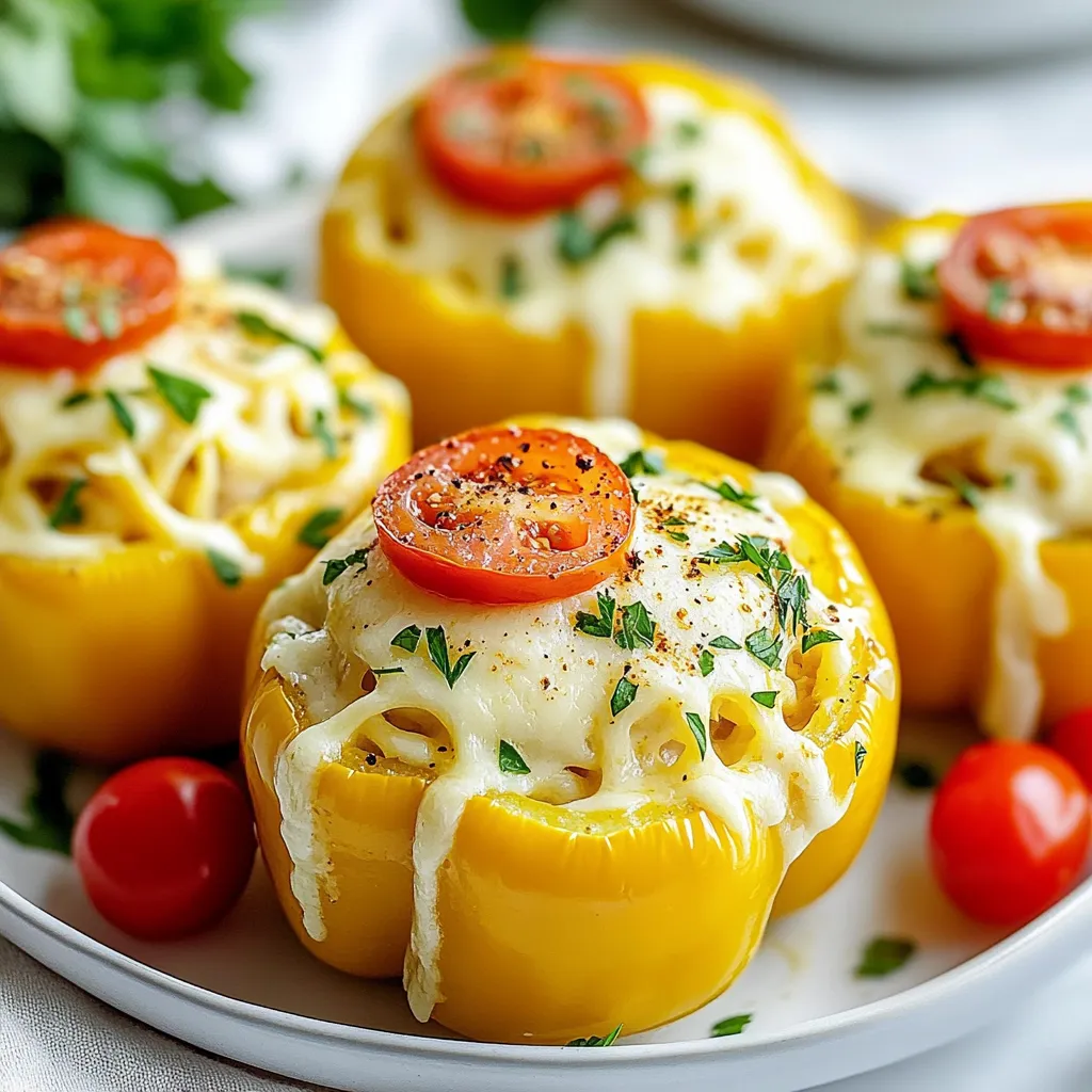 - 4 large bell peppers (any color) - 2 cups cooked chicken, shredded - 1 cup fettuccine pasta, cooked and drained - 1 cup creamy Alfredo sauce - 1 tablespoon Cajun seasoning - 1 teaspoon garlic powder - 1/2 teaspoon black pepper - 1 cup shredded mozzarella cheese - 1/2 cup cherry tomatoes, halved - 1 tablespoon olive oil - Fresh parsley for garnish To make Cajun Chicken Alfredo Stuffed Peppers, you need some simple tools: - A baking dish - A mixing bowl - A spoon for mixing - A knife for slicing - An oven You can switch up the recipe with these fun options: - Add diced onions for crunch. - Use cooked shrimp instead of chicken. - Swap mozzarella for cheddar cheese. - Mix in spinach for extra greens. - Try different peppers like jalapeños for spice. Feel free to get creative! Each option can change the taste and make it your own. {{ingredient_image_1}} Start by preheating your oven to 375°F (190°C). This step warms up the oven for baking. Next, take four large bell peppers. You can choose any color you like. Slice off the tops and scoop out the seeds and membranes. This makes room for the filling. Place the peppers upright in a baking dish. This way, they hold the filling well. In a large mixing bowl, combine the shredded chicken, cooked fettuccine, and creamy Alfredo sauce. This is where the magic begins! Add the Cajun seasoning, garlic powder, and black pepper. These spices add flavor and warmth. Mix everything well until it's combined. Now, fold in the halved cherry tomatoes. They bring freshness and color to the dish. Using a spoon, fill each bell pepper with the chicken Alfredo mixture. Make sure to pack it in well. After filling, sprinkle shredded mozzarella cheese on top. This will melt and create a tasty layer. Drizzle olive oil over the stuffed peppers. This helps prevent them from drying out. Cover the baking dish with aluminum foil and bake for 25 minutes. After that, remove the foil and bake for another 10-15 minutes. This allows the cheese to bubble and turn golden brown. Once cooked, take them out and let them cool a bit. Garnish with fresh parsley for a nice touch. Now, they are ready to serve! Cook fettuccine in a big pot of boiling water. Add salt to the water for flavor. Stir the pasta often while it cooks. This keeps it from sticking together. Cook the pasta until it is al dente, or firm to the bite. This will help it hold up in the stuffed peppers. Drain the pasta well and rinse it with cold water. This stops the cooking process and keeps it from getting mushy. When choosing bell peppers, look for ones that are firm and shiny. Pick peppers that have bright colors and smooth skin. Avoid any with bruises, soft spots, or wrinkles. The size of the peppers matters too. Large peppers work best, as they hold more filling. You can choose any color you like: green, red, yellow, or orange. Each color has a slightly different taste, so pick your favorite! To make your dish pop, add some extra spices. A dash of cayenne pepper can bring heat. If you like more garlic, add fresh minced garlic or garlic powder. You can also use fresh herbs like basil or thyme for a fresh touch. A squeeze of lemon juice can brighten the flavors too. Just remember to taste as you go! This way, you can adjust the seasonings to suit your taste perfectly. Pro Tips Choose Vibrant Peppers: Select bell peppers in various colors (red, yellow, green) for a visually appealing dish that also adds a slight variation in taste. Make It Spicy: If you enjoy heat, consider adding diced jalapeños or a dash of hot sauce to the chicken Alfredo mixture for an extra kick. Use Leftover Chicken: This recipe is perfect for using up leftover rotisserie chicken or any cooked chicken to save time and reduce waste. Customize the Filling: Feel free to add other vegetables like spinach or zucchini to the filling for added nutrition and flavor. {{image_2}} You can make a great vegetarian version of this dish. Start with the same bell peppers and Alfredo sauce. Swap the chicken for cooked mushrooms or lentils. Use your favorite veggies like spinach, zucchini, or bell peppers. Add Cajun seasoning for that bold flavor. This keeps the dish hearty and filling while making it meat-free. Want a kick? Make your stuffed peppers spicy. Add extra Cajun seasoning to the chicken and Alfredo mix. You can also add diced jalapeños or crushed red pepper flakes. This will bring the heat you crave. The spicy flavors pair well with the creamy sauce. For a low-carb option, use zucchini instead of bell peppers. Cut zucchini in half and scoop out some flesh. Fill them with the Cajun chicken Alfredo mix as you would with peppers. Bake them the same way, and you get a tasty dish. This version cuts the carbs while keeping the flavors rich and satisfying. After enjoying your Cajun chicken Alfredo stuffed peppers, you may have some leftovers. To store them, let the peppers cool to room temperature. Place them in an airtight container. This helps keep them fresh. Store the container in the fridge for up to three days. If you want to save them for later, freezing is a great option. Wrap each stuffed pepper in plastic wrap or aluminum foil. Place them in a freezer-safe bag. They can last up to three months in the freezer. When ready to eat, thaw them in the fridge overnight. Reheat in the oven at 350°F (175°C) for about 20-25 minutes. This warms them through and makes the cheese melty again. To keep your stuffed peppers fresh, avoid adding toppings like fresh parsley before storing. Add those just before serving. If you notice any moisture in the container, dry it out with a paper towel. This prevents sogginess. Enjoy your delicious meal again without losing flavor or texture! Yes, you can use different types of cheese. Cheddar or pepper jack work great too. Each cheese adds its own flavor. Mozzarella melts well, but feel free to mix it up. Just choose cheeses you enjoy. Experimenting can lead to fun new tastes. To make this dish gluten-free, swap the fettuccine for gluten-free pasta. There are many good options available. You can also check the Alfredo sauce for gluten. Many brands offer gluten-free choices. This way, everyone can enjoy the meal. I love serving these stuffed peppers with a fresh green salad. A light salad balances the rich flavors. You can also pair them with garlic bread for a filling meal. For drinks, iced tea or lemonade makes a nice touch. Enjoy mixing and matching to make your meal special. This post covers easy steps to make Cajun Chicken Alfredo Stuffed Peppers. We discussed needed ingredients, tools, and how to prep bell peppers. You learned how to make this dish your own with optional ingredients. I shared tips for perfect fettuccine and selecting the best peppers. We even covered tasty variations and how to store leftovers. Cooking can be fun and rewarding. Try these ideas and enjoy your meal!