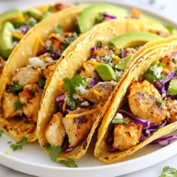 - 2 chicken breasts, diced - 1 cup coconut milk - 2 tablespoons fresh lime juice - Zest of 1 lime - 2 cloves garlic, minced - 1 teaspoon ground cumin - 1 teaspoon chili powder - Salt and pepper to taste - 8 small corn tortillas - 1 cup shredded red cabbage - 1 avocado, sliced - Fresh cilantro, for garnish You need simple, fresh ingredients for these tacos. The chicken breasts offer great protein. Coconut milk gives a creamy, tropical taste. Lime juice adds a zesty kick. Garlic brings in flavor depth. Spices like cumin and chili powder give warmth. Salt and pepper enhance all these tastes. Corn tortillas hold everything together. Shredded red cabbage adds crunch and color. Slices of avocado bring creaminess. Fresh cilantro is the final touch for brightness. Each serving has about 400 calories. It offers a good mix of protein, fats, and carbs. You get around 30 grams of protein, 20 grams of fat, and 30 grams of carbs. Key ingredients have health benefits. Chicken is lean and builds muscle. Coconut milk has healthy fats for energy. Lime juice is full of Vitamin C. Red cabbage is rich in antioxidants. Avocado gives fiber and heart-healthy fats. Eating these tacos supports a balanced diet and keeps you satisfied. {{ingredient_image_1}} To start, grab a medium bowl. Combine these ingredients: - 2 diced chicken breasts - 1 cup of coconut milk - 2 tablespoons of fresh lime juice - Zest of 1 lime - 2 minced garlic cloves - 1 teaspoon of ground cumin - 1 teaspoon of chili powder - Salt and pepper to taste Mix well to coat the chicken fully. Cover the bowl with plastic wrap. Let the chicken marinate in the fridge. I recommend at least 30 minutes. For more flavor, you can marinate for up to 2 hours. Now, heat a large skillet over medium heat. Add the marinated chicken along with the marinade. Cook for about 7-10 minutes. Stir occasionally. You know the chicken is done when it is no longer pink inside and the sauce has thickened. While the chicken cooks, warm the corn tortillas in a separate skillet. Heat them until they are soft and pliable. To assemble the tacos, take a warm tortilla. Add a few pieces of the coconut lime chicken on it. Next, top with a handful of shredded red cabbage and slices of avocado. Finally, garnish with fresh cilantro. Enjoy your tasty tacos! To make these tacos pop, you can add spices like smoked paprika or cayenne pepper. These spices bring a lovely warmth to the dish. Fresh herbs like mint or basil can also boost the flavor. Marinating the chicken longer enhances the taste. Aim for at least 1 hour, but 2 hours gives the best results. To prevent overcooking the chicken, use a meat thermometer. Cook the chicken until it reaches 165°F. This helps keep the chicken juicy and tender. For the sauce, let it simmer until it thickens slightly. It should coat the chicken but not be too watery. These tacos pair well with sides like cilantro-lime rice or black beans. Both sides add great flavor and texture. For drinks, try a light beer or a refreshing limeade. These options will balance the coconut and lime flavors nicely. Pro Tips Marinate Longer for More Flavor: If time allows, marinate the chicken for up to 2 hours. This enhances the flavor and tenderness, making your tacos even more delicious. Use Fresh Ingredients: Fresh lime juice and zest will make a significant difference in the taste of the marinade. Opt for fresh ingredients whenever possible for the best results. Keep Tortillas Warm: To prevent your tortillas from tearing, keep them wrapped in a clean kitchen towel while you prepare the rest of the meal. This keeps them warm and pliable. Garnish for Extra Flavor: Don't skip the fresh cilantro! It adds a burst of freshness that complements the coconut and lime beautifully. Consider adding a squeeze of fresh lime juice on top for added zing. {{image_2}} You can switch the chicken for shrimp or tofu. Both options work well with the coconut lime flavor. For toppings, consider adding cheese or a fresh salsa. Cheese adds creaminess, while salsa brings a zesty kick. If you need gluten-free options, use corn tortillas instead of flour. If you're vegan, try using plant-based chicken or chickpeas. Both will soak up the tasty coconut lime marinade. Want more heat? Add jalapeños or your favorite hot sauce. This gives the tacos a spicy twist. If you like sweet flavors, mix in some pineapple or mango. These fruits will enhance the tropical vibe of your dish. To keep your Coconut Lime Chicken Tacos fresh, store them in an airtight container. Place the tacos in the fridge within two hours of serving. This helps keep the chicken and toppings safe. The tacos will last for about three days in the fridge. If you want them to taste great, eat them within that time. Yes, you can freeze the prepared chicken! To do this, let it cool first. Then, place the chicken in a freezer-safe bag. Squeeze out as much air as possible before sealing. The chicken can be frozen for up to three months. When ready to eat, thaw it overnight in the fridge. Reheat the chicken in a skillet over medium heat until hot. You can get creative with leftovers! If you have extra shredded cabbage, use it in a salad or stir-fry. You can also throw it into a wrap with other veggies. For leftover avocado, make guacamole or add it to a smoothie. These ideas help cut waste and keep meals exciting! Yes, you can prepare many parts in advance. Start by marinating the chicken. Mix the diced chicken with coconut milk, lime juice, lime zest, garlic, cumin, chili powder, salt, and pepper. Let it marinate for 30 minutes or up to 2 hours. You can also warm the tortillas ahead of time and store them in a towel to keep them warm. When you are ready to eat, just cook the marinated chicken and assemble your tacos. These tacos pair well with several sides. Consider serving them with: - Mexican rice - Black beans - Grilled corn - Fresh salsa - A light salad For drinks, try margaritas, limeade, or a cold beer. These will complement the flavors of the tacos nicely. If you like more heat, add jalapeños or hot sauce to the chicken mix. For less spice, cut back on the chili powder. You can also use mild spices like paprika. Adjust according to your taste for a perfect balance. In this post, we explored how to make Coconut Lime Chicken Tacos. We covered ingredients, cooking steps, and tips for enhancing flavor. Together, we looked at storage info, variations, and answers to common questions. Now, you can confidently create tasty tacos that fit your style. Don't be afraid to experiment with flavors and toppings. Enjoy your cooking journey!