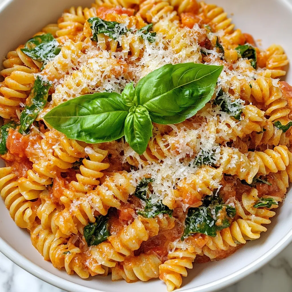 To make creamy tomato spinach pasta, gather these items: - 8 oz (225g) pasta of your choice (penne or fusilli work well) - 1 tablespoon olive oil - 3 cloves garlic, minced - 1 can (14 oz) crushed tomatoes - 1 cup heavy cream - 2 cups fresh spinach - 1 teaspoon dried basil - 1 teaspoon dried oregano - Salt and pepper to taste - Β½ cup Parmesan cheese, grated - Fresh basil leaves for garnish These ingredients combine to create a rich and tasty dish. Each one plays a key role in building flavors. I recommend using penne or fusilli for this recipe. These shapes hold sauce well. Penne has a tube shape that lets the sauce cling inside. Fusilli has twists that catch every bite of creamy goodness. You can choose other shapes too, like farfalle or rotini. Just make sure they are sturdy enough to hold the sauce. Garnishes add a nice touch to your plate. I suggest using fresh basil leaves as a bright finish. You can also sprinkle extra Parmesan cheese on top. This adds more flavor and makes the dish look beautiful. A drizzle of olive oil can add richness too. Feel free to get creative with your garnishes! {{ingredient_image_1}} First, bring a large pot of salted water to a boil. Add 8 ounces of pasta. You can use penne or fusilli. Cook according to the package instructions until it is al dente. This usually takes about 8 to 10 minutes. Once done, reserve Β½ cup of pasta water. Then, drain the pasta and set it aside. Next, grab a large skillet. Heat 1 tablespoon of olive oil over medium heat. Add 3 minced garlic cloves. SautΓ© for about 1 to 2 minutes. You want the garlic fragrant but not browned. This step adds great flavor to the dish. Now, pour in a 14-ounce can of crushed tomatoes. Stir in 1 teaspoon of dried basil and 1 teaspoon of dried oregano. Season this with salt and pepper to taste. Bring the mixture to a gentle simmer. Let it cook for about 5 minutes until it thickens a bit. Once the tomato mixture is ready, reduce the heat to low. Slowly stir in 1 cup of heavy cream. Mix until it is fully combined. Let this simmer for 3 to 4 minutes, stirring occasionally. Then, fold in 2 cups of fresh spinach. Cook until the spinach wilts, which takes about 2 minutes. Itβs time to combine! Add the drained pasta to the sauce in the skillet. Toss it well to coat the pasta. If the sauce seems too thick, add some of the reserved pasta water until you get the right consistency. This helps the sauce cling to the pasta perfectly. Finally, divide the creamy pasta into bowls. For an extra touch, garnish with fresh basil leaves. You can also sprinkle some grated Parmesan cheese on top. Serve hot and enjoy this delicious meal with your family or friends. To make your sauce creamy, use heavy cream. It adds richness and smoothness. Stir the cream in slowly over low heat. This helps it blend well with the tomatoes. You can also add more cheese for extra creaminess. Grated Parmesan melts easily and enhances the flavor. If the sauce feels thick, add some reserved pasta water. This keeps it light and silky. Start with a large pot and plenty of water. Salt the water before boiling. This adds flavor to the pasta. Cook the pasta until it is al dente. This means it should be firm but not hard. Reserve half a cup of pasta water before draining. This water is great for adjusting the sauce later. After cooking, do not rinse the pasta. Rinsing removes the starch that helps the sauce stick. Store any leftover creamy tomato spinach pasta in an airtight container. It keeps well in the fridge for three to four days. When reheating, add a splash of cream or water. This helps restore the creamy texture. You can also heat it on the stove over low heat. Stir often to prevent sticking. If you want to keep it longer, freeze it for up to two months. Just remember to thaw it in the fridge before reheating. Pro Tips Perfect Pasta: Always cook your pasta al dente, as it will continue to cook slightly when mixed with the sauce. Fresh Spinach: For the best flavor and texture, use fresh spinach instead of frozen. It wilts beautifully and enhances the dish. Cheese Selection: Try using freshly grated Parmesan for a richer flavor. Pre-grated cheese can sometimes be less flavorful. Adjusting Consistency: If your sauce is too thick, gradually add reserved pasta water until you achieve the desired creaminess. {{image_2}} You can easily make this dish vegetarian. Just skip the meat and enjoy the creamy sauce with pasta and veggies. Add mushrooms, bell peppers, or zucchini for more flavor. These options will keep your meal fresh and exciting. You can also toss in some cherry tomatoes for a pop of color and taste. Want to add some protein? You can include grilled chicken or shrimp. Cook them separately, then mix them into the sauce before adding pasta. If you prefer plant-based options, try chickpeas or lentils. They will make the dish filling while keeping it healthy. Feel free to switch up the sauce! For a lighter version, use a tomato basil sauce instead of creamy. You can make a pesto sauce if you're craving something green and herbaceous. Blend fresh basil, garlic, nuts, and olive oil for a vibrant twist. This adds a new layer of flavor to your pasta. Store leftover creamy tomato spinach pasta in an airtight container. Make sure it cools first. Place it in the fridge if you plan to eat it within three days. If you want to keep it longer, consider freezing it. To reheat, use the stove or microwave. If using the stove, add a splash of water or cream to keep it creamy. Heat on low and stir often. In the microwave, use a microwave-safe dish and cover it. Heat for one minute, stir, and check if it's warm enough. Repeat as needed. For freezing, portion the pasta into small containers. Make sure they are freezer-safe. Label them with the date. It can last up to three months in the freezer. To reheat, thaw it overnight in the fridge before warming it on the stove. This keeps the texture nice. You can use half and half or whole milk. These options will make a lighter sauce. You can also try coconut cream for a dairy-free alternative. It adds a nice flavor too. Just remember, the sauce may be less thick. Yes, frozen spinach works well in this recipe. Be sure to thaw it first and squeeze out extra water. This helps keep your sauce from getting too watery. Just add it at the same time as fresh spinach. To make this dish vegan, swap heavy cream for coconut cream or cashew cream. Use nutritional yeast instead of Parmesan cheese for a cheesy flavor. Finally, ensure your pasta is egg-free to keep it vegan. This pasta lasts about 3 to 5 days in the fridge. Store it in an airtight container to keep it fresh. Reheat it gently on the stove or in the microwave. Absolutely! You can add bell peppers, zucchini, or mushrooms. Just sautΓ© them with the garlic. Adding extra veggies boosts flavor and nutrition. Get creative with what you have on hand! In this post, we explored how to make creamy tomato spinach pasta. We covered key ingredients, cooking steps, and tips for the best sauce. Remember to try different pasta types and garnishes to suit your taste. Use the storage tips to keep leftovers fresh. You can also add proteins or veggies for more variety. Enjoy making this dish with your own twist! Get creative and impress your family with delicious meals!