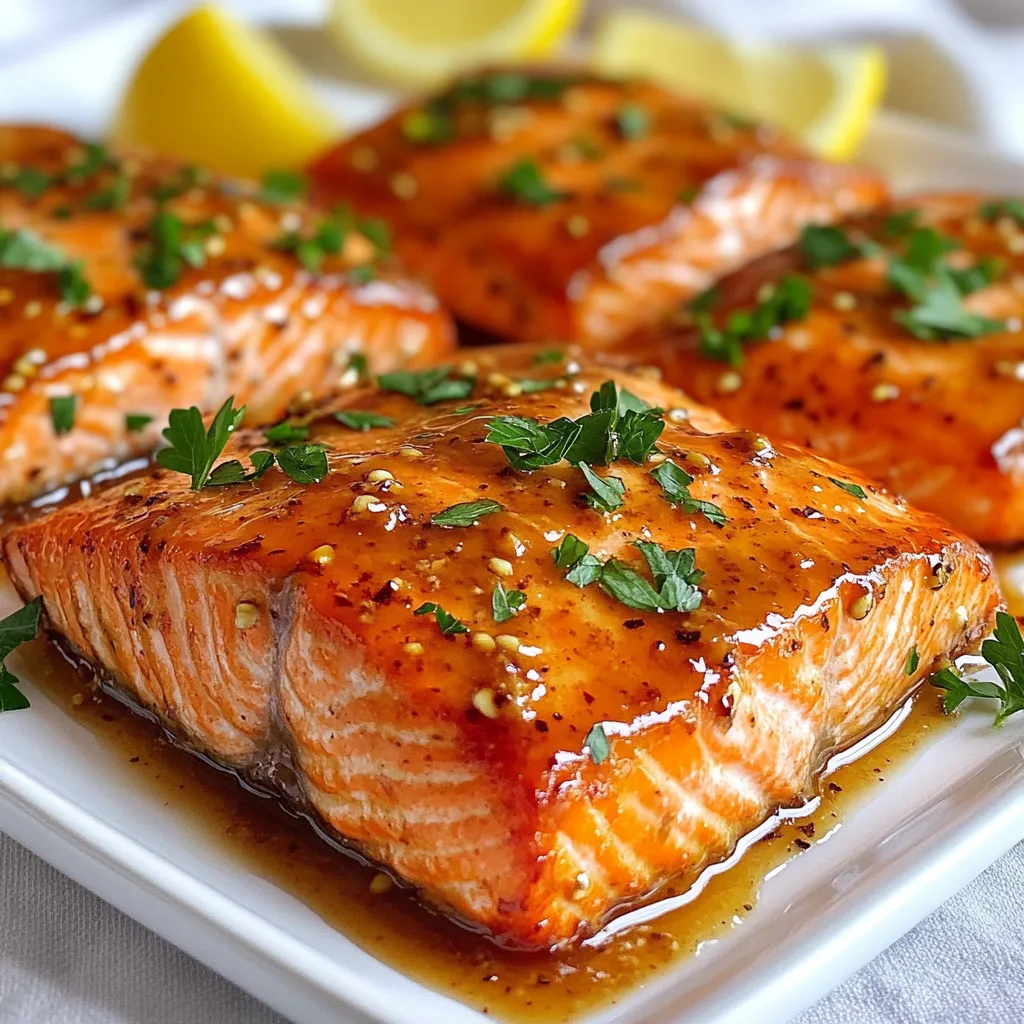 - 4 salmon fillets (about 6 oz each) - 1/4 cup pure maple syrup - 2 tablespoons Dijon mustard - 2 tablespoons soy sauce (or tamari for gluten-free) - 1 tablespoon olive oil - 2 cloves garlic, minced - Salt and black pepper to taste - Fresh parsley or chives - Lemon wedges The main ingredients make this dish shine. Salmon fillets bring a rich flavor and healthy fats. Pure maple syrup adds sweetness that balances the tangy Dijon mustard. Soy sauce gives depth and umami to the glaze. For the additional ingredients, use olive oil to help the glaze stick to the salmon. Minced garlic adds a nice kick. Make sure to season with salt and black pepper to enhance all the flavors. When it comes to garnishing, fresh parsley or chives add a pop of color and freshness. Lemon wedges serve as a bright contrast to the glaze. Trust me, these ingredients come together to create something special. {{ingredient_image_1}} To make the glaze, take a small bowl. Add the maple syrup, Dijon mustard, soy sauce, olive oil, and minced garlic. Use a whisk to mix them well. This helps blend all the flavors. Aim for a smooth texture. If the glaze is too thick, add a tiny bit of water to thin it. First, preheat your oven to 400°F (200°C). This step is key for even cooking. Next, take a baking sheet and line it with parchment paper. You can also lightly grease it with oil. Now, season your salmon fillets with salt and black pepper on both sides. Place them skin-side down on the baking sheet. This helps keep the fish moist while baking. Bake the salmon for about 12-15 minutes. The fish should be cooked through and flake easily with a fork. Halfway through cooking, take the remaining glaze and brush it on the salmon. This adds extra flavor and keeps it moist. Once done, let the salmon rest for a couple of minutes. Drizzle any leftover glaze over the top for a tasty finish. When picking salmon, fresh is often best. Fresh salmon has a bright color and smells clean. You can also use frozen salmon. It can be just as good if stored well. Look for wild-caught if you can. It usually has better flavor and texture. The glaze is the star of this dish. You can change it up by adding spices. Try a touch of cayenne for heat or some herbs for freshness. If you want it sweeter, add more maple syrup. For extra tang, add more Dijon mustard. Taste as you go to find what you love. To check if your salmon is done, use a fork. Gently poke it. If it flakes easily, it's ready. If not, give it a few more minutes. Seasoning should match your taste. If you like bold flavors, add more salt or pepper. Adjust to make it your own. Pro Tips Choose Fresh Salmon: Fresh salmon will have a vibrant color and a mild smell. This ensures the best flavor and texture for your dish. Marinate for Extra Flavor: If time allows, let the salmon marinate in the glaze for 30 minutes to an hour before baking for a deeper flavor. Check for Doneness: Salmon is perfectly cooked when it reaches an internal temperature of 145°F (63°C) and flakes easily with a fork. Garnish Creatively: Fresh herbs not only add color but also enhance the dish's flavor; consider using dill or basil as alternatives to parsley or chives. {{image_2}} You can use other fish if you want to switch things up. - Trout: This fish cooks fast, about 10-12 minutes. - Cod: A mild fish that takes about 15-18 minutes to bake. - Halibut: A firm fish that needs around 15-20 minutes. Each fish has its own taste, but the maple Dijon glaze works well with all. To make the glaze even better, try adding spices. - Paprika: Adds a sweet and smoky flavor. - Cayenne pepper: Gives a little heat. - Black pepper: For a bit more kick. You can also use fresh herbs to garnish. - Dill: Adds a fresh taste. - Thyme: Offers a nice earthy flavor. - Chives: Brings a mild onion taste. Pair your glazed salmon with tasty side dishes. - Rice: White, brown, or jasmine rice works well. - Veggies: Roasted broccoli or green beans add color. - Potatoes: Mashed or roasted potatoes are great too. For a lovely meal presentation, serve the salmon on a nice plate. Drizzle extra glaze on top and sprinkle with fresh herbs. Add lemon wedges on the side for a bright touch. To keep your Maple Dijon Glazed Salmon fresh, store it in the fridge. Place the salmon in an airtight container. Make sure to seal it well. This helps prevent odors from other foods. The salmon will stay good for about 3 days. Remember to cool it down before sealing. If you want to keep the salmon longer, freezing is a great option. Wrap each fillet tightly in plastic wrap. Then, place them in a freezer bag. Remove as much air as possible to avoid freezer burn. Salmon can last up to 3 months in the freezer. When ready to use it, move it to the fridge to thaw overnight. When reheating salmon, do it gently to keep it moist. The best method is to use the oven. Preheat your oven to 275°F (135°C). Place the salmon on a baking sheet, cover it with foil, and heat for about 15 minutes. You can also microwave it, but be careful. Use low power and heat it in short bursts. This helps avoid drying out the fish. Enjoy your tasty leftovers! You can tell when salmon is done by looking and touching. The color should change from bright pink to a lighter shade. The fish should flake easily with a fork. If it feels firm yet tender, it is ready. A good rule is to bake it for 12-15 minutes at 400°F (200°C). Yes, you can use honey or agave syrup as sweeteners. Each will give a unique taste. Honey adds a floral note, while agave offers a mild flavor. Adjust the amount to match your taste. Both alternatives will keep the glaze sweet and tasty. You can make this recipe gluten-free easily. Use tamari instead of soy sauce. Tamari is a gluten-free option that works well. Check labels for hidden gluten in other ingredients. Enjoy your meal without worry! In this article, we explored a simple maple Dijon salmon recipe, breaking down key ingredients, preparation steps, and tips. You learned how to create a flavorful glaze, select the best salmon, and even variations for different fish types. Remember to consider storage and reheating methods for leftovers. With the right approach, you can enjoy delicious salmon any day of the week. Happy cooking!