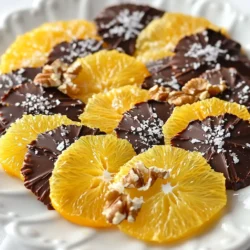 - 2 large oranges - 1 cup dark chocolate chips (or chocolate melts) - 1 tablespoon coconut oil (optional, for a smoother chocolate) - Sea salt (for sprinkling) - Optional toppings: chopped nuts, shredded coconut, or crushed freeze-dried strawberries Fresh oranges give this treat its bright flavor. The juice and zest from fresh oranges enhance the taste. Fresh fruit also adds nice texture. When selecting oranges, look for ones that are firm and heavy. A bright color means they are ripe and sweet. Avoid any that feel soft or have blemishes. You can choose different types of chocolate for your slices. Dark chocolate gives a rich taste. It pairs well with the sweetness of oranges. Milk chocolate is creamier and sweeter, which some may prefer. White chocolate offers a sweet, buttery flavor, but it lacks cocoa. Each type brings its own charm, so pick what you love best! {{ingredient_image_1}} To start, slice the oranges into 1/4-inch thick rounds. Remove any seeds you find. Next, pat the slices dry with a paper towel. This step is key to help the chocolate stick better. Grab a microwave-safe bowl. Add the dark chocolate chips and optional coconut oil. Microwave this mix in 30-second bursts. Stir between each time. Stop when the chocolate is smooth. Be careful not to overheat it. Line a baking sheet with parchment paper. Dip each orange slice into the melted chocolate. Let any extra chocolate drip off. Place the slices on the lined baking sheet. While the chocolate is still wet, sprinkle a pinch of sea salt on each slice. You can also add toppings like chopped nuts or shredded coconut for extra fun. Once all slices are dipped, put the baking sheet in the fridge. Let them chill for about 30 minutes. This helps the chocolate firm up. When set, gently remove the slices from the parchment paper. Enjoy your tasty treats! To get the best dip, the chocolate must be smooth. Use dark chocolate chips for a rich flavor. If you want it creamier, add 1 tablespoon of coconut oil when melting. This helps the chocolate glide over the orange slices. Dip each slice fully but let the excess chocolate drip off. This keeps the slice from being too thick. Chocolate can seize if it gets too hot or meets water. To avoid this, melt the chocolate in short bursts. Use a microwave and heat it for 30 seconds, then stir. Repeat until the chocolate is smooth. Make sure your bowl and utensils are completely dry. Any moisture can cause the chocolate to clump. For a stunning display, arrange your slices on a nice plate. Drizzle leftover melted chocolate over the top for an extra touch. Sprinkle a bit of sea salt for a pop of flavor. You can also add toppings like chopped nuts or shredded coconut. These will make your dish more colorful and fun. Enjoy them as a treat or share them at a party! Pro Tips Use Fresh Oranges: For the best flavor and texture, choose ripe and firm oranges. They should feel heavy for their size and have a vibrant color. Choose Quality Chocolate: Opt for high-quality dark chocolate with a cocoa content of at least 70%. This will enhance the taste and give a richer chocolate experience. Let Chocolate Set Properly: Allow the chocolate to set in the refrigerator for at least 30 minutes. This ensures a firm coating that won't melt easily when handled. Experiment with Toppings: Don’t hesitate to try different toppings like crushed nuts, coconut, or freeze-dried fruit. This adds texture and makes your treats visually appealing. {{image_2}} You can use various types of chocolate for your orange slices. Dark chocolate gives a rich flavor. It pairs well with the sweet and tangy oranges. Milk chocolate offers a creamier taste. This option is great for those who enjoy sweet treats. White chocolate adds a sweet and buttery touch. It looks beautiful on orange slices too. Each type changes the taste, so feel free to experiment. Toppings can take your chocolate-dipped oranges to the next level. Chopped nuts add a nice crunch. Choose almonds, hazelnuts, or pistachios for different flavors. Shredded coconut brings a tropical vibe. It pairs well with both dark and white chocolate. You can also use freeze-dried fruit. Crushed strawberries or raspberries add a pop of color and flavor. Try mixing and matching to find your favorite combo. If you want a healthier treat, consider using yogurt for dipping. Greek yogurt gives a creamy texture and tangy taste. You can flavor it with a bit of honey or vanilla. Vegan chocolate is another great option. It has no dairy and still tastes amazing. Look for brands that use natural sweeteners. These alternatives can make your treat lighter while still being delicious. To keep your chocolate-dipped orange slices fresh, store them in an airtight container. Make sure to layer them with parchment paper. This keeps the chocolate from sticking. Avoid moisture, as it can ruin the texture. Place the container in a cool, dry place. If you live in a warm area, the fridge is a better choice. In the fridge, these treats can last up to a week. After that, the chocolate may lose its shine and flavor. Always check for any signs of spoilage. If they look dry or smell off, it’s best to toss them. Freshness is key to enjoying the full flavor of the orange and chocolate. You can freeze chocolate-dipped orange slices for longer storage. Place them on a baking sheet in a single layer. Freeze them for about an hour until solid. Then, transfer the slices to a freezer-safe bag or container. They can last up to three months in the freezer. When ready to eat, thaw them in the fridge overnight or at room temperature. Enjoy the delightful taste anytime! Yes, you can make these slices ahead of time. After dipping, let them set. Then, store them in the fridge. They will stay fresh for about a week. Just keep them in an airtight container. You can use chocolate melts or even white chocolate. If you want a twist, try carob chips. They melt well and taste sweet, too. Make sure they fit your taste and diet. Yes, there are benefits! Oranges are rich in vitamin C. They help boost your immune system. Dark chocolate has antioxidants that are good for heart health. Enjoying these treats can add some healthy perks to your day! You can find them at specialty stores or gourmet shops. Some bakeries sell them, too. If you prefer online, many websites offer ready-to-eat options. You can also make them at home for a fresh taste! You learned how to make tasty chocolate-dipped orange slices. We covered the best ingredients, starting with fresh oranges and the right types of chocolate. You now know step-by-step how to prepare, dip, and set them. Tips keep your chocolate smooth and your treats nice. Try different types of chocolate and toppings to mix things up. Store your treats properly so they stay fresh. Chocolate-dipped orange slices are fun and can be made ahead. Enjoy experimenting with this easy snack!