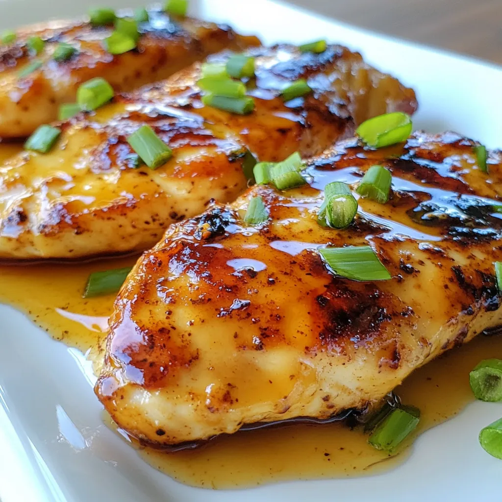 To make this tasty dish, you will need: - 4 boneless, skinless chicken breasts - 1/4 cup pure maple syrup - 2 tablespoons Dijon mustard - 2 tablespoons olive oil - 2 cloves garlic, minced - Salt and pepper to taste - 1 teaspoon fresh thyme (or 1/2 teaspoon dried thyme) - 1 tablespoon apple cider vinegar These ingredients come together to create a sweet and tangy flavor. The maple syrup adds a rich sweetness, while the Dijon mustard adds a nice kick. The garlic and thyme bring depth to the dish. For a pop of color and flavor, consider adding: - Sliced green onions These green onions add a fresh touch to the meal. They are easy to chop and enhance the visual appeal. If you want to switch things up, here are some options: - Use chicken thighs instead of breasts for a juicier bite. - Swap apple cider vinegar with lemon juice for a zestier flavor. - Try honey instead of maple syrup for a different sweetness. These swaps can change the taste while keeping the dish simple. Feel free to mix and match based on what you have on hand! {{ingredient_image_1}} To start, gather your ingredients. In a mixing bowl, add 1/4 cup of pure maple syrup, 2 tablespoons of Dijon mustard, and 2 tablespoons of olive oil. Next, add 2 cloves of minced garlic, salt, and pepper. Don't forget the thyme! Use 1 teaspoon of fresh thyme or 1/2 teaspoon of dried thyme. Finally, add 1 tablespoon of apple cider vinegar. Whisk all these ingredients together until they blend well. This marinade will give the chicken a sweet and tangy flavor. Now, it’s time to marinate the chicken. Place your 4 boneless, skinless chicken breasts in a resealable plastic bag or a shallow dish. Pour the marinade over the chicken. Make sure each piece is well coated. Seal the bag or cover the dish tightly. Put it in the fridge for at least 30 minutes. For more flavor, let it marinate for up to 2 hours. This step makes the chicken juicy and tasty. Preheat your oven to 400°F (200°C). After marinating, take the chicken out of the fridge. Remove it from the marinade, but keep the marinade for later. Place the chicken breasts in a baking dish. Bake them for 20-25 minutes. Check that the chicken is cooked through. It should reach an internal temperature of 165°F (75°C). While the chicken bakes, take the reserved marinade and bring it to a gentle boil in a small saucepan. Let it simmer for about 3-5 minutes until it thickens a bit. Once the chicken is done, drizzle the thickened marinade over it. Return the dish to the oven for an extra 5 minutes. This step caramelizes the top and adds even more flavor. After that, let the chicken rest for a few minutes before slicing. Enjoy your meal! To keep chicken breasts juicy, start with the right cooking method. Bake them at 400°F. This high heat seals in moisture. Make sure to not overcook them. Check for an internal temperature of 165°F. This ensures they are safe to eat. Letting them rest after cooking is key. Resting helps juices settle for a tender bite. Marinating chicken adds great flavor. I recommend marinating for at least 30 minutes. For deeper flavor, try marinating for up to 2 hours. Don’t go over that, as too long can make them mushy. The maple syrup and Dijon mustard blend well to create a tasty sauce. For serving, slice the chicken and drizzle on that thickened marinade. It adds a lovely glaze and extra flavor. I enjoy pairing this dish with rice or roasted veggies. Serve with a side salad for freshness. You can also top with sliced green onions for crunch and color. Enjoy your meal with family and friends! Pro Tips Marinade Time: Allow the chicken to marinate for at least 30 minutes, but ideally up to 2 hours, for maximum flavor absorption. Thickening the Sauce: When boiling the reserved marinade, stir constantly to prevent sticking and ensure even thickening. Resting the Chicken: Let the chicken rest for a few minutes after baking to allow the juices to redistribute, ensuring a tender result. Garnishing: Fresh herbs like green onions or parsley not only add a pop of color but also enhance the dish's flavor profile. {{image_2}} You can turn this dish into fun skewers. Cut the chicken into cubes. Then, marinate the pieces as usual. Thread the chicken onto skewers. Grill or bake them until cooked. These skewers are great for parties or picnics. They are easy to handle and full of flavor. Grilling adds a nice smoky taste. To make grilled chicken, start by marinating the breasts. Preheat your grill to medium-high heat. Cook the chicken for about 6-8 minutes on each side. The grill marks will make it look great. Use the reserved marinade to baste the chicken while it cooks. This gives it a tasty glaze. Adding veggies is a smart way to boost flavor and nutrition. You can use bell peppers, zucchini, or onions. Chop the vegetables into bite-sized pieces. Toss them in the marinade with the chicken. You can bake or grill them together. This not only adds color but also makes a complete meal. After you enjoy your Maple Dijon chicken, you might have some left. To store it, let the chicken cool down. Place it in an airtight container. Make sure to cover it well. This will keep it fresh. Store it in the fridge for up to 3 days. If you want to keep it longer, freezing is a great option. When it's time to eat the leftover chicken, you’ll want it warm and tasty. The best way to reheat it is in the oven. Preheat your oven to 350°F (175°C). Place the chicken in a baking dish. Add a splash of water or broth to keep it moist. Cover the dish with foil. Heat for about 15-20 minutes or until warm. You can also use the microwave. Just heat it in short bursts, checking often to avoid drying it out. If you want to freeze the chicken, wrap it well. Use plastic wrap or a freezer bag. Try to squeeze out as much air as you can. Label the bag with the date. You can freeze it for up to 3 months. To thaw, move it to the fridge overnight. This helps keep it juicy when you reheat it. You can pair Maple Dijon Chicken Breasts with many sides. Good choices include: - Steamed broccoli - Roasted sweet potatoes - Garlic mashed potatoes - A fresh green salad - Quinoa or rice These sides balance the sweet and tangy flavor of the chicken. They add texture and color to your meal. Yes, you can use chicken thighs. Thighs have more fat, which gives them extra flavor. They also stay juicy and tender when cooked. Just adjust the cooking time to ensure they reach 165°F (75°C). The marinade lasts for about 2 hours in the fridge. For best flavor, marinate your chicken for at least 30 minutes. If you choose to keep it longer, the flavor may become too strong. Absolutely! Maple Dijon Chicken Breasts are great for meal prep. They store well in the fridge for up to four days. You can also freeze them for up to three months. Just reheat when you’re ready to eat. Yes, you can make this dish in a slow cooker. Place the marinated chicken in the slow cooker. Cook on low for 4-6 hours or on high for 2-3 hours. This method keeps the chicken very tender and flavorful. You learned how to make Maple Dijon Chicken Breasts step by step. We covered the main ingredients, optional garnishes, and helpful tips for juicy results. You can also try variations like skewers or grilled chicken. Plus, I shared storage tips and answered common questions. Enjoy creating this dish with confidence. It’s easy to make and tastes great. With these tools, you’ll impress family and friends at dinner time.