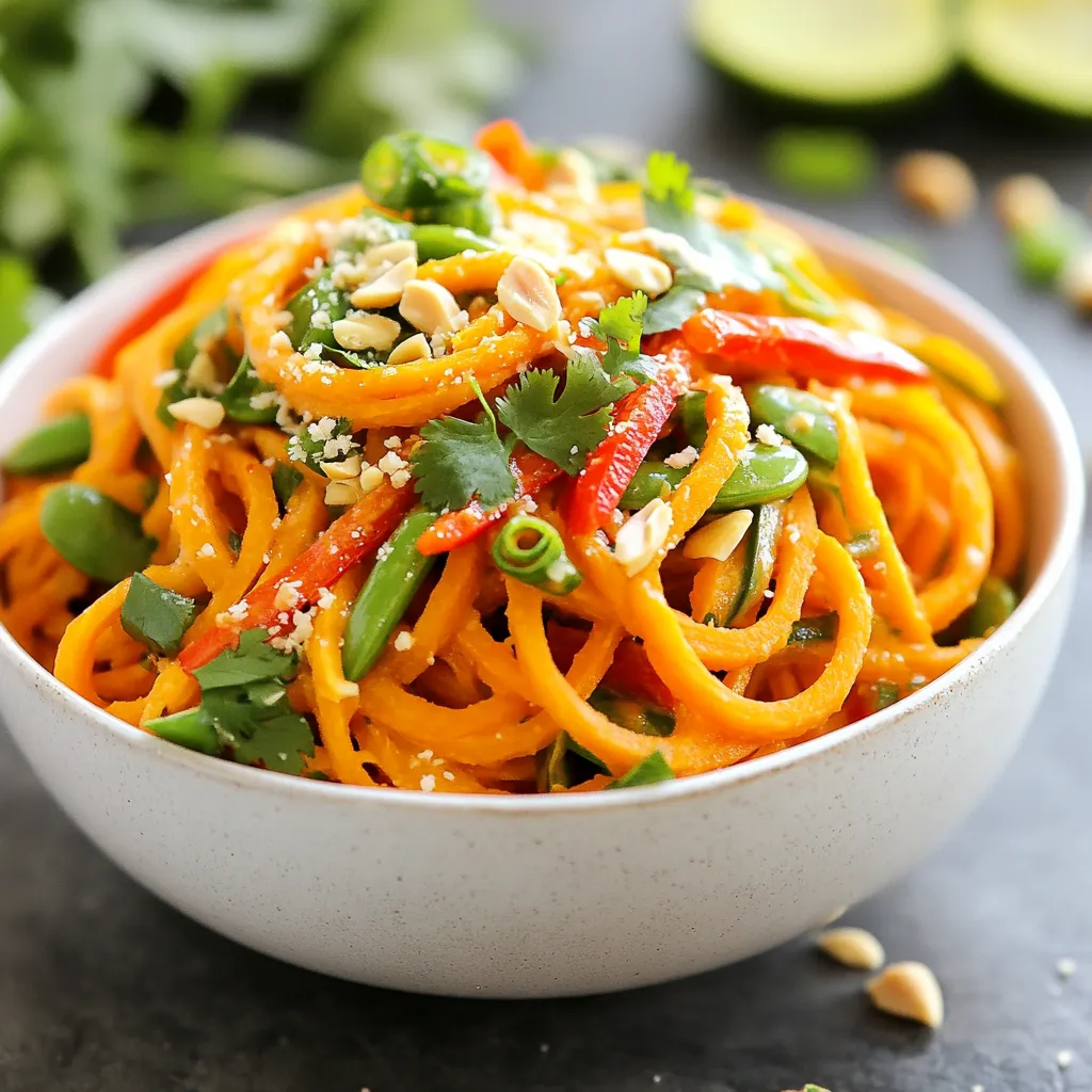 - 2 medium sweet potatoes, spiralized into noodles - 1 cup red bell pepper, thinly sliced - 1 cup carrots, julienned - 1 cup snap peas, trimmed - 3 green onions, sliced - 1/4 cup fresh cilantro, chopped - 1/2 cup creamy peanut butter - 3 tablespoons soy sauce or tamari - 1 tablespoon lime juice - 1 tablespoon maple syrup - 1 tablespoon sesame oil - 1 teaspoon ginger, grated - 1/2 teaspoon garlic powder - Crushed peanuts for garnish I love using fresh ingredients when I cook. Sweet potatoes make the best noodles. They add a nice sweetness and texture. I spiralize them to create fun shapes. Use a spiralizer for this. It’s quick and easy. Red bell pepper adds color and crunch. The carrots bring a sweet taste. Snap peas give a nice pop when you bite into them. Green onions and cilantro add freshness. They make every bite taste bright. For the sauce, creamy peanut butter is a must. It gives a rich flavor. I mix it with soy sauce or tamari. This makes it savory. Lime juice adds a zesty kick. A bit of maple syrup balances the flavors. Ginger and garlic powder make it aromatic. Don’t forget the crushed peanuts for garnish! They add crunch and extra peanut flavor. With these ingredients, you create a dish that is colorful, tasty, and healthy. {{ingredient_image_1}} - Boil water and cook noodles for 3-4 minutes. - Drain and set aside. First, fill a large pot with water and bring it to a rolling boil. Once it’s bubbling, add the sweet potato noodles. Cook them for just 3-4 minutes. You want them tender but still a bit firm. This keeps the noodles from becoming mushy. After cooking, drain them and set them aside for now. - Heat sesame oil and add vegetables. - Sauté until tender. Next, grab a large skillet and heat some sesame oil over medium heat. When the oil is hot, toss in the sliced red bell pepper, carrots, and snap peas. Sauté the veggies for about 4-5 minutes. You want them to be tender but still bright and crunchy. This adds great texture to your dish. - Mix peanut butter, soy sauce, lime juice, maple syrup. - Add ginger and garlic powder. While the veggies cook, it’s time to make the peanut sauce. In a medium bowl, combine creamy peanut butter, soy sauce, lime juice, and maple syrup. Mix until it’s smooth and creamy. Then, add grated ginger and garlic powder for that burst of flavor. If the sauce is too thick, just add a little water to thin it out. - Add sweet potato noodles to skillet. - Mix in peanut sauce and vegetables. Now, return to your skillet. Add the sweet potato noodles right in with those sautéed veggies. Pour the peanut sauce over everything. Gently toss to coat the noodles and veggies well. Heat through for a couple of minutes. This lets all the flavors blend perfectly. - Stir in green onions and cilantro. - Garnish with crushed peanuts. Remove your skillet from the heat. Stir in the sliced green onions and chopped cilantro. These herbs add brightness and freshness. Finally, serve your noodles in bowls and sprinkle with crushed peanuts for a nice crunch. Enjoy every bite! To get the best sweet potato noodles, avoid overcooking them. Cook them in boiling water for just 3-4 minutes. They should be tender but still a bit firm. Once done, drain them right away. Use cold water to stop the cooking process. This keeps them from becoming mushy. The sauce needs to be just right. If it feels too thick, add a splash of water. You can also mix in more peanut butter for a richer taste. Always taste test your sauce to find the best balance. Adjust the saltiness or sweetness if needed. Prep your ingredients before you start cooking. This saves time and helps everything come together smoothly. Store the sauce separately in the fridge. This keeps it fresh and helps the flavors stay bright. Pro Tips Perfectly Cooked Noodles: Be careful not to overcook the sweet potato noodles; they should be tender but still have a bit of bite to them for the best texture. Customize Your Veggies: Feel free to swap in your favorite vegetables depending on the season or what you have on hand, such as zucchini or broccoli. Make it Spicy: If you enjoy heat, add some red pepper flakes or sriracha to the peanut sauce for an extra kick. Store the Leftovers: This dish stores well; keep any leftovers in an airtight container in the fridge for up to 3 days for a quick meal. {{image_2}} You can add protein to your Thai Peanut Sweet Potato Noodles easily. For a plant-based option, include tofu or tempeh. They soak up the sauce well and add a nice texture. If you want meat, substitute chicken or shrimp. These options work great with the dish's flavors. Feel free to swap out vegetables based on what you have. Instead of snap peas, you can use zucchini or broccoli. Both add a nice crunch. If you're looking for more nutrients, add spinach. It wilts down nicely and blends well with the other ingredients. The peanut sauce is key, but you can mix it up. Try using almond butter for a different taste. It gives a nutty twist that many enjoy. If you're avoiding soy, use coconut aminos instead of soy sauce. It adds a sweet flavor without the gluten. You should store any leftovers in an airtight container. This helps keep them fresh. Try to eat them within 3-4 days. This ensures the best flavor and texture. If you wait too long, they may lose their taste. You can freeze the noodles and sauce separately. This helps maintain their quality. When you’re ready to eat, reheat gently. You can use a skillet or a microwave for this. Just be careful not to overcook them. Enjoy your tasty meal later! Yes, you can use tamari instead of soy sauce. Tamari is a great option. It tastes similar but is gluten-free. This swap keeps your dish flavorful and safe for those with gluten sensitivities. The recipe is already vegan-friendly as written. It uses no animal products at all. You can enjoy these noodles guilt-free. You can use almond butter or sunflower seed butter. Both options work well. They add a nice creaminess. Plus, they give a different taste if you want to change it up. To spiralize sweet potatoes, use a spiralizer kitchen tool for best results. It turns sweet potatoes into fun noodles. Just place the sweet potatoes in the spiralizer and crank the handle. You’ll get perfect noodles every time! This recipe for Thai peanut sweet potato noodles is simple and tasty. You learned how to make the dish from start to finish, using fresh ingredients and tools. Remember to avoid overcooking the noodles and taste the sauce for balance. You can also add proteins or change up the veggies based on what you have. Enjoy your creation, and share it with others. It’s healthy, delicious, and fun to make!