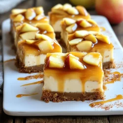 To make these delicious bars, you need: - 1 ½ cups graham cracker crumbs - ½ cup unsalted butter, melted - 2 tablespoons sugar - 2 (8 oz) packages cream cheese, softened - 1 cup granulated sugar - 1 teaspoon vanilla extract - 2 large eggs - 2 cups peeled, diced apples (Granny Smith or Honeycrisp work great) - 1 teaspoon ground cinnamon - ½ teaspoon nutmeg - ½ cup caramel sauce (you can use store-bought or homemade) Each of these ingredients plays a key role. The graham cracker crumbs form a tasty crust. Cream cheese gives the bars a creamy texture. The apples add a lovely tartness, balanced by sweet caramel. You can enhance your bars with: - Whipped cream for topping - Extra caramel sauce for drizzling - Thin apple slices for garnish These optional ingredients not only add flavor but also make your dessert look stunning. Presentation is key in cooking, and these touches will impress your guests. If you need to make changes, here are some ideas: - Use coconut oil instead of butter for a dairy-free option. - Swap out cream cheese for a dairy-free cream cheese alternative. - Replace granulated sugar with coconut sugar for a healthier choice. These substitutes can help you customize the recipe to fit your needs. Don’t be afraid to experiment and make this recipe your own! {{ingredient_image_1}} To make the crust, start by preheating your oven to 325°F (160°C). Grease a 9x13 inch baking dish. In a medium bowl, mix 1 ½ cups of graham cracker crumbs, ½ cup of melted unsalted butter, and 2 tablespoons of sugar. Stir until it looks crumbly. Press this mixture firmly into the bottom of your prepared dish. Bake the crust for about 10 minutes. Once done, take it out and let it cool for a bit. In a large mixing bowl, beat 2 packages of softened cream cheese until smooth. Gradually add 1 cup of granulated sugar and 1 teaspoon of vanilla extract. Mix well until combined. Next, add 2 large eggs, one at a time. Beat well after each egg until the mixture is creamy. Now, gently fold in 2 cups of peeled and diced apples. Sprinkle in 1 teaspoon of ground cinnamon and ½ teaspoon of nutmeg. Mix until everything is evenly distributed. Spread the cheesecake apple mixture evenly over the cooled crust. Drizzle ½ cup of caramel sauce over the top. Use a knife or toothpick to create a swirl effect in the mixture. Bake in the oven for 35 to 40 minutes. The center should set and jiggle slightly. Once baked, remove it from the oven and let it cool to room temperature. Refrigerate for at least 4 hours or until fully chilled. Finally, cut into bars, and if you wish, top with whipped cream and extra caramel before serving. To get the best texture for your caramel apple cheesecake bars, start with softened cream cheese. This step is key. Beat it well until it's smooth and creamy. Gradually mix in the sugar and vanilla. This helps create a light, airy filling. Add the eggs one at a time. Mix well after each egg to ensure it’s smooth. Folding in the apples gently keeps them whole. This adds nice bites of fruit in every bar. Once baked, let the bars cool to room temperature first. This step is important before chilling. Then, place the dish in the fridge for at least four hours. This will help the bars set properly. When cutting, use a sharp knife. For clean cuts, warm the knife under hot water and dry it. This way, each slice looks neat and pretty. If you want perfect squares, score the bars with a knife before cutting all the way through. For a stunning presentation, place the bars on a nice platter. Drizzle extra caramel sauce over the top. This adds a touch of shine and sweetness. You can also garnish with thin apple slices. Arrange them neatly around the bars for color. Serve with a dollop of whipped cream on top for extra indulgence. If you want even more flavor, sprinkle a pinch of cinnamon on the whipped cream. Your guests will love the look and taste of these dessert treats! Pro Tips Choose the Right Apples: For the best flavor and texture, use tart apples like Granny Smith or Honeycrisp. They hold their shape well during baking and provide a nice contrast to the sweetness of the cheesecake. Room Temperature Ingredients: Ensure all your ingredients, especially the cream cheese and eggs, are at room temperature. This helps achieve a smooth and creamy batter without lumps. Swirling Caramel: When drizzling the caramel sauce, use a toothpick or a knife to create beautiful swirls. This not only enhances the visual appeal but also ensures every bite has a hint of caramel flavor. Chill Thoroughly: Allow the cheesecake bars to cool to room temperature before refrigerating. Chilling for at least 4 hours, or overnight if possible, helps the flavors meld and the texture set perfectly for cutting. {{image_2}} To make gluten-free caramel apple cheesecake bars, swap the graham cracker crumbs for gluten-free crumbs. You can use almond flour or gluten-free cookies. Ensure the caramel sauce is also gluten-free. This way, everyone can enjoy this tasty treat! For a vegan version, replace cream cheese with cashew cream or a vegan cream cheese alternative. Use flax eggs instead of regular eggs. Mix one tablespoon of ground flaxseed with three tablespoons of water for each egg. Choose a vegan caramel sauce or make your own with coconut milk and sugar. These swaps keep the dessert tasty while being plant-based. You can bring new flavors to your bars by adding spices or nuts. Try adding a pinch of ginger or allspice for a warm kick. Walnuts or pecans can add a nice crunch. Mix in your choice of nuts with the apples before baking for extra texture. Experiment and find your favorite flavor combo! After you enjoy your caramel apple cheesecake bars, store leftovers in the fridge. Place them in an airtight container. This keeps them fresh for up to five days. If you want to keep them longer, freezing is a great option. To freeze your bars, first, let them cool completely. Cut them into individual bars, then wrap each piece tightly in plastic wrap. Place the wrapped bars in a freezer-safe bag or container. They can last for up to three months in the freezer. Remember to label the bag with the date! When you're ready to enjoy a frozen bar, take it out and let it thaw in the fridge overnight. For a warm treat, reheat it in the oven at 300°F (150°C) for about 10-15 minutes. You can also enjoy them cold, topped with whipped cream and an extra drizzle of caramel sauce for a delicious finish. Yes, you can try other apples. I like Granny Smith or Honeycrisp for their tartness. You can also use Fuji or Gala for a sweeter flavor. Just make sure they are firm and fresh. They should hold their shape when baked. These bars stay good in the fridge for about five days. Be sure to cover them well. Use plastic wrap or a sealed container. This keeps them fresh and tasty. If you want them to last longer, you can freeze them. If you need a cream cheese substitute, try mascarpone or ricotta cheese. You can also use dairy-free cream cheese for a vegan option. Greek yogurt can work, too, but it may change the texture a bit. Just make sure to adjust the sweetness if you use plain yogurt. Caramel apple cheesecake bars are easy to make and a treat for all. We covered the main ingredients, how to prepare the crust, and how to make the filling. I shared tips for chilling and cutting the bars. We also explored tasty variations, like gluten-free and vegan options. Lastly, I provided simple storage tips and answered common questions. Now, you can create this delicious dessert with confidence. Enjoy sharing it with friends and family!