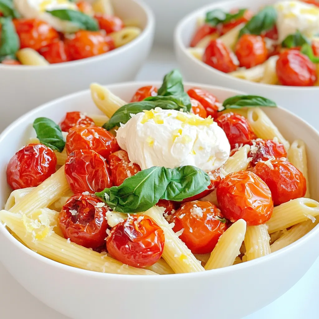 - 12 ounces pasta (penne or farfalle work well) - 2 pints cherry tomatoes - 2 tablespoons olive oil - 1 teaspoon salt - 1/2 teaspoon black pepper - 1/2 teaspoon garlic powder - 1/4 teaspoon red pepper flakes (adjust to taste) - 1 cup fresh basil leaves, roughly torn - 8 ounces burrata cheese - Zest of 1 lemon The heart of this dish lies in fresh, simple ingredients. I love using penne or farfalle pasta for their great texture. They hold the sauce and burst of flavor well. Cherry tomatoes bring a sweet taste. Roasting them makes them even better. Toss them with olive oil, salt, and spices for a burst of flavor. The burrata cheese adds creaminess. It melts slightly when you add it to hot pasta. Fresh basil adds a bright touch. Lemon zest gives a nice kick, brightening all the flavors. - Freshly grated Parmesan cheese - Additional herbs or spices For a little extra flavor, I often add freshly grated Parmesan cheese. It gives a salty note that pairs well. You can also use other herbs or spices. Try thyme or oregano for a different twist. Set your oven to 400°F (200°C). Preheating helps cook the tomatoes evenly. It ensures they burst and caramelize well. If you skip this step, your tomatoes may not roast properly. You need a baking sheet and a mixing bowl for this step. In your bowl, toss cherry tomatoes with olive oil, salt, black pepper, garlic powder, and red pepper flakes. Spread the tomatoes on the baking sheet in a single layer. Roast them for 20-25 minutes. Look for them to burst and brown slightly. This shows they are done. Boil a large pot of salted water. Add the pasta and cook according to the package. Aim for an al dente texture. This means the pasta is firm but cooked through. Before draining, remember to reserve 1 cup of the pasta water. This water helps make the sauce creamy later. In the same pot, mix the cooked pasta with the roasted tomatoes. Be sure to add any juices from the baking sheet for extra flavor. Drizzle the remaining olive oil over the pasta. Toss everything together until coated. If it feels dry, add pasta water bit by bit. This helps create a nice, creamy sauce. Now, add the torn basil leaves and lemon zest gently. These fresh ingredients bring bright flavors. Use a gentle folding motion to mix them in. This helps keep the basil intact and vibrant. To get the best roasted tomatoes, aim for a high oven temp of 400°F. This heat helps the tomatoes burst and caramelize nicely. Roast them for 20 to 25 minutes. Watch for them to get soft and slightly charred, but not burned. To prevent burning, keep them in a single layer on the baking sheet. Stir them halfway through to promote even cooking. Store leftover pasta in an airtight container. It stays fresh for 3 to 4 days in the fridge. For reheating, try using a skillet. Add a splash of olive oil or water to keep it moist. Heat it on low until warm. You can also microwave it, but be careful not to overcook it. Want to add more flavor? Try adding a pinch of dried oregano or thyme. Fresh herbs like parsley or arugula can also brighten the dish. For a bit of heat, add more red pepper flakes. You can mix in other veggies like spinach or zucchini for more texture. {{image_2}} You can easily add protein to this dish. Grilled chicken or shrimp are great choices. They add flavor and make the meal hearty. Simply grill your protein and mix it in with the pasta. If you prefer vegetarian options, try chickpeas or tofu. These options will still give you a satisfying bite. While burrata is creamy and delicious, you can swap it for other cheeses. Fresh mozzarella or goat cheese can also work well. If you're looking for a vegan option, try using cashew cheese or almond cheese. These alternatives will still give your pasta a rich flavor. If you need gluten-free options, look for gluten-free pasta brands. They have many shapes, like penne or farfalle. Whole grain pasta is also a great choice. It adds extra fiber and nutrients to your meal. You can choose the type that fits your taste and needs. To keep your Roasted Tomato Burrata Pasta fresh, store it in the fridge. Use an airtight container to prevent moisture loss. Before sealing, let the pasta cool down to room temperature. This helps avoid condensation inside the container. If you want to freeze this dish, it’s best to do it without the burrata on top. This cheese does not freeze well. Place the pasta in a freezer-safe container. You can store it for up to three months. When ready to eat, thaw it overnight in the fridge. To reheat frozen pasta, warm it gently on the stove over low heat. Add a splash of water or olive oil to help restore creaminess. Stir until heated through. Enjoy your delicious pasta like it’s fresh again! Yes, you can prepare this dish ahead of time. Here are some tips: - Cook the pasta al dente. This keeps it from getting mushy when reheated. - Roast the tomatoes earlier. Store them in an airtight container. - Mix the pasta and tomatoes. Add the basil and cheese just before serving. - Reheat gently. Use a pot on low heat, adding a splash of water if needed. If you can't find burrata, try these cheese alternatives: - Fresh mozzarella. It melts well and has a creamy texture. - Ricotta cheese. This gives a similar creaminess and lightness. - Cream cheese. Use it for a different but tasty twist. To make Roasted Tomato Burrata Pasta gluten-free, consider these options: - Use gluten-free pasta. Look for brands made from rice or chickpeas. - Check all ingredients. Ensure no hidden gluten in sauces or seasonings. - Adjust cooking time. Gluten-free pasta might need different cooking times. Using canned tomatoes changes the flavor in these ways: - Less fresh taste. Canned tomatoes have a more concentrated flavor. - Texture differences. They may be softer than roasted fresh tomatoes. - Try to roast the canned tomatoes. This can add depth and sweetness. In this blog post, we explored a delicious Roasted Tomato Burrata Pasta recipe. We covered key ingredients, detailed step-by-step instructions, and shared tips for success. I hope you feel ready to make this dish and adjust it to your taste. Remember, cooking is about creativity and enjoyment. Experiment with flavors and enjoy the process. With these insights, you can create a tasty meal that impresses everyone.