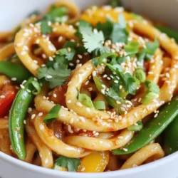 - 300g udon noodles - 3 tablespoons sesame oil - 4 cloves garlic, minced - 1 teaspoon ginger, grated - 1 to 2 red chilies, sliced - 2 tablespoons soy sauce - 1 tablespoon rice vinegar - 1 tablespoon chili paste - 1 cup snap peas, trimmed - 1 bell pepper, sliced - 2 green onions, chopped - Sesame seeds for garnish - Fresh cilantro for garnish - Udon noodles: 300 grams - Sesame oil: 3 tablespoons - Garlic: 4 cloves - Ginger: 1 teaspoon - Red chilies: 1 to 2 - Soy sauce: 2 tablespoons - Rice vinegar: 1 tablespoon - Chili paste: 1 tablespoon - Snap peas: 1 cup - Bell pepper: 1 - Green onions: 2 - Sesame seeds: for garnish - Cilantro: for garnish - Udon noodles: These thick noodles give the dish a chewy texture. - Sesame oil: This oil adds a nutty flavor and depth to the dish. - Garlic and ginger: These aromatics create a strong, fragrant base. - Red chilies: They bring heat and color; adjust for your spice level. - Soy sauce and rice vinegar: These add salty and tangy notes, balancing the flavors. - Chili paste: This ingredient enhances the heat, making the dish bold. - Snap peas and bell pepper: They provide crunch and freshness. - Green onions: These add a fresh finish, enhancing the overall taste. - Sesame seeds and cilantro: They serve as garnishes, adding visual appeal and extra flavor. {{ingredient_image_1}} Start by boiling a large pot of water. I find that a big pot helps keep the noodles from sticking. When the water boils, add the udon noodles. Cook them according to the package instructions, usually about 8 to 10 minutes. After cooking, drain the noodles and set them aside. This step is key, as it creates a good base for our dish. In a small bowl, mix together the soy sauce, rice vinegar, and chili paste. I like to use Sriracha for its kick. Stir well to combine all the flavors. Set this sauce aside for later. It adds a rich flavor that pulls everything together. Heat sesame oil in a large wok or skillet over medium heat. Once hot, add minced garlic, grated ginger, and sliced red chilies. Sauté for 1 to 2 minutes until the garlic smells amazing. Be careful not to burn it, as burnt garlic tastes bitter. Next, toss in the snap peas and bell peppers. Stir-fry these for about 3 to 4 minutes. You want the veggies to be tender but still crispy. Now it’s time to bring it all together. Add the cooked udon noodles to the skillet. Pour in the prepared sauce and toss everything together gently. Make sure the noodles get coated well. Heat through for about 2 to 3 minutes. This step ensures every bite is full of flavor. Just before serving, stir in chopped green onions for a fresh crunch. This adds both color and flavor to the dish. Serve the noodles in bowls and garnish with sesame seeds and fresh cilantro on top. This finishing touch makes the dish look inviting and even more delicious. I love spice, but I know everyone is different. You can adjust the heat in this dish easily. Start with one red chili if you prefer mild. Taste the noodles when cooking and add more chilies if needed. Remember, the chili paste adds heat too. Mix in a little at a time to avoid overwhelming flavors. Cooking udon noodles is simple, but there are tips to get it right. Always boil water first, then add the noodles. Follow the package time, usually 8 to 10 minutes. Stir them gently to avoid sticking. Once done, drain them well to prevent sogginess. Rinsing with cold water can help too if you want to stop the cooking. Flavor is key in cooking. To boost the taste of your udon noodles, use fresh ingredients. Fresh garlic and ginger make a huge difference. Try adding a splash of lime juice for brightness. You can also use different soy sauces for depth. Experiment with sesame oil; it adds a nutty richness you’ll love. Pro Tips Adjust the Heat: Feel free to customize the spice level by adding more or fewer red chilies or chili paste according to your preference. Vegetable Variations: Experiment with other vegetables like bok choy, carrots, or broccoli for added flavor and nutrition. Perfectly Cooked Noodles: Avoid overcooking the udon noodles; they should be al dente for the best texture in your dish. Garnish Wisely: For extra flavor, try adding crushed peanuts or a squeeze of lime juice as a garnish before serving. {{image_2}} You can easily change the veggies in this recipe. Try using broccoli, carrots, or bok choy. These choices add color and crunch. Feel free to mix your favorites. Just remember to cook them until they are tender but still crisp. Adding protein makes this dish heartier. Tofu is a great choice if you want a plant-based option. Just cube it and sauté until golden. For meat lovers, chicken or shrimp works well too. Cook the chicken in bite-sized pieces or add shrimp right after the garlic and ginger. This way, they cook quickly and soak up all the flavors. If you need a gluten-free version, swap udon noodles for rice noodles. They have a similar texture and taste great too. Make sure your soy sauce is gluten-free. You can use tamari instead. This way, everyone can enjoy this spicy dish! To store your leftover Spicy Garlic Udon Noodles, let them cool first. Place them in an airtight container. Make sure to keep any extra sauce separate. This helps keep the noodles from getting too soggy. Store the container in the fridge. They will stay good for about three days. When you are ready to eat, here’s how to reheat your noodles: - Use a microwave: Place the noodles in a bowl. Add a splash of water. Cover with a damp paper towel. Heat for 1-2 minutes, stirring halfway. - Use a skillet: Heat a little sesame oil in a pan. Add the noodles and a splash of soy sauce. Stir until heated through, about 3-5 minutes. Both methods keep the noodles tasty and fresh. You can freeze leftover udon noodles, too! To do this: 1. Cool the noodles completely. 2. Place them in a freezer-safe bag. 3. Squeeze out as much air as possible. 4. Seal and label the bag with a date. These noodles can last up to three months in the freezer. When ready to use, thaw them overnight in the fridge, then reheat as mentioned above. Udon noodles are thick, chewy noodles made from wheat flour. They come from Japan and have a soft texture. Udon can be served hot or cold. They work well in soups, stir-fries, and salads. Their neutral taste lets them soak up flavors from sauces and spices. You can find them dried or fresh in stores. Yes, you can easily make this recipe vegan. Just replace the soy sauce with a vegan brand or use tamari. Check the chili paste to ensure it's vegan. The rest of the ingredients, like vegetables and noodles, are already plant-based. This way, you keep all the bold flavors while staying vegan. To make udon noodles from scratch, follow these steps: 1. Mix 2 cups of all-purpose flour with 1/2 cup of water. 2. Knead the dough for about 10 minutes until smooth. 3. Wrap it in plastic and let it rest for 30 minutes. 4. Roll it out and cut it into thick strips. 5. Cook in boiling water for 8-10 minutes. Making noodles from scratch is fun and rewarding! Spicy garlic udon noodles pair well with many dishes. Try serving them with: - Grilled chicken or shrimp for protein. - A light salad to balance the spice. - Miso soup for a comforting side. - Steamed vegetables for extra crunch. These pairings enhance your meal and create a delightful dining experience. This blog post covered all you need for making delicious Udon noodles. We explored the key ingredients, their measurements, and special purposes. The step-by-step cooking method made it easy to follow along. I shared valuable tips for flavor and cooking adjustments. Plus, we looked at variations for different diets. In the end, remember that Udon can be fun and flexible. Get creative with your meals and enjoy your cooking journey.