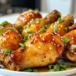 - Chicken Drumsticks - Honey - Soy Sauce - Garlic - Ginger - Apple Cider Vinegar - Sesame Oil - Black Pepper - Salt - Green Onions - Sesame Seeds - For low-sodium soy sauce, use coconut aminos. - Instead of honey, try maple syrup for a vegan option. - Use agave syrup as another honey substitute. - To measure sticky ingredients like honey, use a spray oil. This helps it slide out easily. - For grating ginger, use a microplane for fine shreds. This adds more flavor. {{ingredient_image_1}} 1. Preheat your oven to 400°F (200°C). This helps cook the chicken evenly. 2. Line a baking sheet with aluminum foil. This makes cleanup easy. 3. Place a wire rack on top of the baking sheet. This allows hot air to flow around the chicken. 4. In a medium bowl, whisk together the honey, soy sauce, minced garlic, ginger, apple cider vinegar, sesame oil, black pepper, and salt. Mix until smooth. 5. Take your chicken drumsticks and place them in a large zip-lock bag or bowl. 6. Pour half of the honey garlic marinade over the chicken. Make sure all pieces are coated well. 7. Seal the bag or cover the bowl. Let the chicken marinate in the fridge for at least 30 minutes. You can also leave it overnight for more flavor. 1. Remove the chicken from the marinade. Let excess marinade drip off. 2. Arrange the drumsticks on the wire rack. This helps them cook better. 3. Bake in the preheated oven for 35-40 minutes. The chicken should be cooked through and the skin crispy. 4. Halfway through cooking, baste the chicken with the reserved marinade. This adds flavor. 5. For a sticky finish, switch the oven to broil for the last 3-5 minutes. Watch closely to avoid burning. 1. Once cooked, remove the drumsticks from the oven. Let them rest for 5 minutes. This keeps them juicy. 2. Garnish with chopped green onions and a sprinkle of sesame seeds if you want. This makes the dish look great! - To get crispy skin, start by patting the drumsticks dry with a paper towel. - Bake them on a wire rack. This allows air to circulate, helping the skin crisp up. - Baste the chicken with the marinade halfway through cooking for extra flavor. - For a final touch, broil the chicken for 3-5 minutes. Keep an eye on it to avoid burning. - Want some heat? Add red chili flakes to the marinade for a spicy kick. - For a fresh twist, squeeze some lime or lemon juice into the sauce. Citrus brightens the dish. - Pair your honey garlic chicken with steamed rice or roasted vegetables. - A light salad with a tangy dressing complements the sweetness of the chicken well. - Serve with iced tea or a light beer for a refreshing drink option. Pro Tips Marinate Longer for Maximum Flavor: For the best flavor, marinate the drumsticks overnight. This allows the marinade to penetrate the meat, resulting in a more flavorful dish. Use a Meat Thermometer: Ensure the chicken is cooked through by checking the internal temperature. It should reach 165°F (74°C) for safe consumption. Broil for Extra Crispiness: Broiling the chicken in the last few minutes of cooking gives a nice crispy finish to the skin. Just keep a close eye to prevent burning. Experiment with Additional Herbs: Feel free to add your favorite herbs or spices to the marinade, such as thyme or chili flakes, to customize the flavor profile to your liking. {{image_2}} You can change up the honey garlic glaze with different spices. Try adding chili powder for heat or smoked paprika for a smoky touch. Mixing in herbs like thyme or rosemary can also add depth to the flavor. Fruity variations can elevate your dish even more. For a bright twist, mix in orange juice or zest. Pineapple juice can add a tropical flair. Just remember to balance sweetness and acidity for the best taste. You can grill or bake these drumsticks. Grilling gives a nice char and smoky flavor. Just cook over medium heat and watch for flare-ups. Baking is easier and yields crispy skin. If you prefer slow cooking, that works too! Just place the drumsticks in a slow cooker with the marinade. Cook on low for 6-8 hours. This method makes the chicken super tender and flavorful. You can swap drumsticks for thighs or wings. Thighs are juicier, while wings are perfect for parties. Cook thighs for about 40-45 minutes at 400°F. Wings will need about 30-35 minutes. Adjust cooking time based on the size of the pieces. To store leftovers, place the chicken in an airtight container. Let it cool first. Keep it in the fridge for up to four days. When you want to reheat it, preheat your oven to 350°F (175°C). Place the chicken on a baking sheet and cover it with foil. Heat for about 20 minutes or until warm. To freeze marinated drumsticks, put them in a zip-lock bag before marinating. Seal the bag, removing as much air as possible. You can freeze them for up to three months. When you're ready to use them, thaw the drumsticks in the fridge overnight. This keeps them juicy and tender. Cooked drumsticks stay fresh in the fridge for four days. If they smell off or have a slimy texture, they may be spoiled. Always check for any discoloration as well. If you notice any changes, it's best to toss them out to stay safe. You should marinate chicken for at least 30 minutes. This helps the meat soak up the flavors. For best results, marinate it overnight. The longer it sits, the more tasty it becomes. Yes, you can use other vinegars. White vinegar or rice vinegar works well too. Each type gives a slightly different taste, but they all add a nice tang. The best way is to use a meat thermometer. Insert it into the thickest part of the chicken. It should read 165°F (75°C). If you don’t have a thermometer, cut into the chicken. The juices should run clear, and the meat should not be pink. To make this dish gluten-free, use gluten-free soy sauce. There are many brands that offer gluten-free options. Check the label to be sure. Yes, you can prepare this dish ahead of time. Marinate the chicken and store it in the fridge. Just bake it when you're ready to eat. This saves time on busy days! You learned how to make delicious honey garlic chicken. We covered key ingredients, steps, and useful tips. Remember to experiment with flavors and cooking methods to find your favorite twist. Don't forget the importance of measuring and marinating. Proper storage ensures you enjoy leftovers at their best. I hope you feel inspired to try this recipe today. Enjoy your cooking journey!