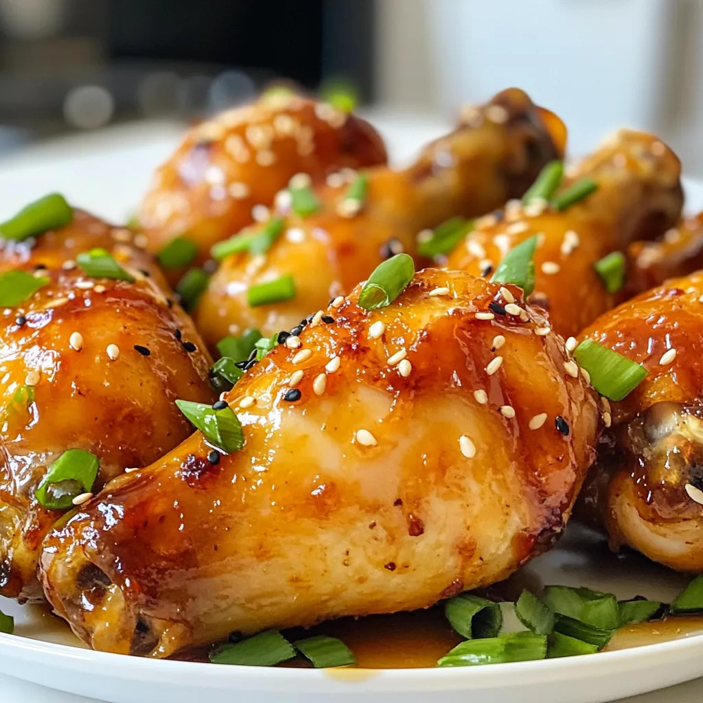 - Chicken Drumsticks - Honey - Soy Sauce - Garlic - Ginger - Apple Cider Vinegar - Sesame Oil - Black Pepper - Salt - Green Onions - Sesame Seeds - For low-sodium soy sauce, use coconut aminos. - Instead of honey, try maple syrup for a vegan option. - Use agave syrup as another honey substitute. - To measure sticky ingredients like honey, use a spray oil. This helps it slide out easily. - For grating ginger, use a microplane for fine shreds. This adds more flavor. {{ingredient_image_1}} 1. Preheat your oven to 400°F (200°C). This helps cook the chicken evenly. 2. Line a baking sheet with aluminum foil. This makes cleanup easy. 3. Place a wire rack on top of the baking sheet. This allows hot air to flow around the chicken. 4. In a medium bowl, whisk together the honey, soy sauce, minced garlic, ginger, apple cider vinegar, sesame oil, black pepper, and salt. Mix until smooth. 5. Take your chicken drumsticks and place them in a large zip-lock bag or bowl. 6. Pour half of the honey garlic marinade over the chicken. Make sure all pieces are coated well. 7. Seal the bag or cover the bowl. Let the chicken marinate in the fridge for at least 30 minutes. You can also leave it overnight for more flavor. 1. Remove the chicken from the marinade. Let excess marinade drip off. 2. Arrange the drumsticks on the wire rack. This helps them cook better. 3. Bake in the preheated oven for 35-40 minutes. The chicken should be cooked through and the skin crispy. 4. Halfway through cooking, baste the chicken with the reserved marinade. This adds flavor. 5. For a sticky finish, switch the oven to broil for the last 3-5 minutes. Watch closely to avoid burning. 1. Once cooked, remove the drumsticks from the oven. Let them rest for 5 minutes. This keeps them juicy. 2. Garnish with chopped green onions and a sprinkle of sesame seeds if you want. This makes the dish look great! - To get crispy skin, start by patting the drumsticks dry with a paper towel. - Bake them on a wire rack. This allows air to circulate, helping the skin crisp up. - Baste the chicken with the marinade halfway through cooking for extra flavor. - For a final touch, broil the chicken for 3-5 minutes. Keep an eye on it to avoid burning. - Want some heat? Add red chili flakes to the marinade for a spicy kick. - For a fresh twist, squeeze some lime or lemon juice into the sauce. Citrus brightens the dish. - Pair your honey garlic chicken with steamed rice or roasted vegetables. - A light salad with a tangy dressing complements the sweetness of the chicken well. - Serve with iced tea or a light beer for a refreshing drink option. Pro Tips Marinate Longer for Maximum Flavor: For the best flavor, marinate the drumsticks overnight. This allows the marinade to penetrate the meat, resulting in a more flavorful dish. Use a Meat Thermometer: Ensure the chicken is cooked through by checking the internal temperature. It should reach 165°F (74°C) for safe consumption. Broil for Extra Crispiness: Broiling the chicken in the last few minutes of cooking gives a nice crispy finish to the skin. Just keep a close eye to prevent burning. Experiment with Additional Herbs: Feel free to add your favorite herbs or spices to the marinade, such as thyme or chili flakes, to customize the flavor profile to your liking. {{image_2}} You can change up the honey garlic glaze with different spices. Try adding chili powder for heat or smoked paprika for a smoky touch. Mixing in herbs like thyme or rosemary can also add depth to the flavor. Fruity variations can elevate your dish even more. For a bright twist, mix in orange juice or zest. Pineapple juice can add a tropical flair. Just remember to balance sweetness and acidity for the best taste. You can grill or bake these drumsticks. Grilling gives a nice char and smoky flavor. Just cook over medium heat and watch for flare-ups. Baking is easier and yields crispy skin. If you prefer slow cooking, that works too! Just place the drumsticks in a slow cooker with the marinade. Cook on low for 6-8 hours. This method makes the chicken super tender and flavorful. You can swap drumsticks for thighs or wings. Thighs are juicier, while wings are perfect for parties. Cook thighs for about 40-45 minutes at 400°F. Wings will need about 30-35 minutes. Adjust cooking time based on the size of the pieces. To store leftovers, place the chicken in an airtight container. Let it cool first. Keep it in the fridge for up to four days. When you want to reheat it, preheat your oven to 350°F (175°C). Place the chicken on a baking sheet and cover it with foil. Heat for about 20 minutes or until warm. To freeze marinated drumsticks, put them in a zip-lock bag before marinating. Seal the bag, removing as much air as possible. You can freeze them for up to three months. When you're ready to use them, thaw the drumsticks in the fridge overnight. This keeps them juicy and tender. Cooked drumsticks stay fresh in the fridge for four days. If they smell off or have a slimy texture, they may be spoiled. Always check for any discoloration as well. If you notice any changes, it's best to toss them out to stay safe. You should marinate chicken for at least 30 minutes. This helps the meat soak up the flavors. For best results, marinate it overnight. The longer it sits, the more tasty it becomes. Yes, you can use other vinegars. White vinegar or rice vinegar works well too. Each type gives a slightly different taste, but they all add a nice tang. The best way is to use a meat thermometer. Insert it into the thickest part of the chicken. It should read 165°F (75°C). If you don’t have a thermometer, cut into the chicken. The juices should run clear, and the meat should not be pink. To make this dish gluten-free, use gluten-free soy sauce. There are many brands that offer gluten-free options. Check the label to be sure. Yes, you can prepare this dish ahead of time. Marinate the chicken and store it in the fridge. Just bake it when you're ready to eat. This saves time on busy days! You learned how to make delicious honey garlic chicken. We covered key ingredients, steps, and useful tips. Remember to experiment with flavors and cooking methods to find your favorite twist. Don't forget the importance of measuring and marinating. Proper storage ensures you enjoy leftovers at their best. I hope you feel inspired to try this recipe today. Enjoy your cooking journey!