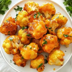 For these tasty Buffalo Cauliflower Bites, you will need: - 1 large head of cauliflower, cut into bite-sized florets - 1 cup all-purpose flour - 1 cup water - 1 teaspoon garlic powder - 1 teaspoon onion powder - 1 teaspoon smoked paprika - 1 teaspoon cayenne pepper (adjust for spice preference) - 1/2 teaspoon salt - 1 cup buffalo sauce (store-bought or homemade) - 2 tablespoons olive oil These ingredients come together to create a crunchy snack with a spicy kick. The cauliflower holds the batter well and absorbs the buffalo sauce nicely. To make your Buffalo Cauliflower Bites even better, consider these garnishes and dips: - Fresh parsley, chopped (for garnish) - Ranch dressing or blue cheese dressing (for dipping) - Celery sticks (for crunch) - Sliced carrots (for color and sweetness) These extras add flavor and appeal to your dish. They also help cool down the heat if you like it spicy. Each serving of Buffalo Cauliflower Bites has about: - Calories: 200 - Total Fat: 7g - Carbohydrates: 30g - Protein: 6g This snack is a great way to enjoy veggies while still indulging in bold flavors. You get a mix of nutrients and a fun taste experience. {{ingredient_image_1}} First, set your oven to 450°F (230°C). This heat helps make the bites crispy. While the oven heats, line a baking sheet with parchment paper. This step keeps the bites from sticking. It also makes cleanup easier. In a mixing bowl, whisk together one cup of all-purpose flour. Add one teaspoon each of garlic powder, onion powder, smoked paprika, and cayenne pepper. You can adjust the cayenne for your spice level. Don’t forget to add half a teaspoon of salt too! Slowly pour in one cup of water. Mix until you have a smooth batter. This batter will coat the cauliflower nicely. Take your large head of cauliflower and cut it into bite-sized florets. Dip each floret into the batter. Make sure each piece is fully coated. After dipping, shake off any extra batter. Place the coated florets on your prepared baking sheet. Spread them out in a single layer. Bake them in the oven for about 25 minutes. Flip them halfway through so they brown evenly. Look for a golden and crispy finish! After baking, take the cauliflower out of the oven. In a separate bowl, mix one cup of buffalo sauce with two tablespoons of olive oil. Add the baked cauliflower to this bowl. Toss them well, making sure every piece is covered in the sauce. Once coated, return them to the baking sheet. Bake for an extra 10 to 15 minutes. This allows the sauce to set and caramelize slightly. Enjoy the spicy aroma filling your kitchen! To get your Buffalo Cauliflower Bites nice and crispy, follow these tips: - Use cold water in your batter. This helps create a light texture. - Don’t overcrowd the baking sheet. Space gives hot air room to circulate. - Flip the florets halfway through baking. This promotes even crispiness on all sides. - Bake at a high heat of 450°F. This helps the batter crisp up quickly. You can customize the spice level to fit your taste: - For mild bites, cut the cayenne pepper in half or leave it out. - For medium heat, stick to the original recipe. - For spicy bites, add more cayenne or include hot sauce in the batter. - Taste as you go. This way, you can find the perfect balance for you. Using the right tools makes cooking easier: - A large mixing bowl helps mix the batter well. - A whisk is great for combining dry and wet ingredients smoothly. - Parchment paper keeps the bites from sticking to the pan. - A baking sheet should be sturdy enough for high heat. - Tongs are helpful for flipping the florets without making a mess. Pro Tips Use Fresh Cauliflower: For the best flavor and texture, use a fresh head of cauliflower. Look for firm, tightly packed florets without any brown spots. Adjust the Spice Level: If you prefer a milder flavor, reduce the cayenne pepper or substitute with a milder spice. You can also serve with a cooling dip like ranch or blue cheese. Experiment with Sauces: Feel free to try different sauces such as barbecue or teriyaki for a unique twist on these bites. Just ensure the sauce complements the batter. Perfect the Baking: Make sure to bake in a single layer and flip the cauliflower halfway through to ensure even crispiness. A little extra time in the oven can enhance the crunch! {{image_2}} You can easily make this recipe vegan. Instead of using all-purpose flour, try chickpea flour. It adds protein and a unique flavor. For the batter, mix chickpea flour with water. This will give you a nice, thick coating. You can also use a plant-based buffalo sauce. Many brands offer vegan options. These changes keep the taste bold and delicious while staying plant-based. Want to change things up? You can add your favorite spices to the batter. Try BBQ sauce for a sweet twist. Just mix BBQ sauce into the batter before coating the cauliflower. Another fun option is lemon pepper. Add lemon zest and black pepper to the batter. This will brighten up the flavor and give it a fresh taste. You could also experiment with ranch seasoning for a creamy kick. Buffalo cauliflower bites work great as a snack or main dish. Serve them with fresh veggies like celery and carrots. A side of ranch or blue cheese dressing is a must! You can also pair them with a light salad for a full meal. If you want a heartier option, serve them over rice or quinoa. They make a fun addition to any party platter too! After enjoying your Buffalo Cauliflower Bites, you might have some left over. To store them, let the bites cool to room temperature. Place them in an airtight container. They will stay fresh for up to 3 days in the fridge. Make sure the container is sealed well to keep them crispy. To reheat your bites, the oven works best. Preheat your oven to 350°F (175°C). Spread the cauliflower bites on a baking sheet. Bake for about 10-15 minutes, or until they are hot again. This method helps maintain their crunch. You can also use an air fryer if you have one. Set it to 350°F (175°C) for about 5-7 minutes. If you want to keep them longer, freezing is a good option. First, let the bites cool completely. Place them in a single layer on a baking sheet and freeze for about 2 hours. After that, transfer them to a freezer-safe bag or container. They can last up to 2 months in the freezer. When you are ready to eat them, no need to thaw. Just bake them directly from frozen at 400°F (200°C) for about 20-25 minutes. Yes, you can make these bites gluten-free. Just swap the all-purpose flour for a gluten-free flour blend. You can also use almond flour or chickpea flour. These options will keep the texture nice and crispy. To give your bites more heat, add extra cayenne pepper to the batter. You can also mix in hot sauce with the buffalo sauce. If you like it really hot, try adding chili powder or even diced jalapeños. These bites pair well with a few tasty dips. Classic choices include ranch or blue cheese dressing. You can also serve them with celery sticks or carrot sticks for a crunchy contrast. Yes, frozen cauliflower works fine! Just make sure to thaw and drain it well. Pat the florets dry before coating them with the batter. This helps the batter stick better and keeps them crispy. You now have all the tools to make tasty Buffalo Cauliflower Bites. We covered ingredients, step-by-step instructions, and tips for the best outcome. Remember to choose fun flavors and pairs to make it your own. Also, follow the storage tips to keep them fresh. Enjoy your cooking adventure! These bites will be a hit for any meal. You can even adjust spice levels for your taste. Now, go ahead and impress everyone with your creation!