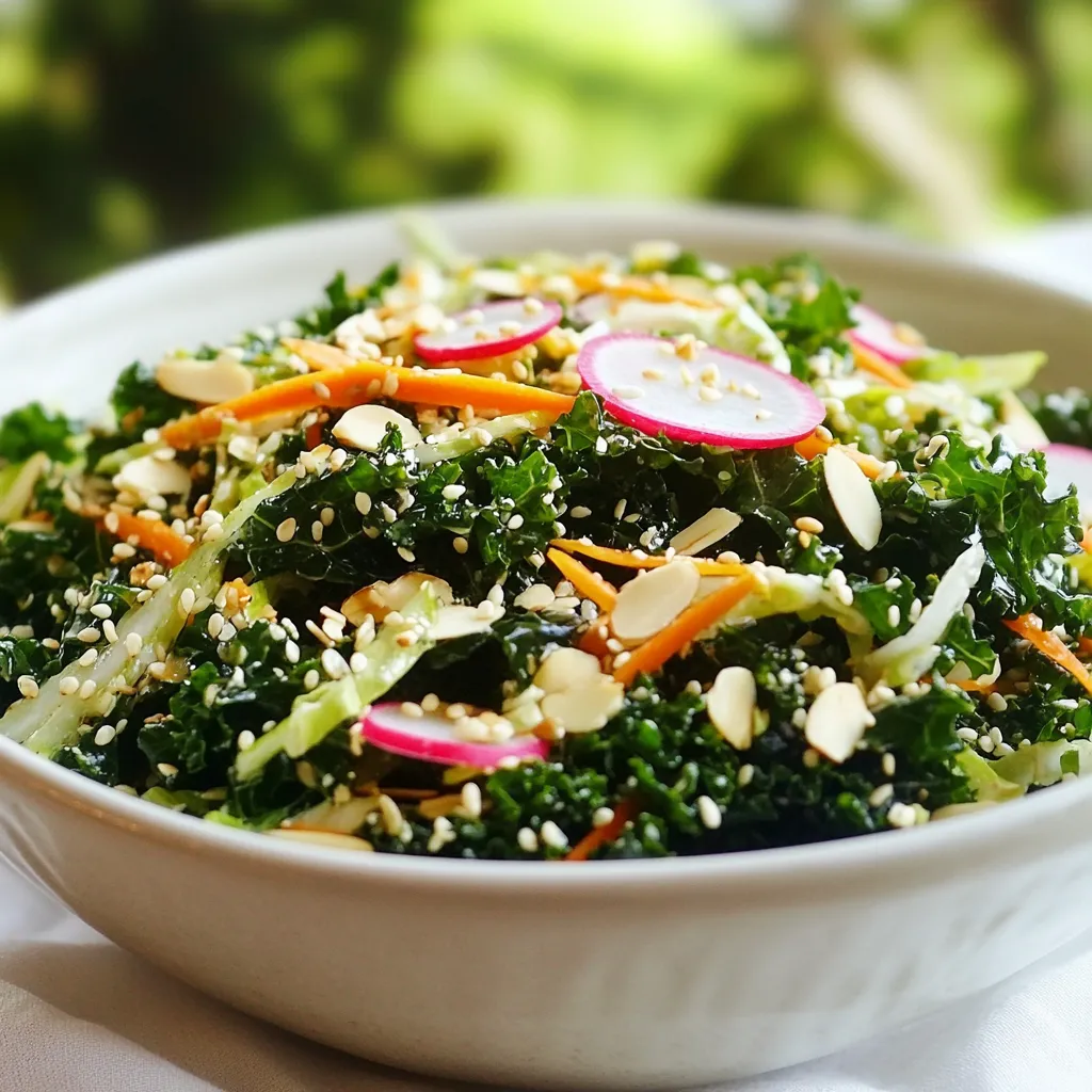 - 4 cups kale, stems removed and leaves chopped - 1 cup green cabbage, shredded - 1 cup carrots, shredded - 1/2 cup radishes, thinly sliced You’ll find that kale is the star of this salad. It is packed with vitamins and minerals. I love using fresh, crunchy kale. Its deep green leaves provide a great base. Green cabbage adds a nice crunch and sweetness. Carrots bring vibrant color and extra nutrients. Radishes add a peppery bite that wakes up the salad. - 1/4 cup almond slivers, toasted - 1/4 cup sesame seeds, toasted For crunch, I add toasted almond slivers and sesame seeds. Almonds give a nutty flavor and a satisfying crunch. The sesame seeds enhance the salad’s taste and look. Both add great texture and make each bite fun. - 1/3 cup miso paste (white or yellow) - 2 tablespoons rice vinegar - 2 tablespoons soy sauce (or tamari for gluten-free) - 1 tablespoon sesame oil - 1 tablespoon honey or maple syrup - 1 tablespoon water The dressing is where the magic happens. Miso paste gives it a rich umami flavor. Rice vinegar adds a tartness that balances it all out. Soy sauce or tamari adds depth and a bit of saltiness. Sesame oil brings a lovely nutty aroma. Honey or maple syrup adds just the right sweetness. Water helps to achieve a smooth, creamy dressing. Together, these ingredients make the salad shine. {{ingredient_image_1}} Start by washing your kale, cabbage, carrots, and radishes. Make sure they are clean and free from dirt. After washing, chop the kale leaves and shred the cabbage and carrots. Slice the radishes thinly. Next, you need to massage the kale. This step is key. Take the chopped kale and place it in a large bowl. With clean hands, gently squeeze and rub the leaves for about 2-3 minutes. This softens the kale and brings out its flavor. You will notice the leaves change color and texture. In a separate bowl, prepare your dressing. Combine the miso paste, rice vinegar, soy sauce, sesame oil, and honey or maple syrup. Whisk these ingredients together until you have a smooth and creamy mix. If the dressing is too thick, add a tablespoon of water to thin it out. Adjust the water until you reach your preferred consistency. Now it is time to bring everything together. Pour the miso dressing over the kale mixture. Toss the salad gently. Make sure all the veggies get coated well with the dressing. Next, add the toasted almond slivers and sesame seeds to the salad. Mix them in, but save a few for later to garnish. Finally, season your salad with salt and pepper. Taste it to see if it needs more. If you have time, let the salad sit for about 10 minutes. This allows the flavors to blend nicely. Massaging kale is key to a great salad. It softens the leaves and brings out their flavor. Use your hands to gently squeeze and rub the kale for about 2-3 minutes. This helps break down the tough fibers. With each massage, you will notice a change in texture and taste. Adjusting the dressing thickness is also important. If it's too thick, add a little water. A thinner dressing coats the salad better. Aim for a creamy consistency that clings to the veggies without being runny. This gives each bite a burst of flavor. Serving styles can elevate your dish. You can serve the salad in a large bowl for family-style dining. Alternatively, for individual plates, scoop portions into smaller bowls. Garnishing ideas add a nice touch. A sprinkle of radish slices on top gives color. A few toasted almond slivers and sesame seeds add crunch. These finishing touches make your salad look as good as it tastes. This salad is packed with healthy ingredients. Kale is rich in vitamins A, C, and K. It boosts your immune system and supports bone health. Green cabbage and carrots add fiber and antioxidants. Miso paste brings probiotics to the table. These good bacteria help your gut health. Sesame seeds offer healthy fats and are high in calcium. Together, these components make this salad both nutritious and delicious. Pro Tips Massage the Kale: Massaging the kale for a few minutes not only softens the leaves but also releases its natural flavors, making the salad more enjoyable. Adjust Dressing Consistency: If your dressing is too thick, add a little more water, one teaspoon at a time, until you reach your desired consistency. Let It Marinate: Allowing the salad to sit for about 10 minutes after mixing gives the flavors time to meld together for a more delicious experience. Toast Your Nuts and Seeds: Toasting the almond slivers and sesame seeds enhances their flavor and adds a delightful crunch to your salad. {{image_2}} You can switch up the greens in this salad. Instead of kale, try spinach or arugula. Both greens add a fresh taste. You can also use collard greens for a heartier bite. For veggies, swap green cabbage with purple cabbage for color. Zucchini ribbons also work well if you want something different. When it comes to nuts and seeds, you have options. Try walnuts or pecans instead of almonds. They add a nice crunch and flavor. Sunflower seeds or pumpkin seeds are great for a nut-free salad. You can make this salad vegan by replacing honey with maple syrup. This keeps it sweet and tasty. If you're watching your sodium, use low-sodium soy sauce or tamari. Want a spicy kick? Add a pinch of red pepper flakes or a dash of sriracha to the dressing. For a citrus twist, mix in some fresh lemon or lime juice. Both add brightness to the salad. This salad shines as a side dish but can also be a meal. Pair it with grilled chicken, tofu, or shrimp for protein. It makes a great lunch option when you add protein. To make it a main dish, add quinoa or brown rice for extra fiber. You can even toss in some chickpeas for a filling boost. The salad stays fresh and tasty, making it perfect for meal prep. To keep your Sesame Miso Kale Crunch Salad fresh, store leftovers in the fridge. Place the salad in an airtight container. This helps keep the ingredients crisp. Eat the salad within three days for the best taste. To keep ingredients fresh, separate the dressing from the salad. Store the dressing in a small jar. When you're ready to eat, mix it with the salad. This keeps the kale and veggies from wilting. If you want to save ingredients for later, consider freezing some items. You can freeze shredded carrots and chopped cabbage. Place them in freezer bags and remove all air. They can last up to three months this way. When you're ready to use frozen ingredients, thaw them in the fridge overnight. Reheat them gently in a pan or microwave. Avoid reheating kale, as it can become mushy. How long does the salad stay fresh? The salad stays good for about three days in the fridge. After that, the kale loses its crunch and flavor. Look for signs of spoilage. If the salad smells sour or looks slimy, it's best to throw it away. Fresh ingredients make a big difference in taste and texture. Enjoy your salad while it's at its best! To reduce bitterness in kale, massage the leaves first. This helps break down tough fibers. Use your hands and knead the kale for about 2-3 minutes. As you do this, the leaves will soften and taste sweeter. You can also add a sweetener, like honey or maple syrup, in the dressing. This will further balance the flavors. Yes, you can prepare this salad ahead. Chop the veggies and store them in a sealed container. Keep the dressing separate until you are ready to serve. This keeps the salad crisp. If you want, you can mix the salad and dressing a few hours before serving. Just make sure to give it a toss again for even flavor. Yes, you can make the dressing gluten-free. Use tamari instead of soy sauce. Tamari is a gluten-free alternative that still adds great flavor. Always check labels to be sure. If you are unsure about other ingredients, feel free to ask for gluten-free options. This blog post covered making a fresh, delicious salad with simple ingredients. We discussed the veggies, crunchy nuts, and tasty dressing components that make this salad shine. You learned step-by-step instructions, flavor tips, and presentation ideas. Eating healthy doesn’t have to be hard. Feel free to swap ingredients or dressings to fit your taste. Enjoy this salad as a side or main dish. Remember to store it properly for the best taste and freshness. Dive in and create your own tasty version!