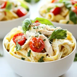 For this dish, I recommend using 8 ounces of fettuccine. You can also use any pasta you like. Options like penne or spaghetti work great too. Cooking it until it is al dente gives the best texture. You will need 2 boneless, skinless chicken breasts. Slice them into thin pieces for even cooking. For the creamy sauce, use 1 cup of heavy cream. This adds richness to the dish. You will also need 1/2 cup of grated Parmesan cheese. This cheese adds flavor and helps thicken the sauce. Aromatics are key for taste. Use 3 cloves of minced garlic. The smell of garlic while cooking is wonderful. For seasoning, grab salt and pepper to taste. You can also add 1/4 teaspoon of red pepper flakes if you want some heat. Lastly, use 1 cup of fresh basil leaves, chopped. This gives the dish a fresh and vibrant flavor. Don’t forget cherry tomatoes for garnish! {{ingredient_image_1}} Start by boiling water in a large pot. Add a generous amount of salt. Once the water bubbles, toss in 8 oz of fettuccine. Cook according to the package, usually about 8-10 minutes. You want it al dente, firm but tender. Reserve 1/2 cup of the pasta water before draining. Set the pasta aside. In a large skillet, heat 2 tablespoons of olive oil over medium heat. Slice 2 boneless chicken breasts into thin pieces. Once the oil is hot, add the chicken. Season with salt, pepper, and a pinch of red pepper flakes if you like heat. Cook for 5-7 minutes, flipping until golden brown. Ensure the chicken is fully cooked. Remove it from the skillet and put it aside. In the same skillet, add 3 minced garlic cloves. Sauté for about 1 minute until it smells great. Pour in 1 cup of heavy cream and bring it to a gentle simmer. Stir in 1 cup of chopped fresh basil and 1/2 cup of grated Parmesan cheese. Mix well and let it simmer for 2-3 minutes. This helps the sauce thicken and develop flavor. Add the cooked pasta and chicken back into the skillet. Toss everything together until coated. If it's too thick, add some reserved pasta water to get your desired creaminess. To get a smooth and creamy sauce, start with heavy cream. It gives richness to the dish. When you add the cream, let it simmer slowly. This helps it thicken nicely. If the sauce is too thick, add some reserved pasta water. This will help loosen it up without losing flavor. Fresh basil is key to this dish. Use whole leaves and chop them just before adding to the sauce. This keeps the flavor bright and fresh. You can also add a pinch of lemon zest. It brings out the basil's natural sweetness. If you want more basil taste, add extra chopped leaves once the dish is ready. For this recipe, you need a large pot for the pasta. A big skillet works best for the chicken and sauce. A wooden spoon is great for stirring. Use a sharp knife for chopping the basil. Lastly, keep a measuring cup handy for the pasta water and cream. This setup makes cooking easy and fun! Pro Tips Use Fresh Basil: Always opt for fresh basil over dried for a vibrant flavor that elevates the dish. Perfectly Cooked Pasta: Cook pasta until al dente for the best texture. This helps it hold up better when mixed with the sauce. Adjust Sauce Consistency: If the sauce is too thick, adding reserved pasta water gradually helps achieve the desired creaminess. Enhance Presentation: Garnish with additional basil and Parmesan for a beautiful finish that looks as good as it tastes. {{image_2}} You can switch the chicken for other proteins. Shrimp adds a nice twist. Cook the shrimp for about 3-4 minutes. You can also use turkey or tofu. Both options give a different but tasty flavor. For a heartier meal, try using sausage. Just slice it thin and cook it well. If you need to avoid gluten, use gluten-free pasta. There are many great options today. Look for brands made from rice or chickpeas. They cook differently, so check the package for time. This way, you can enjoy creamy basil pasta without worry. Adding veggies boosts nutrition and flavor. Spinach or kale works well. Toss them in during the last minute of cooking pasta. You can also add bell peppers or zucchini. Just sauté them with the chicken. They will give a fresh taste to your dish. Once you finish your creamy basil chicken pasta, let it cool. Place it in an airtight container. It can stay fresh in the fridge for up to three days. Make sure to store it right away to keep it safe. You can freeze creamy basil chicken pasta, but texture may change. Let it cool completely first. Then, use a freezer-safe container. It can last up to three months in the freezer. When you’re ready to eat, thaw it in the fridge overnight. To reheat, use a microwave or a skillet. If using a microwave, heat in short bursts. Stir in between to warm it evenly. If using a skillet, add a splash of water or cream. This helps restore the creaminess. Heat on low until hot, stirring often. Enjoy your delicious meal again! Yes, you can use dried basil. However, fresh basil has a brighter flavor. Use about one tablespoon of dried basil to replace one cup of fresh basil. Dried herbs are more concentrated, so use less. If you decide to use dried basil, add it early in the cooking process. This allows it to release its flavor. If you need a substitute for heavy cream, try using half-and-half. It has less fat but works in sauces. You can also mix milk with butter to create a creamy base. Combine 3/4 cup of milk with 1/4 cup of melted butter for a good option. For a lighter dish, use Greek yogurt or cashew cream. Creamy pasta lasts about three to four days in the fridge. Store it in an airtight container to keep it fresh. When reheating, add a splash of water or more cream to restore the sauce's texture. Avoid leaving it out at room temperature for more than two hours. In this post, we explored the key ingredients and step-by-step instructions for making creamy pasta. I shared tips for a rich texture and enhancing flavors. You learned about variations like protein swaps and gluten-free options. Finally, I provided storage tips to keep your dish fresh. Cooking creamy pasta is simple and rewarding. Now, you have the tools to impress anyone at your table. Enjoy your culinary adventure!