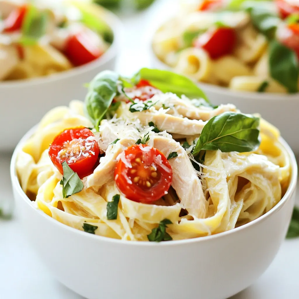 For this dish, I recommend using 8 ounces of fettuccine. You can also use any pasta you like. Options like penne or spaghetti work great too. Cooking it until it is al dente gives the best texture. You will need 2 boneless, skinless chicken breasts. Slice them into thin pieces for even cooking. For the creamy sauce, use 1 cup of heavy cream. This adds richness to the dish. You will also need 1/2 cup of grated Parmesan cheese. This cheese adds flavor and helps thicken the sauce. Aromatics are key for taste. Use 3 cloves of minced garlic. The smell of garlic while cooking is wonderful. For seasoning, grab salt and pepper to taste. You can also add 1/4 teaspoon of red pepper flakes if you want some heat. Lastly, use 1 cup of fresh basil leaves, chopped. This gives the dish a fresh and vibrant flavor. Don’t forget cherry tomatoes for garnish! {{ingredient_image_1}} Start by boiling water in a large pot. Add a generous amount of salt. Once the water bubbles, toss in 8 oz of fettuccine. Cook according to the package, usually about 8-10 minutes. You want it al dente, firm but tender. Reserve 1/2 cup of the pasta water before draining. Set the pasta aside. In a large skillet, heat 2 tablespoons of olive oil over medium heat. Slice 2 boneless chicken breasts into thin pieces. Once the oil is hot, add the chicken. Season with salt, pepper, and a pinch of red pepper flakes if you like heat. Cook for 5-7 minutes, flipping until golden brown. Ensure the chicken is fully cooked. Remove it from the skillet and put it aside. In the same skillet, add 3 minced garlic cloves. Sauté for about 1 minute until it smells great. Pour in 1 cup of heavy cream and bring it to a gentle simmer. Stir in 1 cup of chopped fresh basil and 1/2 cup of grated Parmesan cheese. Mix well and let it simmer for 2-3 minutes. This helps the sauce thicken and develop flavor. Add the cooked pasta and chicken back into the skillet. Toss everything together until coated. If it's too thick, add some reserved pasta water to get your desired creaminess. To get a smooth and creamy sauce, start with heavy cream. It gives richness to the dish. When you add the cream, let it simmer slowly. This helps it thicken nicely. If the sauce is too thick, add some reserved pasta water. This will help loosen it up without losing flavor. Fresh basil is key to this dish. Use whole leaves and chop them just before adding to the sauce. This keeps the flavor bright and fresh. You can also add a pinch of lemon zest. It brings out the basil's natural sweetness. If you want more basil taste, add extra chopped leaves once the dish is ready. For this recipe, you need a large pot for the pasta. A big skillet works best for the chicken and sauce. A wooden spoon is great for stirring. Use a sharp knife for chopping the basil. Lastly, keep a measuring cup handy for the pasta water and cream. This setup makes cooking easy and fun! Pro Tips Use Fresh Basil: Always opt for fresh basil over dried for a vibrant flavor that elevates the dish. Perfectly Cooked Pasta: Cook pasta until al dente for the best texture. This helps it hold up better when mixed with the sauce. Adjust Sauce Consistency: If the sauce is too thick, adding reserved pasta water gradually helps achieve the desired creaminess. Enhance Presentation: Garnish with additional basil and Parmesan for a beautiful finish that looks as good as it tastes. {{image_2}} You can switch the chicken for other proteins. Shrimp adds a nice twist. Cook the shrimp for about 3-4 minutes. You can also use turkey or tofu. Both options give a different but tasty flavor. For a heartier meal, try using sausage. Just slice it thin and cook it well. If you need to avoid gluten, use gluten-free pasta. There are many great options today. Look for brands made from rice or chickpeas. They cook differently, so check the package for time. This way, you can enjoy creamy basil pasta without worry. Adding veggies boosts nutrition and flavor. Spinach or kale works well. Toss them in during the last minute of cooking pasta. You can also add bell peppers or zucchini. Just sauté them with the chicken. They will give a fresh taste to your dish. Once you finish your creamy basil chicken pasta, let it cool. Place it in an airtight container. It can stay fresh in the fridge for up to three days. Make sure to store it right away to keep it safe. You can freeze creamy basil chicken pasta, but texture may change. Let it cool completely first. Then, use a freezer-safe container. It can last up to three months in the freezer. When you’re ready to eat, thaw it in the fridge overnight. To reheat, use a microwave or a skillet. If using a microwave, heat in short bursts. Stir in between to warm it evenly. If using a skillet, add a splash of water or cream. This helps restore the creaminess. Heat on low until hot, stirring often. Enjoy your delicious meal again! Yes, you can use dried basil. However, fresh basil has a brighter flavor. Use about one tablespoon of dried basil to replace one cup of fresh basil. Dried herbs are more concentrated, so use less. If you decide to use dried basil, add it early in the cooking process. This allows it to release its flavor. If you need a substitute for heavy cream, try using half-and-half. It has less fat but works in sauces. You can also mix milk with butter to create a creamy base. Combine 3/4 cup of milk with 1/4 cup of melted butter for a good option. For a lighter dish, use Greek yogurt or cashew cream. Creamy pasta lasts about three to four days in the fridge. Store it in an airtight container to keep it fresh. When reheating, add a splash of water or more cream to restore the sauce's texture. Avoid leaving it out at room temperature for more than two hours. In this post, we explored the key ingredients and step-by-step instructions for making creamy pasta. I shared tips for a rich texture and enhancing flavors. You learned about variations like protein swaps and gluten-free options. Finally, I provided storage tips to keep your dish fresh. Cooking creamy pasta is simple and rewarding. Now, you have the tools to impress anyone at your table. Enjoy your culinary adventure!