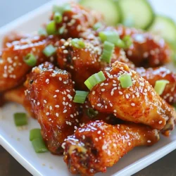 - 2 lbs chicken wings - 1 tablespoon sesame oil - 2 tablespoons gochujang (Korean chili paste) - 2 tablespoons soy sauce - 3 tablespoons honey - 1 tablespoon rice vinegar - 4 cloves garlic, minced - 1 teaspoon ginger, grated - 1 tablespoon sesame seeds - 2 green onions, chopped (for garnish) - Salt and pepper to taste These ingredients create a balance of heat, sweetness, and depth. Gochujang gives the dish its spicy kick. The honey adds a nice touch of sweetness. Sesame oil enhances the flavors with its nutty taste. Garlic and ginger bring warmth and freshness. Using fresh ingredients will make your wings taste even better. I suggest using quality chicken wings for the best results. You can find gochujang at most Asian grocery stores. If you canβt find it, you may try other chili pastes, but they won't have the same flavor. Prepare these ingredients before you start cooking. Having everything ready will make the process easier and more enjoyable. Enjoy the bold flavors of these spicy Korean chicken wings! {{ingredient_image_1}} First, set your oven to 425Β°F (220Β°C). This helps the wings cook just right. Grab a baking sheet and line it with parchment paper. This makes cleanup easy later on. Next, letβs make the marinade. In a bowl, mix together these ingredients: - 2 tablespoons gochujang (Korean chili paste) - 2 tablespoons soy sauce - 3 tablespoons honey - 1 tablespoon rice vinegar - 1 tablespoon sesame oil - 4 cloves garlic, minced - 1 teaspoon ginger, grated - Salt and pepper to taste Stir everything until it blends well. The marinade should smell spicy and sweet! Now, take the chicken wings and put them in a large mixing bowl. Pour the marinade over the wings. Toss them well so every wing gets coated. Let them sit for at least 30 minutes. For even more flavor, marinate them in the fridge for up to 2 hours. Once marinated, lay the wings in a single layer on your baking sheet. Bake them in the oven for about 30 to 35 minutes. Flip the wings halfway through. This helps them cook evenly and get crispy. After baking, take the wings out of the oven. Sprinkle sesame seeds and chopped green onions on top. These add flavor and a nice look! Serve the wings hot. Pair them with cucumber sticks or a yogurt dip. This cools down the spice and makes a perfect match! For crispy wings, the oven plays a big role. Preheat your oven to 425Β°F (220Β°C). Use a baking sheet lined with parchment paper. This helps with cleanup and promotes even cooking. Arrange the wings in a single layer, giving them space. This allows hot air to circulate and crisp them up. Flip the wings halfway through baking. This ensures both sides get golden brown. Want to kick up the flavor? Try adding some spices or sauces. A touch of smoked paprika gives a nice depth. You can also mix in some cayenne pepper for extra heat. Want a sweet twist? Add a bit of brown sugar to the marinade. Experiment with sesame oil or rice vinegar for a unique taste. Marinating is key for flavor. I suggest marinating the wings for at least 30 minutes. If you have time, let them soak for up to 2 hours. This extra time allows the flavors to soak in deeply. Use a large mixing bowl to toss the wings with the marinade. Make sure each wing is fully coated for the best taste. Pro Tips Marinate for Maximum Flavor: Let the wings marinate for at least 2 hours, if possible, to allow the flavors to penetrate deeply into the meat. Adjust the Heat Level: If you prefer a milder flavor, reduce the amount of gochujang or add a touch of ketchup to balance the spice. Get Extra Crispy: For even crispier wings, broil them for the last 3-5 minutes of cooking, watching closely to prevent burning. Perfect Pairings: Serve your wings with a side of pickled vegetables or a cooling ranch dip to enhance the overall dining experience. {{image_2}} You can swap some key ingredients if needed. Here are some ideas: - Chicken Wings: Use drumsticks or thighs for a different texture. - Gochujang: Try sriracha or chili garlic sauce for a new kick. - Soy Sauce: Use tamari for a gluten-free option. - Honey: Maple syrup or agave can work well for sweetness. - Rice Vinegar: Apple cider vinegar is a good substitute. These swaps can still give you that spicy Korean flavor. You can cook these wings in several ways: - Frying: Heat oil in a deep pan. Fry the wings for 8-10 minutes until crispy. - Grilling: Preheat your grill. Grill the wings for 25-30 minutes, turning often. Both methods add a smoky flavor and a crispy texture. Experiment with different Korean styles to change the flavor. Here are a few ideas: - Sweet and Spicy: Add more honey for sweetness and balance. - Garlic Lovers: Increase the garlic for a strong, bold taste. - Sesame Twist: Add more sesame oil for a nutty flavor. These variations can keep your cooking fun and exciting! To keep your spicy Korean chicken wings fresh, place them in an airtight container. You can store them in the fridge for up to 3 days. If you want to keep them longer, consider freezing them. Make sure they are completely cool before you store them. This helps prevent any moisture build-up. To reheat your wings, the best method is the oven. Preheat your oven to 350Β°F (175Β°C). Place the wings on a baking sheet and heat them for about 10-15 minutes. This keeps them crispy and tasty. You can also use an air fryer if you have one. Heat them at 350Β°F for about 5-7 minutes. If you want to freeze your wings, follow these steps. First, let them cool completely. Then, place them in a freezer-safe bag or container. Remove as much air as you can. Label the bag with the date. You can freeze them for up to 3 months. When you're ready to eat, thaw them in the fridge overnight. Reheat them as mentioned above for the best taste. Gochujang is a thick Korean chili paste. It adds heat and depth to dishes. It is made from red chili powder, glutinous rice, fermented soybeans, and salt. You can find gochujang in most Asian markets. Many grocery stores also carry it in the international aisle. Look for jars that are labeled "gochujang." It works well in marinades, stews, and sauces. Yes, you can use frozen chicken wings. Just remember to thaw them first. Thaw in the fridge overnight for best results. You can also use the microwave for a quick thaw. Ensure they are fully thawed before marinating. This helps the marinade soak in better. Frozen wings may take a bit longer to cook, so check for doneness. These wings pair well with many sides. Try serving them with cucumber sticks for crunch. A cooling yogurt dip also helps balance the heat. Other good options include pickled vegetables or a simple salad. Rice or noodles can also make a hearty meal with the wings. Feel free to get creative with your side dishes! These wings have a nice kick from the gochujang. The spice level is moderate, making them enjoyable for most. If you prefer less heat, reduce the amount of gochujang. You can also add more honey to sweeten the sauce. Serve with a cooling side to help manage the spice. Adjust to your taste for the perfect balance! You learned how to make spicy Korean chicken wings with simple steps. We covered the key ingredients, including the marinade, and shared tips for crispy results. Remember to experiment with flavors and cooking methods for variety. Save leftovers properly and reheat them for tasty snacks. With these tips, you can impress your friends and enjoy great meals. Dive into this cooking adventure, and enjoy every bite of your delicious wings!