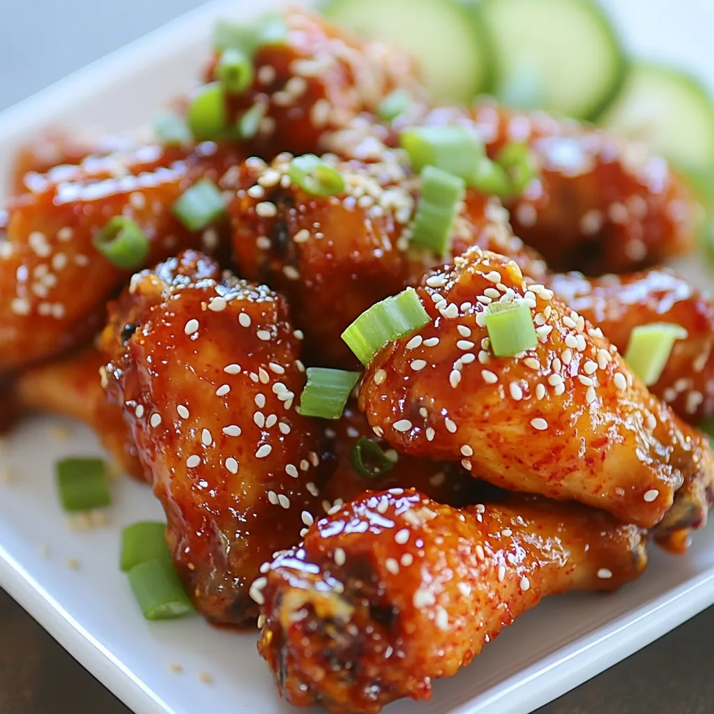 - 2 lbs chicken wings - 1 tablespoon sesame oil - 2 tablespoons gochujang (Korean chili paste) - 2 tablespoons soy sauce - 3 tablespoons honey - 1 tablespoon rice vinegar - 4 cloves garlic, minced - 1 teaspoon ginger, grated - 1 tablespoon sesame seeds - 2 green onions, chopped (for garnish) - Salt and pepper to taste These ingredients create a balance of heat, sweetness, and depth. Gochujang gives the dish its spicy kick. The honey adds a nice touch of sweetness. Sesame oil enhances the flavors with its nutty taste. Garlic and ginger bring warmth and freshness. Using fresh ingredients will make your wings taste even better. I suggest using quality chicken wings for the best results. You can find gochujang at most Asian grocery stores. If you canβt find it, you may try other chili pastes, but they won't have the same flavor. Prepare these ingredients before you start cooking. Having everything ready will make the process easier and more enjoyable. Enjoy the bold flavors of these spicy Korean chicken wings! {{ingredient_image_1}} First, set your oven to 425Β°F (220Β°C). This helps the wings cook just right. Grab a baking sheet and line it with parchment paper. This makes cleanup easy later on. Next, letβs make the marinade. In a bowl, mix together these ingredients: - 2 tablespoons gochujang (Korean chili paste) - 2 tablespoons soy sauce - 3 tablespoons honey - 1 tablespoon rice vinegar - 1 tablespoon sesame oil - 4 cloves garlic, minced - 1 teaspoon ginger, grated - Salt and pepper to taste Stir everything until it blends well. The marinade should smell spicy and sweet! Now, take the chicken wings and put them in a large mixing bowl. Pour the marinade over the wings. Toss them well so every wing gets coated. Let them sit for at least 30 minutes. For even more flavor, marinate them in the fridge for up to 2 hours. Once marinated, lay the wings in a single layer on your baking sheet. Bake them in the oven for about 30 to 35 minutes. Flip the wings halfway through. This helps them cook evenly and get crispy. After baking, take the wings out of the oven. Sprinkle sesame seeds and chopped green onions on top. These add flavor and a nice look! Serve the wings hot. Pair them with cucumber sticks or a yogurt dip. This cools down the spice and makes a perfect match! For crispy wings, the oven plays a big role. Preheat your oven to 425Β°F (220Β°C). Use a baking sheet lined with parchment paper. This helps with cleanup and promotes even cooking. Arrange the wings in a single layer, giving them space. This allows hot air to circulate and crisp them up. Flip the wings halfway through baking. This ensures both sides get golden brown. Want to kick up the flavor? Try adding some spices or sauces. A touch of smoked paprika gives a nice depth. You can also mix in some cayenne pepper for extra heat. Want a sweet twist? Add a bit of brown sugar to the marinade. Experiment with sesame oil or rice vinegar for a unique taste. Marinating is key for flavor. I suggest marinating the wings for at least 30 minutes. If you have time, let them soak for up to 2 hours. This extra time allows the flavors to soak in deeply. Use a large mixing bowl to toss the wings with the marinade. Make sure each wing is fully coated for the best taste. Pro Tips Marinate for Maximum Flavor: Let the wings marinate for at least 2 hours, if possible, to allow the flavors to penetrate deeply into the meat. Adjust the Heat Level: If you prefer a milder flavor, reduce the amount of gochujang or add a touch of ketchup to balance the spice. Get Extra Crispy: For even crispier wings, broil them for the last 3-5 minutes of cooking, watching closely to prevent burning. Perfect Pairings: Serve your wings with a side of pickled vegetables or a cooling ranch dip to enhance the overall dining experience. {{image_2}} You can swap some key ingredients if needed. Here are some ideas: - Chicken Wings: Use drumsticks or thighs for a different texture. - Gochujang: Try sriracha or chili garlic sauce for a new kick. - Soy Sauce: Use tamari for a gluten-free option. - Honey: Maple syrup or agave can work well for sweetness. - Rice Vinegar: Apple cider vinegar is a good substitute. These swaps can still give you that spicy Korean flavor. You can cook these wings in several ways: - Frying: Heat oil in a deep pan. Fry the wings for 8-10 minutes until crispy. - Grilling: Preheat your grill. Grill the wings for 25-30 minutes, turning often. Both methods add a smoky flavor and a crispy texture. Experiment with different Korean styles to change the flavor. Here are a few ideas: - Sweet and Spicy: Add more honey for sweetness and balance. - Garlic Lovers: Increase the garlic for a strong, bold taste. - Sesame Twist: Add more sesame oil for a nutty flavor. These variations can keep your cooking fun and exciting! To keep your spicy Korean chicken wings fresh, place them in an airtight container. You can store them in the fridge for up to 3 days. If you want to keep them longer, consider freezing them. Make sure they are completely cool before you store them. This helps prevent any moisture build-up. To reheat your wings, the best method is the oven. Preheat your oven to 350Β°F (175Β°C). Place the wings on a baking sheet and heat them for about 10-15 minutes. This keeps them crispy and tasty. You can also use an air fryer if you have one. Heat them at 350Β°F for about 5-7 minutes. If you want to freeze your wings, follow these steps. First, let them cool completely. Then, place them in a freezer-safe bag or container. Remove as much air as you can. Label the bag with the date. You can freeze them for up to 3 months. When you're ready to eat, thaw them in the fridge overnight. Reheat them as mentioned above for the best taste. Gochujang is a thick Korean chili paste. It adds heat and depth to dishes. It is made from red chili powder, glutinous rice, fermented soybeans, and salt. You can find gochujang in most Asian markets. Many grocery stores also carry it in the international aisle. Look for jars that are labeled "gochujang." It works well in marinades, stews, and sauces. Yes, you can use frozen chicken wings. Just remember to thaw them first. Thaw in the fridge overnight for best results. You can also use the microwave for a quick thaw. Ensure they are fully thawed before marinating. This helps the marinade soak in better. Frozen wings may take a bit longer to cook, so check for doneness. These wings pair well with many sides. Try serving them with cucumber sticks for crunch. A cooling yogurt dip also helps balance the heat. Other good options include pickled vegetables or a simple salad. Rice or noodles can also make a hearty meal with the wings. Feel free to get creative with your side dishes! These wings have a nice kick from the gochujang. The spice level is moderate, making them enjoyable for most. If you prefer less heat, reduce the amount of gochujang. You can also add more honey to sweeten the sauce. Serve with a cooling side to help manage the spice. Adjust to your taste for the perfect balance! You learned how to make spicy Korean chicken wings with simple steps. We covered the key ingredients, including the marinade, and shared tips for crispy results. Remember to experiment with flavors and cooking methods for variety. Save leftovers properly and reheat them for tasty snacks. With these tips, you can impress your friends and enjoy great meals. Dive into this cooking adventure, and enjoy every bite of your delicious wings!