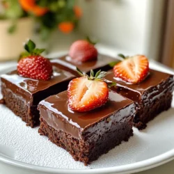 To make tasty chocolate covered strawberry brownies, gather these key ingredients: - 1 cup unsalted butter, melted - 2 cups granulated sugar - 4 large eggs - 1 teaspoon vanilla extract - 1 cup all-purpose flour - 1/2 cup unsweetened cocoa powder - 1/4 teaspoon salt - 1/4 teaspoon baking powder - 1 cup fresh strawberries, hulled and sliced - 1 cup semi-sweet chocolate chips - 1 tablespoon vegetable oil These ingredients create a rich brownie base with fresh strawberries. The butter gives moisture, while the cocoa provides that deep chocolate flavor. You also need some tools for baking: - 9x13 inch baking pan - Parchment paper (optional) - Mixing bowls - Whisk - Spatula - Microwave-safe bowl These tools help ensure you mix well and bake evenly. The parchment paper makes it easy to lift the brownies out. For an added touch, consider these garnishes: - Additional fresh strawberries - Sprigs of mint - Powdered sugar for dusting These garnishes enhance the look and taste of your brownies. A sprinkle of powdered sugar can make them shine on any table. {{ingredient_image_1}} First, set your oven to 350°F (175°C). This step warms the oven for even baking. Next, grab a 9x13 inch baking pan. You can grease it with butter or line it with parchment paper. Lining the pan helps with easy removal later. In a large bowl, add 1 cup of melted unsalted butter. Mix in 2 cups of granulated sugar until blended. Add 4 large eggs, one at a time. This helps keep everything mixed well. Stir in 1 teaspoon of vanilla extract for flavor. In another bowl, sift together 1 cup of all-purpose flour, 1/2 cup of cocoa powder, 1/4 teaspoon of salt, and 1/4 teaspoon of baking powder. Gradually add this dry mix to the wet mixture. Stir until just combined. Be careful not to overmix. Gently fold in 1 cup of hulled and sliced strawberries. This adds a fresh taste. Pour the brownie batter into your prepared pan. Spread it evenly with a spatula. Bake for 25-30 minutes. To test for doneness, insert a toothpick into the center. It should come out mostly clean. A few moist crumbs are okay. While the brownies cool, melt 1 cup of semi-sweet chocolate chips with 1 tablespoon of vegetable oil. Use a microwave-safe bowl. Heat in 30-second intervals, stirring in between. Keep going until the chocolate is smooth and melted. After about 10 minutes, pour the melted chocolate over the brownies. Spread it evenly with a spatula. Now, chill the brownies in the refrigerator for at least 30 minutes. This helps the chocolate set. Once firm, slice the brownies into squares. For a fun touch, add extra strawberries on top before serving! When making chocolate covered strawberry brownies, you may face a few common mistakes. First, do not overmix. Overmixing will make the brownies tough. Just stir until you see no dry flour. Second, avoid using cold eggs. Cold eggs can slow the mixing process. Always use room-temperature eggs for better blending. Third, do not skip the chilling step. Chilling helps the chocolate set nicely. Lastly, be careful not to burn the chocolate. Heat it slowly in short bursts. To get the perfect brownie texture, focus on your mixing method. Start with melted butter and sugar. This gives your brownies a fudgy base. When you add eggs, mix them in one at a time. This helps each egg blend well. After blending in the dry ingredients, stop mixing as soon as the flour disappears. This keeps your brownies soft and chewy. Also, use a toothpick to check for doneness. It should come out with a few moist crumbs, not wet batter. Melting chocolate seems easy, but it can be tricky. Use a microwave-safe bowl for safety. Heat the chocolate chips and oil in 30-second intervals. Stir after each interval until smooth. Make sure no water gets into the chocolate, as this can cause it to seize. If you prefer, you can also melt chocolate using a double boiler. This method gives you more control and helps prevent burning. Always let the melted chocolate cool slightly before pouring it over the brownies. This prevents the brownies from melting and losing their shape. Pro Tips Use Fresh Strawberries: Always opt for ripe, fresh strawberries for the best flavor and texture. They add a delightful burst of freshness to the rich chocolate brownie. Prevent Overmixing: When combining the dry and wet ingredients, mix just until combined. Overmixing can lead to dense brownies instead of the desired fudgy texture. Chill for Better Cutting: Chilling the brownies after adding the chocolate topping makes them easier to cut into neat squares. It also helps the chocolate set perfectly. Experiment with Chocolate: Feel free to mix different types of chocolate chips, such as dark or white chocolate, for a unique flavor profile in your brownies. {{image_2}} You can make these brownies gluten-free with simple swaps. Use gluten-free flour instead of all-purpose flour. Many brands offer good blends that work well in baking. This change keeps the brownies tasty and fun. Do remember to check other ingredients for hidden gluten. While strawberries shine here, feel free to explore other fruits too. Raspberries or blueberries add a nice tartness. Just make sure to chop them small. Mix them in the same way you do with strawberries. This adds flavor and color to your brownies. Want a twist? Swap semi-sweet chocolate for dark chocolate. Dark chocolate gives a rich taste and pairs well with the fruit. If you prefer sweeter brownies, use white chocolate instead. Melt it just like the semi-sweet chocolate. Each option changes the taste, making your brownies unique and fun. Store your chocolate covered strawberry brownies in an airtight container. This helps keep them fresh. Place a layer of parchment paper between layers to avoid sticking. Keep the brownies at room temperature for up to three days. For longer storage, place them in the fridge. Remember that cold can change the texture, making them a bit firmer. To freeze, first cut the brownies into squares. Wrap each piece tightly in plastic wrap. Place the wrapped brownies in a freezer-safe bag or container. Label the bag with the date. These brownies can last in the freezer for up to three months. When ready to eat, thaw them in the fridge overnight or at room temperature for a few hours. To enjoy your brownies warm, preheat your oven to 350°F (175°C). Place the brownies on a baking sheet. Heat them for about 10 minutes. You can also use the microwave for a quick warm-up. Heat for about 10 to 15 seconds. Be careful not to overheat, or the chocolate will melt too much. Enjoy the gooey goodness! Yes, you can use frozen strawberries. Just thaw and drain them first. This prevents excess moisture in the brownies. The flavor will still be great, but fresh strawberries taste best. Check your brownies after 25 minutes. Insert a toothpick in the center. If it comes out with a few moist crumbs, they are done. If it comes out wet, bake a few more minutes. You can swap unsalted butter for coconut oil. Use a sugar substitute if you want less sugar. For gluten-free brownies, try almond flour instead of all-purpose flour. Serve the brownies on a nice platter. You can dust them with powdered sugar for a pretty touch. Add whole strawberries or mint leaves for color and flair. These brownies last about three days at room temperature. If you store them in the fridge, they can last up to a week. Just keep them in an airtight container to maintain freshness. You now have all the key steps to make delicious chocolate-covered strawberry brownies. We covered the main ingredients, baking tips, and how to customize your dessert. Remember, mistakes happen, but now you know how to fix them. Store your brownies right, and they will stay fresh. Feel free to experiment with fruits or chocolate types to find your favorite mix. Enjoy every bite, and share these sweet treats with friends and family!