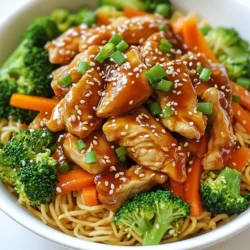 - 2 boneless, skinless chicken breasts - 200g egg noodles - 1 cup broccoli florets - 1 bell pepper, julienned - 1 carrot, julienned - 3 tablespoons teriyaki sauce - 1 tablespoon honey - 1 tablespoon sesame oil - 2 cloves garlic, minced - 1 teaspoon ginger, grated - Salt and pepper to taste - Sesame seeds and green onions for garnish When making sweet teriyaki chicken noodles, the right ingredients make all the difference. I love using fresh, vibrant veggies. They not only add colors but also boost the taste. The chicken is key. Boneless, skinless breasts work best. They cook quickly and stay juicy. Egg noodles are my go-to for this dish. They soak up the sauce well and give a nice texture. For veggies, I choose broccoli, bell pepper, and carrot. They add crunch and nutrients. The sauce blends teriyaki sauce, honey, sesame oil, garlic, and ginger. This mix brings a sweet and savory flavor that pairs perfectly with the chicken and noodles. I also season with salt and pepper to balance the taste. For a finishing touch, I sprinkle sesame seeds and sliced green onions. These add a nice pop of flavor and look great on the plate. Gather all these ingredients before you start. It makes cooking smooth and fun. Trust me; it’s worth it for a delicious meal! {{ingredient_image_1}} First, cook the egg noodles. Follow the package instructions for the best results. Once cooked, drain them well. Set them aside while you prepare the other ingredients. In a mixing bowl, place the sliced chicken. Pour in the teriyaki sauce, honey, minced garlic, and grated ginger. Mix everything well. Let it marinate for at least 15 minutes. This adds great flavor to the chicken. Heat sesame oil in a large skillet over medium-high heat. Once the oil is hot, add the marinated chicken. Cook for about 5 to 7 minutes. The chicken should be cooked through and lightly caramelized. Now, it's time to add the veggies! Stir in the broccoli, bell pepper, and carrot into the skillet. Sauté them for an additional 4 to 5 minutes. This will make them tender-crisp and colorful. Next, add the cooked egg noodles to the skillet. Toss everything together until the noodles are well-coated in the sauce. Season with salt and pepper to taste. This step ensures every bite is packed with flavor. Finally, sprinkle sesame seeds and chopped green onions over the top. Serve your sweet teriyaki chicken noodles right away while they are hot. Enjoy this delicious meal! To make tender chicken, avoid overcooking. Cook it until it turns golden brown, about 5-7 minutes. Use a meat thermometer to check the internal temperature. It should reach 165°F (75°C). When slicing chicken, cut against the grain. This helps make each piece tender. Thin slices cook faster and absorb more flavor. Aim for pieces about 1/4 inch thick for the best texture. For egg noodles, follow package directions closely. Use a large pot of boiling water. Add a pinch of salt to enhance the flavor. Cook until al dente, which means firm to the bite, usually about 4-5 minutes. To prevent sticking, stir the noodles well while cooking. Drain them quickly and rinse under cold water. This stops the cooking process and keeps them from clumping. Broccoli, bell pepper, and carrots work well in this dish. They add color and crunch. You can also try snap peas or bok choy for a different taste. For seasonal freshness, use vegetables that are in season. In spring, add asparagus. In summer, use zucchini or colorful bell peppers. In fall, consider adding chopped kale or squash. Pro Tips Marinate for Flavor: Allow the chicken to marinate for at least 30 minutes for deeper flavor absorption. Vegetable Variations: Feel free to mix and match your favorite vegetables to add color and texture. Perfect Noodle Texture: To prevent the noodles from becoming mushy, rinse them under cold water after cooking. Garnish for Appeal: A sprinkle of fresh herbs like cilantro or basil can elevate the dish visually and tastefully. {{image_2}} You can easily make this dish vegetarian. Just swap chicken for tofu. Tofu adds a nice texture and absorbs flavors well. Use firm tofu for the best results. For sauce adjustments, keep the teriyaki sauce but add a splash of soy sauce. This boosts the umami flavor. You can also add a bit more honey for sweetness. If you need a gluten-free option, use rice noodles or gluten-free egg noodles. Both work great with the sauce. Just be sure to check the labels. For teriyaki sauce, look for gluten-free brands. Some options use coconut aminos instead of soy sauce. This choice adds a slightly sweeter taste. Want to spice things up? Try adding chili flakes or a dash of sriracha. Both options give a nice kick to the meal. When adding heat, balance it with sweetness. If you use sriracha, reduce the honey a little. Finding the right mix makes the dish even better. Sweet teriyaki chicken noodles stay fresh in the fridge for about three days. To store them, place the noodles and chicken in an airtight container. This keeps moisture in and prevents drying out. Make sure to let them cool before sealing to avoid condensation. To freeze sweet teriyaki chicken noodles, follow these steps: - Let the dish cool completely. - Divide the noodles and chicken into portions. - Use freezer bags or airtight containers. - Remove as much air as possible before sealing. For thawing, place the container in the fridge overnight. To reheat, use a microwave or a skillet on medium heat. Add a splash of water to prevent sticking and keep it moist. Leftovers can be fun! Here are some ideas to use them: - Add the noodles to a stir-fry with new veggies for a fresh twist. - Mix them into an omelet for a tasty breakfast. - Use the leftovers as a filling for wraps. You can also prep them for lunch by adding a side salad or steamed veggies. Enjoy your meals without waste! Teriyaki sauce combines soy sauce, mirin, sugar, and sake. It has a sweet and savory taste. You can also add garlic and ginger for more flavor. Homemade teriyaki sauce is fresh and can be adjusted to your taste. Store-bought versions often contain preservatives. They can be convenient but might lack the depth of homemade sauce. Yes, you can prep the chicken and vegetables in advance. Marinate the chicken up to a day ahead. Store it in the fridge for the best flavor. Cook the noodles and vegetables right before serving. This keeps everything fresh. When storing, place leftovers in an airtight container. They will last for about three days in the fridge. To add heat, try incorporating chili flakes or sriracha into the sauce. You can also add sliced jalapeños or fresh garlic for extra spice. Adjust the amount based on your taste. Start with a little and increase as needed. This lets you control the spice without overpowering the dish. Serve these noodles with a side salad or steamed rice. A cucumber salad adds a nice crunch and freshness. You can also try pickled vegetables for tanginess. These sides will complement the sweet and savory flavors of the noodles. Enjoy experimenting with different flavors for a complete meal! This recipe for sweet teriyaki chicken noodles combines chicken, fresh veggies, and delicious sauces. You learned how to prepare the noodles and marinate the chicken. I shared tips to ensure everything turns out perfect. You can easily customize meals for different diets and preferences. Remember to store leftovers wisely and enjoy every bite. Cooking can be fun, and exploring flavors makes it better. Take your time and enjoy this tasty dish!