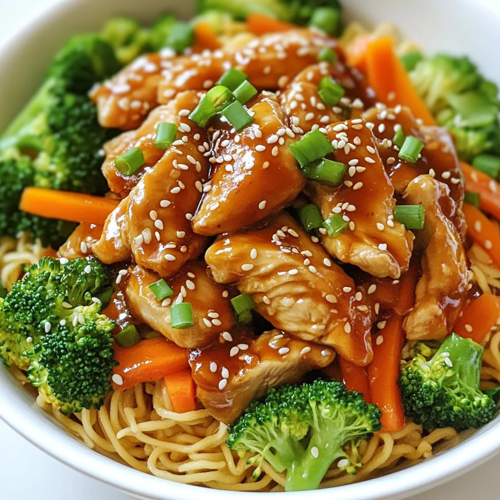 - 2 boneless, skinless chicken breasts - 200g egg noodles - 1 cup broccoli florets - 1 bell pepper, julienned - 1 carrot, julienned - 3 tablespoons teriyaki sauce - 1 tablespoon honey - 1 tablespoon sesame oil - 2 cloves garlic, minced - 1 teaspoon ginger, grated - Salt and pepper to taste - Sesame seeds and green onions for garnish When making sweet teriyaki chicken noodles, the right ingredients make all the difference. I love using fresh, vibrant veggies. They not only add colors but also boost the taste. The chicken is key. Boneless, skinless breasts work best. They cook quickly and stay juicy. Egg noodles are my go-to for this dish. They soak up the sauce well and give a nice texture. For veggies, I choose broccoli, bell pepper, and carrot. They add crunch and nutrients. The sauce blends teriyaki sauce, honey, sesame oil, garlic, and ginger. This mix brings a sweet and savory flavor that pairs perfectly with the chicken and noodles. I also season with salt and pepper to balance the taste. For a finishing touch, I sprinkle sesame seeds and sliced green onions. These add a nice pop of flavor and look great on the plate. Gather all these ingredients before you start. It makes cooking smooth and fun. Trust me; it’s worth it for a delicious meal! {{ingredient_image_1}} First, cook the egg noodles. Follow the package instructions for the best results. Once cooked, drain them well. Set them aside while you prepare the other ingredients. In a mixing bowl, place the sliced chicken. Pour in the teriyaki sauce, honey, minced garlic, and grated ginger. Mix everything well. Let it marinate for at least 15 minutes. This adds great flavor to the chicken. Heat sesame oil in a large skillet over medium-high heat. Once the oil is hot, add the marinated chicken. Cook for about 5 to 7 minutes. The chicken should be cooked through and lightly caramelized. Now, it's time to add the veggies! Stir in the broccoli, bell pepper, and carrot into the skillet. Sauté them for an additional 4 to 5 minutes. This will make them tender-crisp and colorful. Next, add the cooked egg noodles to the skillet. Toss everything together until the noodles are well-coated in the sauce. Season with salt and pepper to taste. This step ensures every bite is packed with flavor. Finally, sprinkle sesame seeds and chopped green onions over the top. Serve your sweet teriyaki chicken noodles right away while they are hot. Enjoy this delicious meal! To make tender chicken, avoid overcooking. Cook it until it turns golden brown, about 5-7 minutes. Use a meat thermometer to check the internal temperature. It should reach 165°F (75°C). When slicing chicken, cut against the grain. This helps make each piece tender. Thin slices cook faster and absorb more flavor. Aim for pieces about 1/4 inch thick for the best texture. For egg noodles, follow package directions closely. Use a large pot of boiling water. Add a pinch of salt to enhance the flavor. Cook until al dente, which means firm to the bite, usually about 4-5 minutes. To prevent sticking, stir the noodles well while cooking. Drain them quickly and rinse under cold water. This stops the cooking process and keeps them from clumping. Broccoli, bell pepper, and carrots work well in this dish. They add color and crunch. You can also try snap peas or bok choy for a different taste. For seasonal freshness, use vegetables that are in season. In spring, add asparagus. In summer, use zucchini or colorful bell peppers. In fall, consider adding chopped kale or squash. Pro Tips Marinate for Flavor: Allow the chicken to marinate for at least 30 minutes for deeper flavor absorption. Vegetable Variations: Feel free to mix and match your favorite vegetables to add color and texture. Perfect Noodle Texture: To prevent the noodles from becoming mushy, rinse them under cold water after cooking. Garnish for Appeal: A sprinkle of fresh herbs like cilantro or basil can elevate the dish visually and tastefully. {{image_2}} You can easily make this dish vegetarian. Just swap chicken for tofu. Tofu adds a nice texture and absorbs flavors well. Use firm tofu for the best results. For sauce adjustments, keep the teriyaki sauce but add a splash of soy sauce. This boosts the umami flavor. You can also add a bit more honey for sweetness. If you need a gluten-free option, use rice noodles or gluten-free egg noodles. Both work great with the sauce. Just be sure to check the labels. For teriyaki sauce, look for gluten-free brands. Some options use coconut aminos instead of soy sauce. This choice adds a slightly sweeter taste. Want to spice things up? Try adding chili flakes or a dash of sriracha. Both options give a nice kick to the meal. When adding heat, balance it with sweetness. If you use sriracha, reduce the honey a little. Finding the right mix makes the dish even better. Sweet teriyaki chicken noodles stay fresh in the fridge for about three days. To store them, place the noodles and chicken in an airtight container. This keeps moisture in and prevents drying out. Make sure to let them cool before sealing to avoid condensation. To freeze sweet teriyaki chicken noodles, follow these steps: - Let the dish cool completely. - Divide the noodles and chicken into portions. - Use freezer bags or airtight containers. - Remove as much air as possible before sealing. For thawing, place the container in the fridge overnight. To reheat, use a microwave or a skillet on medium heat. Add a splash of water to prevent sticking and keep it moist. Leftovers can be fun! Here are some ideas to use them: - Add the noodles to a stir-fry with new veggies for a fresh twist. - Mix them into an omelet for a tasty breakfast. - Use the leftovers as a filling for wraps. You can also prep them for lunch by adding a side salad or steamed veggies. Enjoy your meals without waste! Teriyaki sauce combines soy sauce, mirin, sugar, and sake. It has a sweet and savory taste. You can also add garlic and ginger for more flavor. Homemade teriyaki sauce is fresh and can be adjusted to your taste. Store-bought versions often contain preservatives. They can be convenient but might lack the depth of homemade sauce. Yes, you can prep the chicken and vegetables in advance. Marinate the chicken up to a day ahead. Store it in the fridge for the best flavor. Cook the noodles and vegetables right before serving. This keeps everything fresh. When storing, place leftovers in an airtight container. They will last for about three days in the fridge. To add heat, try incorporating chili flakes or sriracha into the sauce. You can also add sliced jalapeños or fresh garlic for extra spice. Adjust the amount based on your taste. Start with a little and increase as needed. This lets you control the spice without overpowering the dish. Serve these noodles with a side salad or steamed rice. A cucumber salad adds a nice crunch and freshness. You can also try pickled vegetables for tanginess. These sides will complement the sweet and savory flavors of the noodles. Enjoy experimenting with different flavors for a complete meal! This recipe for sweet teriyaki chicken noodles combines chicken, fresh veggies, and delicious sauces. You learned how to prepare the noodles and marinate the chicken. I shared tips to ensure everything turns out perfect. You can easily customize meals for different diets and preferences. Remember to store leftovers wisely and enjoy every bite. Cooking can be fun, and exploring flavors makes it better. Take your time and enjoy this tasty dish!