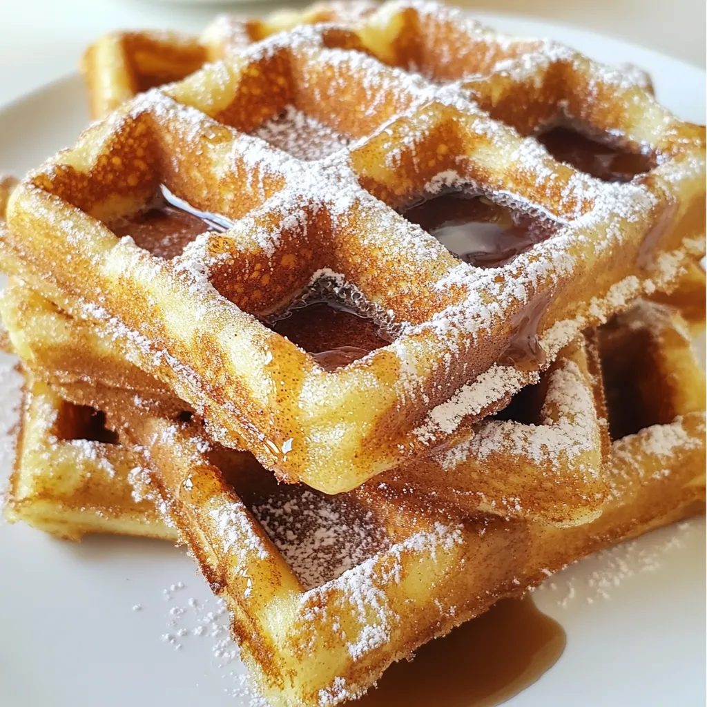 Here is what you need to make these yummy cinnamon sugar churro waffles: - 1 cup all-purpose flour - 1 teaspoon baking powder - 1/2 teaspoon baking soda - 1/4 teaspoon salt - 1 tablespoon granulated sugar - 1/2 cup buttermilk (or milk with a squeeze of lemon) - 1 large egg - 1/4 cup unsalted butter, melted - 1 teaspoon vanilla extract - 1/2 cup water - 1/4 cup granulated sugar (for coating) - 1 teaspoon ground cinnamon (for coating) - Optional: chocolate or caramel sauce for drizzling When measuring flour, spoon it into the cup and level it off. This helps avoid too much flour. If you don't have buttermilk, mix regular milk with a little lemon juice. Let it sit for five minutes to sour. If you want a dairy-free option, use almond milk or coconut milk. Just make sure to add the lemon juice for that tangy flavor. Top your churro waffles with chocolate or caramel sauce for extra sweetness. You can also add whipped cream for a creamy touch. Fresh fruit like strawberries or bananas can make it even better. Try adding nuts for a crunchy bite. Don't forget a sprinkle of extra cinnamon sugar on top to finish! {{ingredient_image_1}} Start by preheating your waffle iron. Follow the instructions that come with your iron. A hot iron helps the waffles cook evenly. You want them to have a crispy outside and a soft inside. In a large bowl, whisk together the dry ingredients. Combine 1 cup of flour, 1 teaspoon of baking powder, 1/2 teaspoon of baking soda, 1/4 teaspoon of salt, and 1 tablespoon of granulated sugar. Mix until well blended. In another bowl, mix the wet ingredients. Stir together 1/2 cup of buttermilk, 1 large egg, 1/4 cup of melted butter, and 1 teaspoon of vanilla extract until smooth. In a small pot, combine 1/2 cup of water, 1/4 cup of sugar, and 1 teaspoon of ground cinnamon. Heat over medium heat until it boils. Stir until the sugar dissolves. Take it off the heat and let it cool for a bit. Pour the wet mixture into the dry mix. Stir gently, just until combined. Then, fold in the cooled cinnamon-sugar mixture. This gives the waffles their churro flavor. Pour some batter into the hot waffle iron and close it. Cook for about 3 to 5 minutes, until golden brown. While the waffles cook, mix 1/4 cup of sugar and 1 teaspoon of cinnamon in a shallow dish. Once the waffles are done, remove them and coat them in the cinnamon-sugar mix. Enjoy them warm, maybe with chocolate or caramel sauce! To get the best texture for your churro waffles, follow these simple steps: - Preheat the waffle iron. A hot iron helps create a crispy outside. - Don’t overmix. Mix the wet and dry ingredients until just combined. A few lumps are okay. - Use buttermilk. It adds moisture and helps the waffles rise well. Avoid these common pitfalls for perfect churro waffles: - Skipping the cinnamon-sugar coating. This step gives the waffles their churro flavor. - Not preheating the waffle iron enough. This can lead to soggy waffles. - Using cold batter. Let the batter sit at room temperature for better cooking. If you want to prepare in advance: - Make the batter ahead. Store it in the fridge for up to 24 hours. - Cook and coat the waffles. You can cook them ahead and keep them warm in the oven. - Store leftovers. Wrap cooked waffles in foil and keep in the fridge for up to three days. Pro Tips Preheat the Waffle Iron: Make sure your waffle iron is fully preheated for crispy, golden-brown churro waffles. Don’t Overmix: Mix the batter until just combined to keep the waffles light and fluffy. A few lumps are okay! Churro Flavor Boost: Add a pinch of nutmeg to the cinnamon-sugar coating for an extra layer of flavor that complements the churro taste. Serve Immediately: For the best texture, serve the waffles right after coating them in cinnamon sugar while they’re still warm. {{image_2}} For a rich twist, add cocoa powder to your batter. Use 1/4 cup of unsweetened cocoa powder. This gives your waffles a chocolate flavor. Mix it with the dry ingredients. After cooking, drizzle with chocolate sauce for extra delight. You can make these waffles nut-free by using oat milk instead of buttermilk. For gluten-free options, swap regular flour with a gluten-free blend. Ensure it has xanthan gum for the right texture. These changes keep the taste yummy and safe for everyone. These churro waffles shine at brunch parties. Serve them with fresh fruit and whipped cream for a fun touch. For a cozy breakfast, pair them with hot chocolate or coffee. They also make a great dessert. Just add a scoop of ice cream on top! After making these delicious churro waffles, you might have some left. To keep them fresh, let the waffles cool down. Then, stack them with parchment paper between each one. Place them in an airtight container. This will help keep them from getting soggy. Store in the fridge for up to three days. When you are ready to enjoy your waffles again, reheating is simple. You can use a toaster or an oven. For the toaster, set it to medium and toast until warm. If using an oven, preheat it to 350°F (175°C). Place the waffles on a baking sheet and warm them for about 5-10 minutes. This keeps them crispy. If you want to save some waffles for later, freezing works great. Place cooled waffles in a single layer on a baking sheet. Freeze them for about 1 hour. After that, transfer them to a freezer bag. Make sure to remove excess air. They can last in the freezer for up to three months. To thaw, take them out and leave them in the fridge overnight. Then, reheat using the methods above. Enjoy your churro waffles anytime! Churro waffles have a unique flavor and texture. They include cinnamon and sugar, which give them a sweet taste. The batter has a hint of churro flavor from the cinnamon-sugar mixture. This makes them richer than regular waffles. Regular waffles are fluffy and plain, while churro waffles are crispy and sweet. You will enjoy the extra crunch and sweetness! Yes, you can use regular milk. To mimic buttermilk, add a squeeze of lemon juice to the milk. Let it sit for a few minutes before using. This will create a slight tang in the batter. Buttermilk helps to make the waffles fluffy and adds flavor. So if you can, use buttermilk for the best results. To make churro waffles crispy, preheat your waffle iron properly. A hot iron cooks the outside well. Also, do not overmix the batter. A few lumps are okay. This allows air pockets to form and helps create a light texture. Finally, coat the waffles in cinnamon-sugar right after cooking to add a crunch. Churro waffles taste great with chocolate or caramel sauce. These sauces add sweetness and richness. You can also try whipped cream or maple syrup for a fun twist. Each sauce brings out the cinnamon flavor in the waffles. Experiment with your favorites to find the perfect match! This blog post covered how to make delicious churro waffles. You learned about the key ingredients, helpful tips, and step-by-step instructions. We discussed fun variations and smart storage ideas too. Churro waffles are a tasty twist on classic waffles. They are great for breakfast or dessert. Try different toppings to make them your own. Enjoy your churro waffle journey!