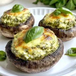 To make pesto ricotta stuffed mushrooms, you will need: - 12 large portobello mushrooms, stems removed - 1 cup ricotta cheese - 1/2 cup basil pesto - 1/4 cup grated Parmesan cheese - 1/4 teaspoon garlic powder - 1/4 teaspoon red pepper flakes (optional for heat) - Salt and pepper to taste - 2 tablespoons olive oil - Fresh basil leaves for garnish Each ingredient plays a key role in the flavor and texture of the dish. - Mushrooms: Choose large portobello mushrooms for a strong base. - Ricotta cheese: This soft cheese adds creaminess. - Basil pesto: Use fresh or jarred pesto for a vibrant taste. - Parmesan cheese: Grated Parmesan adds a savory touch. - Garlic powder: This gives a gentle garlic flavor. - Red pepper flakes: Use these for a spicy kick, if you like. - Salt and pepper: These enhance all flavors. - Olive oil: Brush this on mushrooms for a tasty finish. - Basil leaves: Use fresh basil for a lovely garnish. You can make this dish your own by trying different options. - Cheese: Swap ricotta for goat cheese or cream cheese for a twist. - Veggies: Add spinach or sun-dried tomatoes for extra flavor. - Herbs: Try adding thyme or oregano for more depth. - Nuts: Chopped walnuts or pine nuts can add crunch. - Gluten-free option: Use gluten-free breadcrumbs instead of cheese for a different texture. {{ingredient_image_1}} Start by preheating your oven to 375°F (190°C). This helps cook the mushrooms evenly. Next, get a mixing bowl. In this bowl, combine 1 cup of ricotta cheese, 1/2 cup of basil pesto, and 1/4 cup of grated Parmesan cheese. Add 1/4 teaspoon of garlic powder and 1/4 teaspoon of red pepper flakes if you like heat. Season with salt and pepper to taste. Stir this mix until it's smooth and well-blended. Now, take 12 large portobello mushrooms. Remove the stems gently. Brush them with 2 tablespoons of olive oil. Place the mushrooms cap-side up on a baking sheet. This step keeps the filling in place. Next, fill each mushroom cap with the ricotta-pesto mixture. Make sure to mound it slightly for a generous bite. Once filled, place the baking sheet in your preheated oven. Bake the stuffed mushrooms for 20-25 minutes. You know they’re done when they are tender and the tops look golden and bubbly. After baking, carefully remove the mushrooms from the oven. Let them cool slightly before moving them to a serving plate. This cooling helps avoid burns and allows the flavors to settle. Garnish your stuffed mushrooms with fresh basil leaves for a pop of color. You can serve these mushrooms as a tasty appetizer or a side dish. They pair well with a simple salad or a crusty piece of bread. You can also enjoy them as a light main dish with a side of roasted veggies. Feel free to get creative with your serving ideas! To make your Pesto Ricotta Stuffed Mushrooms shine, focus on quality. Use fresh basil pesto; it adds a vibrant taste. Choose a creamy ricotta cheese for a rich texture. For a little kick, add red pepper flakes. Adjust salt and pepper to suit your taste. Mixing these ingredients well ensures every bite bursts with flavor. Start by choosing large portobello mushrooms. They hold the filling well and have great flavor. Remove the stems gently to avoid breaking the caps. Brush each mushroom with olive oil. This helps them brown nicely in the oven. Bake until tender, about 20-25 minutes. Keep an eye on them to get that golden top. If you have leftovers, store them in an airtight container. Place them in the fridge. They stay fresh for up to three days. Reheat in the oven for the best results. This keeps the mushrooms tender and the filling creamy. You can also enjoy them cold as a tasty snack! Pro Tips Choose the Right Mushrooms: Opt for large, firm portobello mushrooms for the best results. They provide a sturdy base for the filling and offer a rich flavor. Customize Your Filling: Feel free to add other ingredients to the ricotta mixture, such as chopped sun-dried tomatoes or spinach, for extra flavor and nutrition. Perfect Baking Technique: To ensure even cooking, place the mushrooms cap-side up and avoid overcrowding the baking sheet. This allows for better heat circulation. Serve Fresh: For the best taste and texture, serve the stuffed mushrooms immediately after baking. They can lose their appeal if left to sit too long. {{image_2}} You can use different cheeses to change the flavor. Try cream cheese for a richer taste. Goat cheese adds a tangy kick. If you like a stronger taste, use feta cheese. Blend any cheese with ricotta for a creamy texture. You can boost nutrition by adding veggies to your filling. Spinach works great and adds color. Chopped sun-dried tomatoes give a sweet, rich flavor. You can also mix in finely diced bell peppers. Just sauté them briefly before adding to your cheese mix. To make this dish gluten-free, use gluten-free breadcrumbs. You can also skip breadcrumbs entirely for a low-carb option. Check your pesto for gluten, as some brands may add it. Enjoy these mushrooms as a tasty, safe treat for everyone. A serving of pesto ricotta stuffed mushrooms has about 250 calories. Each mushroom is rich in flavor and low in calories. The dish serves four, so you can enjoy a tasty meal without guilt. These stuffed mushrooms pack a punch of key nutrients: - Protein: Ricotta cheese adds protein for muscle health. - Calcium: Parmesan cheese offers calcium for strong bones. - Vitamins: Fresh basil provides vitamins A and K. - Fiber: Portobello mushrooms add fiber to aid digestion. The ingredients in this dish each bring health benefits: - Ricotta cheese: Low in fat, it supports weight management. - Basil pesto: Rich in antioxidants, it fights inflammation. - Mushrooms: They are low in calories and high in nutrients. - Olive oil: This healthy fat is good for heart health. Choosing these ingredients makes your meal both tasty and nutritious. Yes, you can use different mushrooms. Button mushrooms work well for bite-sized treats. Shiitake mushrooms add a rich flavor. Just make sure to adjust the cooking time based on the size. Smaller mushrooms may need less time in the oven. Larger ones may take longer to cook through. Experiment with what you like best! This dish is already vegetarian! It uses ricotta cheese, which is a great source of protein. If you want it to be vegan, swap out the ricotta for a plant-based option. Try tofu or cashew cheese. Use a vegan pesto as well. These changes will keep the flavor while meeting dietary needs. Pesto Ricotta Stuffed Mushrooms pair well with many sides. A fresh green salad adds crunch and color. Serve with garlic bread for a classic touch. You can also enjoy them with a nice pasta dish. They make a great appetizer or a fun main dish. The options are endless! In this post, we explored the ingredients, cooking steps, and variations for Pesto Ricotta Stuffed Mushrooms. We discussed how to prepare, bake, and serve them. I shared tips for flavor, mushroom cooking, and storing leftovers. You learned about cheese choices and veggie additions, along with health benefits. Now, you can confidently make this delicious dish, customizing it to your taste. Enjoy cooking and impressing your friends and family with these tasty mushrooms!