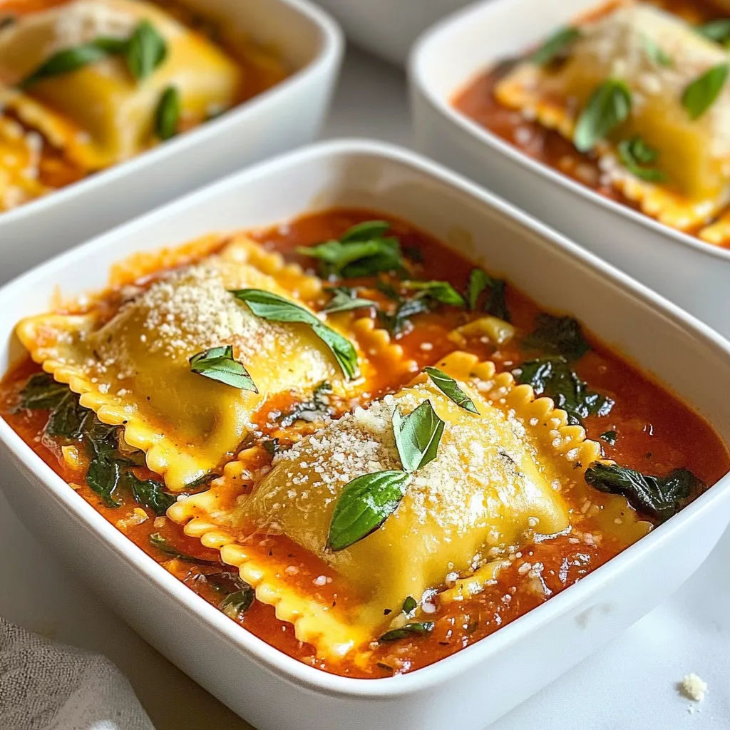 - 12 oz fresh or frozen ravioli (cheese or spinach-filled) - 2 tablespoons olive oil - 3 cloves garlic, minced - 1 (14 oz) can crushed tomatoes - 1 cup heavy cream - 2 cups fresh spinach, chopped - 1 teaspoon dried basil - 1 teaspoon dried oregano - Salt and pepper to taste - 1/4 cup grated Parmesan cheese - Fresh basil leaves for garnish You can choose between cheese-filled or spinach-filled ravioli. Each option offers a unique flavor. Cheese ravioli gives a rich, creamy base. Spinach-filled ravioli adds a fresh, green taste. You can even mix both for a colorful plate! For a dairy-free option, swap heavy cream with coconut cream. Use a dairy-free cheese instead of Parmesan. If you need gluten-free, look for gluten-free ravioli brands. Many stores offer tasty alternatives that work well in this dish. {{ingredient_image_1}} Start by boiling a large pot of salted water. Once it bubbles, add the ravioli. If you use fresh ravioli, cook it for about 3 to 5 minutes. For frozen ravioli, let it cook for 5 to 7 minutes. When they are tender, drain the ravioli and set it aside. In a large skillet, heat 2 tablespoons of olive oil over medium heat. Add 3 cloves of minced garlic and sauté for about one minute. The garlic should smell nice but not brown. Next, stir in one can of crushed tomatoes and one cup of heavy cream. Add one teaspoon of dried basil and one teaspoon of dried oregano. Don't forget to season with salt and pepper. Let the sauce simmer for 5 to 7 minutes. Stir it occasionally until it thickens a bit. Add 2 cups of chopped spinach to the sauce. Stir for about 2 to 3 minutes until the spinach wilts. Now it’s time to combine! Gently fold the cooked ravioli into the creamy tomato sauce. Cook for another 2 minutes to heat everything through. If the sauce is too thick, add a splash of reserved pasta water. Remove from heat and stir in 1/4 cup of grated Parmesan cheese until it melts. Serve the ravioli in bowls, topped with fresh basil leaves and more Parmesan if you want. Enjoy your creamy tomato spinach ravioli! You can cook ravioli in boiling water. Use a large pot with salted water. Fresh ravioli cooks in 3-5 minutes. Frozen ravioli takes 5-7 minutes. Keep an eye on them so they don’t burst. Drain carefully and set them aside. Start by heating olive oil in a skillet. Add minced garlic and cook for about one minute. Then, stir in crushed tomatoes and heavy cream. The key is to let the sauce simmer gently. This helps it thicken and blend the flavors. Add dried herbs like basil and oregano for extra taste. Salt and pepper balance the sauce. Keep stirring to prevent sticking. When serving, fresh basil leaves make a great garnish. They add color and a fresh taste. A sprinkle of grated Parmesan cheese on top looks nice too. You can place the ravioli in bowls for a lovely presentation. Consider adding a drizzle of olive oil for shine. This simple step makes your dish look gourmet! Pro Tips Use Fresh Ingredients: Fresh spinach and high-quality tomatoes will enhance the flavor of your sauce, making it richer and more vibrant. Perfectly Cooked Ravioli: Avoid overcooking the ravioli by setting a timer according to package instructions, ensuring they remain tender and not mushy. Adjust Sauce Thickness: If your sauce is too thick, add a splash of reserved pasta water gradually until you reach your desired consistency. Garnish for Flavor: Fresh basil not only adds a pop of color but also brings a fresh aroma and flavor that elevates the dish. {{image_2}} You can make this dish heartier by adding protein. Chicken or shrimp works well. For chicken, cook diced pieces in the skillet before adding garlic. Cook until golden brown. For shrimp, add them after the garlic. Sauté until they turn pink. This adds flavor and texture. Adding extra veggies boosts nutrition and taste. Mushrooms bring a rich, earthy flavor. Sauté sliced mushrooms with the garlic. Bell peppers add sweetness and crunch. Dice them and cook until soft. You can mix and match these veggies to suit your taste. If you like heat, try adding red pepper flakes. Start with a pinch while cooking the garlic. Taste and adjust as you go. This adds a nice kick to the creamy sauce. It pairs well with the sweetness of tomatoes and cream. You can store leftover creamy tomato spinach ravioli in the fridge. Place it in an airtight container. It stays fresh for about 3 days. Make sure the dish cools before sealing it. This helps keep the flavors intact. To freeze, use a freezer-safe container. You can also use a resealable bag. Make sure to remove as much air as possible. Ravioli can last for up to 2 months in the freezer. When ready to eat, thaw it overnight in the fridge. To reheat, use the stove or microwave. If using the stove, heat on low in a skillet. Add a splash of water or cream to keep it creamy. Stir often until heated through. In the microwave, cover the dish to avoid drying out. Heat for 1-2 minutes, then stir and check the temperature. Enjoy your delicious leftovers! Cooking ravioli usually takes about 3-7 minutes. Fresh ravioli cooks in 3-5 minutes. Frozen ravioli takes 5-7 minutes. Always check the package for specific times. This helps ensure your ravioli is tender and delicious. Yes, you can use frozen ravioli! They work well in this recipe. Just remember to adjust the cooking time to 5-7 minutes. Frozen ravioli taste great in the creamy sauce. You may not notice a difference in flavor. You can serve a fresh salad alongside your ravioli. A simple green salad pairs nicely. Garlic bread is another great choice. If you like, add some sautéed vegetables for extra flavor. Enjoy your meal with a glass of wine for a perfect touch! This blog post shared key steps to cook delicious creamy tomato spinach ravioli. We covered main ingredients, variations, and how to cater to dietary needs. I offered tips for cooking and serving the dish perfectly. Lastly, we shared storage and reheating advice to enjoy leftovers. Ravioli is versatile and fun. You can create it your way. Dive into this dish, and impress everyone with your cooking skills!