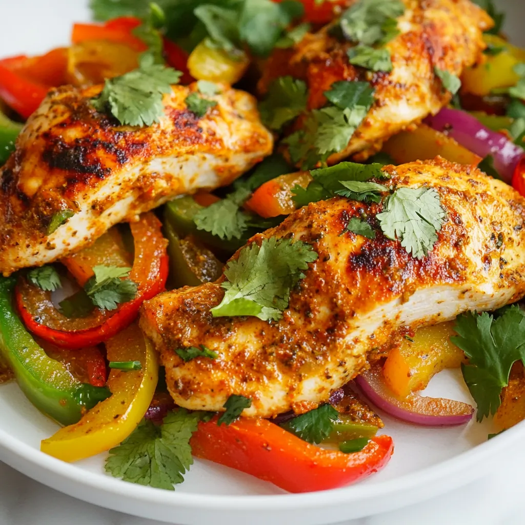 - 4 boneless, skinless chicken breasts - 2 tablespoons olive oil - 1 teaspoon chili powder - 1 teaspoon smoked paprika - 1/2 teaspoon cumin - 1/2 teaspoon garlic powder - Zest and juice of 2 limes - 1 teaspoon honey - Salt and pepper to taste - 1 red bell pepper, sliced - 1 green bell pepper, sliced - 1 small red onion, sliced - Fresh cilantro for garnish For this Chili Lime Chicken Skillet, you need some key ingredients. First, the chicken breasts are the star of the dish. They bring protein and heartiness. Next, a blend of spices like chili powder and smoked paprika adds a nice kick and depth. The lime juice and zest offer bright, tangy notes that balance the spice. Honey adds a hint of sweetness, rounding out the flavor. The olive oil helps the chicken cook well, keeping it moist. You also need colorful vegetables. The red and green bell peppers add crunch and sweetness. The red onion provides a mild zing. Finally, fresh cilantro makes for a great garnish, adding freshness and bright color. These ingredients come together to create a meal that is both tasty and visually appealing. They reflect my passion for combining flavors and textures. Each bite is a delightful mix of spice, zest, and freshness. {{ingredient_image_1}} To start, take your chicken breasts and tenderize them. I like to use a meat mallet. This helps them cook evenly. After tenderizing, season both sides generously with salt and pepper. This basic step boosts the chicken's taste. Next, let's create the marinade. In a small bowl, mix together the olive oil, chili powder, smoked paprika, cumin, garlic powder, lime zest, lime juice, and honey. This blend makes a tasty mix! For the best flavor, let it sit for a few minutes. It allows all the flavors to marry. Now, heat a large skillet over medium-high heat. When it's hot, add the marinated chicken. Cook each side for about 6-7 minutes. You want a nice golden brown crust to form. After cooking, set the chicken aside to rest. In the same skillet, add your sliced bell peppers and onion. Sauté them for about 4-5 minutes. Look for them to soften and get slightly charred. Finally, return the chicken to the skillet. Let it warm up for another 2 minutes with the veggies. Adjust the seasoning with more salt, pepper, or lime juice if you like. To ensure even cooking, start by tenderizing the chicken breasts. This helps them cook through without drying out. Use a meat mallet or rolling pin to pound each breast to an even thickness. When seasoning, be generous with salt and pepper on both sides. To check for doneness, cut into the thickest part of the chicken. The meat should be white and juices should run clear. If you have a meat thermometer, the internal temperature should reach 165°F (75°C). This ensures the chicken is safe to eat. To add more depth to your dish, consider extra spices. A pinch of cayenne pepper adds heat. You could also try smoked paprika for a richer flavor. Fresh herbs like cilantro brighten the dish. Add chopped cilantro right before serving for a fresh taste. Citrus adds zest too! Besides lime, try adding orange zest for a sweet twist. Skillet cooking requires a few best practices. Always preheat your skillet before adding oil. This helps create a nice sear on the chicken. Using olive oil is great, but feel free to swap it with avocado oil for high heat. To avoid sticking, ensure your skillet is well-heated. If the chicken sticks, it’s not ready to flip. Allow it to cook longer until it releases naturally. Keep the heat moderate to avoid burning the chicken or vegetables. Pro Tips Marinate for Maximum Flavor: For the best flavor, marinate the chicken for at least 2 hours, or overnight if possible. This allows the spices and lime to penetrate the meat thoroughly. Don't Overcrowd the Skillet: When cooking the chicken, ensure there's enough space in the skillet. Overcrowding can lead to steaming rather than searing, preventing that delicious golden crust. Use a Meat Thermometer: To ensure your chicken is perfectly cooked, use a meat thermometer. The internal temperature should reach 165°F (75°C) for safe consumption. Fresh Garnish for a Pop: Add fresh cilantro just before serving for a burst of freshness. You can also substitute with fresh parsley or green onions for a different flavor profile. {{image_2}} You can switch up the protein in this dish. Try pork or shrimp instead of chicken. They soak up the flavors well too. For a vegetarian option, use firm tofu or tempeh. They will take on the marinade and add great taste. You can also use veggies like zucchini or mushrooms for a fun twist. Mix in different spices to change the flavor. Consider using taco seasoning or a dash of cayenne for heat. You can also add fruits like mango or pineapple for a sweet twist. Their juices blend well with the lime and spices. They create a nice balance in the dish. Pair this dish with rice or quinoa for a filling meal. A fresh salad goes well too, bringing crunch and color. You can also serve it with a zesty dipping sauce, like a lime vinaigrette or a yogurt sauce. These options add creaminess and extra flavor. After enjoying your chili lime chicken, store leftovers properly. Place the chicken and veggies in an airtight container. This keeps them fresh and tasty. Make sure to cool the dish to room temperature before sealing it. In the fridge, it lasts up to four days. Always check for any changes in smell or texture before eating. To reheat, use the skillet for best results. Heat the skillet over medium heat. Add a splash of water or broth to keep the chicken moist. Cook for about five minutes, flipping halfway through. This method keeps the flavors intact. Avoid using the microwave, as it may dry out the chicken. If you want to save some for later, freezing is a great option. Cut the chicken into portions before freezing. Place each piece in a freezer bag, removing as much air as possible. It can stay frozen for up to three months. To thaw, place the chicken in the fridge overnight. Reheat it in the skillet following the tips above for the best taste. You should marinate the chicken for at least 20 minutes. If you have time, marinating overnight gives better flavor. The longer it sits, the more the chicken absorbs the tasty spices and lime juice. This helps make every bite juicy and flavorful. Yes, you can prepare this dish in advance. You can marinate the chicken and store it in the refrigerator. Cook it just before serving for the best taste. You can also cook the dish fully and store leftovers for later. If you don’t have lime juice, lemon juice works well. You can also use vinegar, like apple cider vinegar. Just keep in mind that the taste will change a bit. You want to keep that bright, tangy flavor. Yes, you can use frozen chicken. However, you must thaw it first. The best way is to leave it in the fridge overnight. You want to ensure the chicken is fully thawed for even cooking. To check if the chicken is cooked, use a meat thermometer. The inside should reach 165°F (75°C). If you don’t have a thermometer, cut into the thickest part. The meat should be white, not pink. This means it’s safe to eat. In this blog post, I shared how to create a flavorful chicken dish. You learned about key ingredients, step-by-step cooking instructions, and essential tips for great results. Variations allow you to customize the recipe to your taste, whether you're using different proteins or spices. Finally, I gave advice on storing and reheating leftovers safely. By following these steps, you can enjoy delicious, juicy chicken anytime. Embrace your cooking skills, and have fun experimenting with this dish!