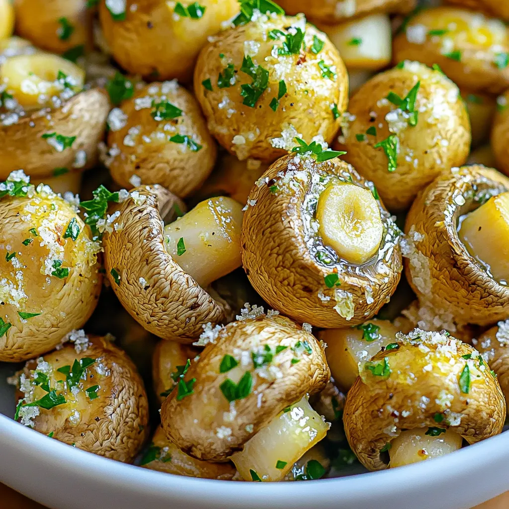 - 1 lb baby bella mushrooms, cleaned and stems trimmed - 3 tablespoons olive oil - 4 cloves garlic, minced - 1 teaspoon dried thyme - 1 teaspoon dried oregano - 1/2 cup grated Parmesan cheese - Salt and pepper to taste These main ingredients are key to making your Air Fryer Garlic Parmesan Mushrooms shine. Baby bella mushrooms give a rich and earthy flavor. Olive oil helps everything stick and adds a nice shine. Garlic brings a bold taste that pairs well with the cheese. Dried thyme and oregano add layers of flavor that balance the dish. Parmesan cheese adds a savory touch that makes these mushrooms irresistible. Salt and pepper are crucial for enhancing all the flavors. - 1/2 teaspoon crushed red pepper flakes - Fresh parsley, chopped (for garnish) You can spice things up with crushed red pepper flakes. They add a nice kick to the dish. Fresh parsley is perfect for garnish. It adds a pop of color and freshness. You can easily customize the dish to suit your taste with these simple additions. - Salt and pepper - Cooking oil variations Salt and pepper are your best friends in cooking. They help bring out the flavors in the mushrooms. You can use different oils if you prefer. Avocado oil or garlic-infused oil can add a unique twist. Just make sure to use enough oil for even cooking. First, start by cleaning the baby bella mushrooms. Rinse them gently under cold water. Use a soft cloth or paper towel to wipe off any dirt. Next, trim the stems so they are even. This helps them cook better. Now, preheat your air fryer to 375°F (190°C). Let it heat up for about 5 minutes. Preheating ensures even cooking and a nice, crispy texture. In a large bowl, combine the cleaned mushrooms with the olive oil. Add the minced garlic, dried thyme, and oregano. If you like a bit of heat, add the crushed red pepper flakes. Don’t forget to sprinkle in some salt and pepper. Toss the mushrooms well to coat them evenly. You want every mushroom to have that tasty mix on it. After that, sprinkle half of the grated Parmesan cheese over the mushrooms. Toss again until all mushrooms are covered. Place the mushrooms in a single layer in the air fryer basket. You may need to cook them in batches, depending on your air fryer's size. This helps them cook evenly. Air fry the mushrooms for 10 to 12 minutes. Shake the basket halfway through to ensure they cook on all sides. You’ll know they are done when they look golden and feel tender. Once cooked, transfer the mushrooms back to the bowl. Add the rest of the Parmesan cheese and toss gently. This final touch adds a cheesy flavor that you will love. Serve them warm and enjoy! To enhance your Air Fryer Garlic Parmesan Mushrooms, adjust spices to your taste. If you like heat, add more crushed red pepper flakes. For a milder dish, cut back on them. You can also swap in fresh herbs. Fresh thyme or parsley brings a vibrant taste. Experiment with different combinations to find your favorite mix. To achieve ideal tenderness, do not overcrowd the air fryer basket. Cook the mushrooms in a single layer. This allows hot air to circulate for even cooking. Check them halfway through and shake the basket. This helps them cook perfectly. To avoid sogginess, make sure to coat the mushrooms lightly with olive oil. Too much oil can lead to a mushy texture. These mushrooms pair well with many dishes. Serve them alongside grilled chicken or fish. They also complement a fresh salad. For garnishing, sprinkle extra Parmesan cheese on top. A few sprigs of fresh parsley will add color and flavor. You can also serve them with toothpicks as a fun appetizer. {{image_2}} You can swap the Parmesan cheese for other types. Try mozzarella for a stringy melt. Feta adds a tangy bite. For a richer flavor, go with aged cheddar. If you're vegan, use cashew cheese or nutritional yeast. Both give a cheesy taste without dairy. To change the taste, add other spices. A pinch of smoked paprika gives a nice kick. Try mixing in fresh herbs like basil or rosemary for added depth. You can also add bell peppers or spinach for more color and nutrition. These vegetables cook well and blend nicely with the mushrooms. If you don't have an air fryer, you can bake these mushrooms. Preheat your oven to 400°F (200°C). Spread the coated mushrooms on a baking sheet. Bake them for about 20 minutes. They should be golden and tender. You can also sauté them on the stovetop. Heat a pan over medium heat and add oil. Cook the mushrooms for about 8-10 minutes, stirring often, until they are soft and golden. Store leftover mushrooms in an airtight container. They stay fresh in the fridge for up to three days. If you want to keep them longer, freeze the mushrooms. Place them in a freezer-safe bag. Remove as much air as possible before sealing. They can last up to three months in the freezer. To reheat, use the air fryer for the best results. Set it to 350°F (175°C) and cook for about 5 minutes. This helps retain the mushrooms' texture. You can also use the microwave, but they may become soggy. If using the microwave, heat in short bursts and check often. These mushrooms last about three days in the fridge. If you see any dark spots or mold, toss them out. A bad smell is another sign they have spoiled. Always check before eating leftovers to stay safe. To clean baby bella mushrooms, use a damp paper towel. Wipe each mushroom gently. Avoid soaking them in water, as they can absorb moisture. Trim any tough stems before cooking. This keeps them fresh and tasty. Yes, you can use regular white mushrooms. They work well and taste great. Just follow the same steps in the recipe. You may notice a milder flavor, but they will still be delicious. These mushrooms pair well with many dishes. Try serving them with grilled chicken or steak. They also go great with pasta or a fresh salad. For a fun twist, add them to a sandwich or wrap. To keep mushrooms from getting soggy, do not overcrowd the air fryer. Cook them in a single layer. Make sure to shake the basket halfway through cooking. This helps them cook evenly and stay crisp. You can prep the mushrooms ahead of time. Clean and coat them with olive oil and spices. Store them in the fridge for a few hours or overnight. Just air fry them when you're ready to serve. This recipe brings together simple ingredients to create tasty garlic parmesan mushrooms. We explored the main ingredients, optional additions, and essential seasonings. You learned the cooking steps, helpful tips, and fun variations. Finally, we covered storage and reheating advice. Try these mushrooms as a side dish or snack. With these tips, you'll impress anyone at your table. Enjoy experimenting with flavors and sharing your tasty results!