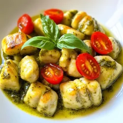 - 1 lb chicken breast, diced - 16 oz package of gnocchi - 1 cup heavy cream - 1/2 cup pesto sauce - 1 tablespoon olive oil - 1/2 teaspoon garlic powder - 1/2 teaspoon onion powder - Salt and pepper to taste - 1/2 cup cherry tomatoes, halved - 1/4 cup grated Parmesan cheese - Fresh basil for garnish In this creamy pesto chicken gnocchi dish, we focus on fresh, simple ingredients. First, the chicken breast. It’s lean and cooks quickly. Dice it into small pieces for even cooking. The gnocchi adds a fun texture and absorbs the sauce well. I recommend a 16 oz package for this recipe. The creamy sauce starts with heavy cream. It gives a rich base. The pesto sauce adds a burst of flavor. You can use store-bought or homemade pesto. For seasonings, I keep it simple. Olive oil helps to cook the chicken. Garlic powder and onion powder add great taste without fuss. Don’t forget salt and pepper. They bring all the flavors together. Cherry tomatoes add color and freshness. Halve them for easy mixing. Finally, grated Parmesan cheese adds a lovely finish. And fresh basil leaves make it look beautiful. Now you have everything you need for this delightful dish! {{ingredient_image_1}} Boil a large pot of salted water. Add the gnocchi when it’s bubbling. Cook them for 2-3 minutes until they float. This shows they are done. Drain them well and set aside. Heat olive oil in a skillet over medium heat. Add diced chicken to the hot oil. Season it with garlic powder, onion powder, salt, and pepper. Cook for 6-8 minutes until the chicken is golden brown. Make sure it is cooked through with no pink inside. Add the cooked gnocchi to the skillet with chicken. Pour in the heavy cream and pesto sauce. Stir well to coat all the ingredients. This helps all the flavors come together. Fold in the halved cherry tomatoes. Cook for another 2-3 minutes. This will soften the tomatoes without losing their shape. Remove the skillet from the heat. Stir in the grated Parmesan cheese until it melts. Taste it and adjust the seasoning if needed. Enjoy this creamy delight! To make your dish shine, focus on seasoning. Use salt and pepper to bring out the chicken's taste. If you want more zing, add a pinch of red pepper flakes. For the pesto, consider using fresh basil if you can. This adds a bright touch and a fresh taste. You can also mix in a squeeze of lemon juice. This helps enhance the flavors in your creamy pesto chicken gnocchi. You can cook the chicken in many ways. Grilling gives a smoky flavor. Baking the chicken in the oven keeps it juicy. Just make sure it reaches 165°F (75°C) for safety. For the gnocchi, always boil in salted water. This makes the gnocchi taste better. Look for them to float in the water. That means they are done. Plating is key to a great meal. Start with a mound of gnocchi in the center of the plate. Then, place the chicken and sauce on top. Scatter halved cherry tomatoes around the dish for color. For garnish, use fresh basil leaves. You can also sprinkle some grated Parmesan on top. This adds a rich finish to the dish. Pro Tips Cook Gnocchi Carefully: Ensure that the gnocchi is cooked just until it floats to avoid a mushy texture. Season Chicken Well: Don’t skimp on the seasoning when cooking the chicken; it enhances the overall flavor of the dish. Use Fresh Pesto: For a vibrant flavor, opt for fresh pesto over store-bought, if possible. It makes a significant difference! Adjust Thickness: If the sauce is too thick, you can thin it out with a splash of chicken broth or reserved pasta water. {{image_2}} You can use shrimp or tofu in place of chicken. Shrimp cooks quickly, so add it when you mix in the cream and pesto. Cook shrimp until they turn pink, about 3-4 minutes. Tofu needs more time. You should sauté it first until golden. Then add it to the mix just like chicken. This way, you'll keep the dish tasty and healthy. If you want to cut fat, use low-fat cream. It still gives a rich taste. For a dairy-free option, try coconut milk or almond milk mixed with a bit of cornstarch. To make the dish vegan-friendly, swap the chicken for tofu and use vegan pesto. This keeps the dish creamy and flavorful without animal products. Adding extra vegetables makes this dish even better. Try spinach, peas, or bell peppers for color and crunch. You can also switch up the pesto. Sun-dried tomato pesto gives a sweet twist. Spinach pesto adds a fresh taste. These changes will make your creamy pesto chicken gnocchi unique and fun to eat! To store your creamy pesto chicken gnocchi, wait for it to cool. Place leftovers in an airtight container. This helps keep moisture and flavor. Store it in the fridge. It stays fresh for about 3 to 4 days. Before serving, check for any off smells or changes in texture. To freeze creamy pesto chicken gnocchi, let it cool completely first. Then, use a freezer-safe bag or container. Make sure to remove as much air as possible. This helps prevent freezer burn. You can freeze it for up to 3 months. When you're ready to eat, thaw it in the fridge overnight. To reheat, place it in a pan over low heat. Add a splash of cream or water if it looks dry. Stir until it's heated through. Enjoy your meal! Gnocchi is a type of pasta. It usually has simple ingredients. Commonly, it is made from: - Potatoes - Flour - Eggs These ingredients create a soft and pillowy texture. Some recipes may use ricotta or other ingredients. The best gnocchi feels light and fluffy when cooked. Yes, you can use store-bought pesto. It saves time and still tastes good. Choose it when: - You are short on time. - You want a quick meal. - You do not have fresh herbs. Store-bought pesto can be very flavorful. Look for brands with quality ingredients for the best taste. To add heat, try these tips: - Add red pepper flakes to the chicken while cooking. - Stir in some chopped jalapeños or serrano peppers. - Use a spicy pesto sauce instead of the regular kind. These options give a nice kick without overpowering the dish. Yes, this dish is great for meal prep. Here are some tips: - Cook the gnocchi and chicken ahead of time. - Store in airtight containers in the fridge. - Reheat gently on the stove or in a microwave. This dish stays tasty for up to three days in the fridge. Enjoy it as a quick lunch or dinner! This recipe blends tasty chicken, soft gnocchi, and creamy pesto. You learned the key ingredients, cooking steps, and ways to enhance flavor. With tips for leftovers and variations, you can make it fit your taste. Enjoy crafting your own version of creamy pesto chicken gnocchi!
