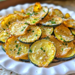 - 2 medium zucchinis, thinly sliced - 1/2 cup grated Parmesan cheese - 2 tablespoons olive oil - 1 teaspoon garlic powder - 1 teaspoon onion powder - 1/2 teaspoon paprika - Salt and pepper to taste - Fresh parsley, chopped (for garnish) To make Garlic Parmesan Zucchini Chips, you need simple ingredients. First, grab two medium zucchinis. Slice them thinly. Thin slices help them get crispy. You will also need half a cup of grated Parmesan cheese. This cheese adds a rich flavor. Next, use two tablespoons of olive oil. This oil helps the zucchini crisp up. You’ll add one teaspoon of garlic powder for that yummy garlic taste. One teaspoon of onion powder brings in some depth. A half teaspoon of paprika adds a little kick. Don’t forget to add salt and pepper to taste. Lastly, fresh parsley, chopped, will make a nice garnish. These ingredients work together to create a snack that is both crispy and flavorful. Each bite gives you a mix of savory cheese and fresh zucchini. Enjoy making these easy chips! {{ingredient_image_1}} First, preheat your oven to 225°F (110°C). This low heat helps the chips crisp up nicely. Line a baking sheet with parchment paper. This keeps the zucchini chips from sticking. In a large bowl, take your thinly sliced zucchini. Add 2 tablespoons of olive oil. Toss the zucchini in the oil. Make sure each slice is well-coated. This step helps the seasonings stick later. In another bowl, combine 1/2 cup of grated Parmesan cheese, 1 teaspoon of garlic powder, 1 teaspoon of onion powder, and 1/2 teaspoon of paprika. Add salt and pepper to taste. Mix it well. This cheese blend adds great flavor to the chips. Now, take the zucchini slices and sprinkle the cheese mixture over them. Toss the slices carefully to coat evenly. Next, arrange the zucchini slices in a single layer on your baking sheet. Be careful not to overlap them. Proper spacing helps them bake evenly. Place the baking sheet in the oven. Bake the zucchini chips for 1.5 to 2 hours. Flip them halfway through cooking. This ensures they get crispy on both sides. When they turn golden brown and crisp, they are ready. Let them cool for a few minutes before serving. They will crisp up a bit more as they cool. To get that perfect crunch, bake the zucchini chips at a low temperature. Set your oven to 225°F (110°C). This slow cooking helps draw out moisture. Make sure the zucchini slices lay flat on the baking sheet. Avoid stacking or overlapping them. This way, each chip gets nice and crisp. While the garlic and Parmesan are great, you can add more flavor. Try adding a pinch of cayenne pepper for heat. Dried thyme or oregano can bring in earthy notes. You could also sprinkle some lemon zest for a fresh zing. Mix and match your favorite herbs and spices to make them your own! These chips are tasty on their own, but you can serve them with dips. A simple yogurt dip can work wonders. Try mixing Greek yogurt with lemon juice and herbs. Or, serve them with a classic marinara sauce for a fun twist. Pairing these chips with a refreshing salad elevates your snack game too! Pro Tips Slice Evenly: Ensure all zucchini slices are of uniform thickness for even cooking and crispiness. Season Generously: Don't be shy with the seasoning; the more flavor, the better! Adjust to your taste preferences. Storage Tips: Store leftover chips in an airtight container to maintain crispness, but enjoy them fresh for the best texture. Experiment with Flavors: Feel free to add your favorite spices or herbs for a unique twist on these zucchini chips! {{image_2}} You can change the cheese for fun flavors. Try using cheddar for a sharp kick. Feta adds a nice tang. Goat cheese gives a creamy twist. Each cheese will change the taste of your chips. You can mix up the spices for new tastes. Add Italian herbs like oregano and basil. A pinch of cayenne adds heat if you like spice. Try a dash of lemon zest for a fresh touch. The options are endless! Zucchini is great, but other veggies can work too. Sweet potatoes make crunchy and sweet chips. Kale offers a healthy and crispy choice. Eggplant gives a unique texture. Explore different veggies for fun snacks! To keep your garlic Parmesan zucchini chips crispy, let them cool fully. Once cool, place them in an airtight container. Use parchment paper between layers to prevent sticking. Store them at room temperature for up to three days. Avoid the fridge; moisture will make them soggy. To restore crispiness, preheat your oven to 300°F (150°C). Spread the chips out on a baking sheet. Bake for about 5 to 10 minutes. Keep an eye on them to prevent burning. You can also use an air fryer. Set it to 300°F (150°C) for 3 to 5 minutes. Enjoy them warm and crispy again! Garlic Parmesan Zucchini Chips taste best fresh. If you store them, they can last for about 3 days. Keep them in an airtight container. This helps maintain their crispiness. If they get soft, try reheating them in the oven for a few minutes. This can help restore their crunch. Using frozen zucchini is not the best choice. Frozen zucchini has more water, which makes it soft. This lack of crispness is not ideal for chips. If you only have frozen zucchini, you can try to drain and pat them dry. However, fresh zucchini is always better for this recipe. Zucchini chips go well with many sauces. Here are a few tasty options: - Ranch dressing - Marinara sauce - Garlic aioli - Spicy sriracha mayo - Hummus These dips add flavor and make every bite more fun. Yes, you can make Garlic Parmesan Zucchini Chips in an air fryer! Set your air fryer to 375°F (190°C). Cook the zucchini chips for about 10 to 15 minutes. Be sure to check them often for crispiness. Shake the basket halfway through to ensure even cooking. Air frying gives a nice crunch without using much oil. You learned how to make Garlic Parmesan Zucchini Chips step-by-step. We covered the key ingredients, from zucchinis to Parmesan. You discovered tips for crispness and flavor, plus fun variations. Storing leftovers and reheating methods help keep them tasty. Enjoy these chips as snacks or sides. Experiment with different cheeses and spices to find your favorite. You have all the tools to make this delicious recipe. Happy cooking!