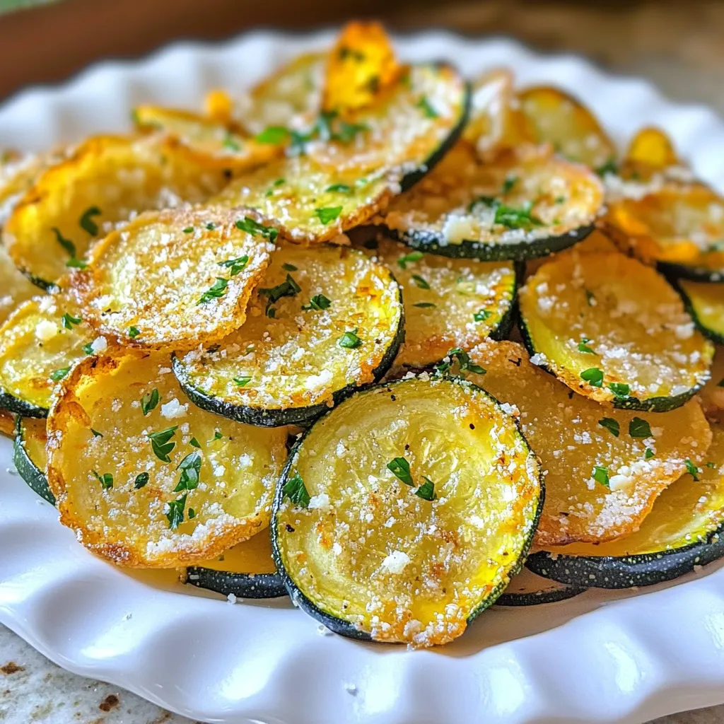 - 2 medium zucchinis, thinly sliced - 1/2 cup grated Parmesan cheese - 2 tablespoons olive oil - 1 teaspoon garlic powder - 1 teaspoon onion powder - 1/2 teaspoon paprika - Salt and pepper to taste - Fresh parsley, chopped (for garnish) To make Garlic Parmesan Zucchini Chips, you need simple ingredients. First, grab two medium zucchinis. Slice them thinly. Thin slices help them get crispy. You will also need half a cup of grated Parmesan cheese. This cheese adds a rich flavor. Next, use two tablespoons of olive oil. This oil helps the zucchini crisp up. You’ll add one teaspoon of garlic powder for that yummy garlic taste. One teaspoon of onion powder brings in some depth. A half teaspoon of paprika adds a little kick. Don’t forget to add salt and pepper to taste. Lastly, fresh parsley, chopped, will make a nice garnish. These ingredients work together to create a snack that is both crispy and flavorful. Each bite gives you a mix of savory cheese and fresh zucchini. Enjoy making these easy chips! {{ingredient_image_1}} First, preheat your oven to 225°F (110°C). This low heat helps the chips crisp up nicely. Line a baking sheet with parchment paper. This keeps the zucchini chips from sticking. In a large bowl, take your thinly sliced zucchini. Add 2 tablespoons of olive oil. Toss the zucchini in the oil. Make sure each slice is well-coated. This step helps the seasonings stick later. In another bowl, combine 1/2 cup of grated Parmesan cheese, 1 teaspoon of garlic powder, 1 teaspoon of onion powder, and 1/2 teaspoon of paprika. Add salt and pepper to taste. Mix it well. This cheese blend adds great flavor to the chips. Now, take the zucchini slices and sprinkle the cheese mixture over them. Toss the slices carefully to coat evenly. Next, arrange the zucchini slices in a single layer on your baking sheet. Be careful not to overlap them. Proper spacing helps them bake evenly. Place the baking sheet in the oven. Bake the zucchini chips for 1.5 to 2 hours. Flip them halfway through cooking. This ensures they get crispy on both sides. When they turn golden brown and crisp, they are ready. Let them cool for a few minutes before serving. They will crisp up a bit more as they cool. To get that perfect crunch, bake the zucchini chips at a low temperature. Set your oven to 225°F (110°C). This slow cooking helps draw out moisture. Make sure the zucchini slices lay flat on the baking sheet. Avoid stacking or overlapping them. This way, each chip gets nice and crisp. While the garlic and Parmesan are great, you can add more flavor. Try adding a pinch of cayenne pepper for heat. Dried thyme or oregano can bring in earthy notes. You could also sprinkle some lemon zest for a fresh zing. Mix and match your favorite herbs and spices to make them your own! These chips are tasty on their own, but you can serve them with dips. A simple yogurt dip can work wonders. Try mixing Greek yogurt with lemon juice and herbs. Or, serve them with a classic marinara sauce for a fun twist. Pairing these chips with a refreshing salad elevates your snack game too! Pro Tips Slice Evenly: Ensure all zucchini slices are of uniform thickness for even cooking and crispiness. Season Generously: Don't be shy with the seasoning; the more flavor, the better! Adjust to your taste preferences. Storage Tips: Store leftover chips in an airtight container to maintain crispness, but enjoy them fresh for the best texture. Experiment with Flavors: Feel free to add your favorite spices or herbs for a unique twist on these zucchini chips! {{image_2}} You can change the cheese for fun flavors. Try using cheddar for a sharp kick. Feta adds a nice tang. Goat cheese gives a creamy twist. Each cheese will change the taste of your chips. You can mix up the spices for new tastes. Add Italian herbs like oregano and basil. A pinch of cayenne adds heat if you like spice. Try a dash of lemon zest for a fresh touch. The options are endless! Zucchini is great, but other veggies can work too. Sweet potatoes make crunchy and sweet chips. Kale offers a healthy and crispy choice. Eggplant gives a unique texture. Explore different veggies for fun snacks! To keep your garlic Parmesan zucchini chips crispy, let them cool fully. Once cool, place them in an airtight container. Use parchment paper between layers to prevent sticking. Store them at room temperature for up to three days. Avoid the fridge; moisture will make them soggy. To restore crispiness, preheat your oven to 300°F (150°C). Spread the chips out on a baking sheet. Bake for about 5 to 10 minutes. Keep an eye on them to prevent burning. You can also use an air fryer. Set it to 300°F (150°C) for 3 to 5 minutes. Enjoy them warm and crispy again! Garlic Parmesan Zucchini Chips taste best fresh. If you store them, they can last for about 3 days. Keep them in an airtight container. This helps maintain their crispiness. If they get soft, try reheating them in the oven for a few minutes. This can help restore their crunch. Using frozen zucchini is not the best choice. Frozen zucchini has more water, which makes it soft. This lack of crispness is not ideal for chips. If you only have frozen zucchini, you can try to drain and pat them dry. However, fresh zucchini is always better for this recipe. Zucchini chips go well with many sauces. Here are a few tasty options: - Ranch dressing - Marinara sauce - Garlic aioli - Spicy sriracha mayo - Hummus These dips add flavor and make every bite more fun. Yes, you can make Garlic Parmesan Zucchini Chips in an air fryer! Set your air fryer to 375°F (190°C). Cook the zucchini chips for about 10 to 15 minutes. Be sure to check them often for crispiness. Shake the basket halfway through to ensure even cooking. Air frying gives a nice crunch without using much oil. You learned how to make Garlic Parmesan Zucchini Chips step-by-step. We covered the key ingredients, from zucchinis to Parmesan. You discovered tips for crispness and flavor, plus fun variations. Storing leftovers and reheating methods help keep them tasty. Enjoy these chips as snacks or sides. Experiment with different cheeses and spices to find your favorite. You have all the tools to make this delicious recipe. Happy cooking!