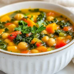 To make a delicious Tuscan Chickpea Kale Soup, you'll need some simple yet flavorful ingredients. Here’s the list you will require: - 1 tablespoon olive oil - 1 medium onion, diced - 3 cloves garlic, minced - 2 medium carrots, diced - 2 celery stalks, diced - 1 teaspoon dried oregano - 1 teaspoon dried thyme - 1 can (15 oz) chickpeas, drained and rinsed - 4 cups vegetable broth - 2 cups chopped kale, stems removed - 1 can (14 oz) diced tomatoes, with juices - Salt and pepper to taste - 1 tablespoon lemon juice - Fresh parsley, chopped for garnish Each ingredient brings its own unique taste to the soup. The olive oil adds richness, while the onion and garlic give a strong base flavor. Carrots and celery add sweetness and crunch. Dried herbs like oregano and thyme create a wonderful aroma and depth. Chickpeas are the star protein in this dish, adding heartiness. Vegetable broth serves as the liquid base, making the soup warm and comforting. Kale contributes a nutritional punch and vibrant green color. Diced tomatoes bring acidity, balancing the flavors nicely. Don't forget to taste your soup before serving. Adjust the salt, pepper, and lemon juice to match your preference. A sprinkle of fresh parsley on top makes for a bright finish. Enjoy your cooking! {{ingredient_image_1}} 1. Heating oil and sautéing vegetables Start by heating 1 tablespoon of olive oil in a large pot over medium heat. Once hot, add 1 medium diced onion. Sauté for about 3 to 4 minutes until it softens. 2. Adding herbs and chickpeas Next, add 3 minced garlic cloves, 2 diced carrots, and 2 diced celery stalks. Stir this mix occasionally for about 5 minutes. The veggies should become tender. After that, stir in 1 teaspoon of dried oregano and 1 teaspoon of dried thyme. Let them cook for 1 minute to release their lovely aroma. 3. Incorporating broth and tomatoes Now it’s time to add in 1 can of drained and rinsed chickpeas, 4 cups of vegetable broth, and 1 can of diced tomatoes with their juices. Bring this mixture to a gentle boil, then reduce the heat to a simmer. 4. Simmering the soup Allow the soup to simmer for 15 minutes. This lets all the flavors meld together beautifully. 1. Adding kale to the pot After 15 minutes, mix in 2 cups of chopped kale, making sure to remove the stems first. Continue to simmer for an additional 5 minutes until the kale wilts down nicely. 2. Seasoning before serving Finally, season the soup with salt, pepper, and 1 tablespoon of lemon juice to taste. This adds a fresh burst of flavor that brightens the entire dish. - Tips for a perfect serving Serve the soup hot in bowls. For a nice finish, garnish each bowl with fresh chopped parsley. This adds color and a touch of freshness. Enjoy this hearty and healthy meal with crusty bread or a side salad for a complete dinner! To make your soup even tastier, add spices like smoked paprika or cumin. These spices can give your dish a warm, smoky taste. You can also try a pinch of red pepper flakes for heat. Lemon juice adds brightness to the soup. It balances the flavors and cuts through the richness. If you find the soup too acidic, add a bit of sugar to balance it out. This will help make the flavors pop. Start by sautéing your veggies well. Heat the olive oil before adding onions. Cook until they turn soft and golden. This builds a great base for your soup. When you simmer the soup, keep the heat low. Let it gently bubble for a longer time. This allows all the flavors to blend. Stir occasionally to prevent sticking and ensure even cooking. Kale is a superfood packed with vitamins A, C, and K. It is also high in fiber, which is good for digestion. Chickpeas bring protein and iron to the table. They help make this soup filling and nutritious. Together, they create a hearty meal that supports your health. Pro Tips Enhance Flavor: Add a pinch of red pepper flakes while sautéing the vegetables for a subtle heat that complements the soup's flavors. Fresh Herbs: Incorporate fresh herbs like basil or thyme just before serving for a burst of freshness and vibrant flavor. Protein Boost: Add diced cooked chicken or tofu for an extra source of protein that makes the soup heartier. Storage Tips: This soup stores well in the refrigerator for up to 3 days and can be frozen for up to a month—just leave out the kale until reheating. {{image_2}} You can change up the greens in your soup. Spinach, Swiss chard, or collard greens work well. Each adds its own flavor and texture. Consider adding proteins too. You can stir in sausage, chicken, or tofu. These options make the soup heartier and more filling. If you are gluten-sensitive, this soup is easy to adapt. Make sure to use gluten-free vegetable broth. Most canned tomatoes are gluten-free, but always check the label. This small change makes a big difference for those who need it. This soup is already mostly vegan. To keep it plant-based, ensure your broth is vegan-friendly. Also, check the canned tomatoes and any added proteins. By using a plant-based sausage or skipping meat, you can still enjoy a rich flavor. To keep your Tuscan chickpea kale soup fresh, follow these steps: - Let the soup cool completely before storing. - Use airtight containers for refrigeration. - Store in the fridge for up to 4 days. This helps maintain the soup's flavor and texture. If you want to keep it longer, consider freezing it. Freezing is a great way to enjoy this soup later. Here’s how: - Portion the soup into freezer-safe bags or containers. - Leave some space at the top for expansion. - Label the bags with the date. You can freeze the soup for up to 3 months. When you're ready to eat, simply thaw it in the fridge overnight. To reheat your soup, you have a few good options: - Stovetop: Pour the soup into a pot. Heat over medium heat, stirring often. - Microwave: Place soup in a microwave-safe bowl. Heat in 1-minute intervals, stirring in between. Make sure it is heated thoroughly. Enjoy your warm, hearty meal! 1. Heat 1 tablespoon of olive oil in a large pot over medium heat. 2. Add 1 diced onion and sauté for 3-4 minutes until it softens. 3. Stir in 3 minced garlic cloves, 2 diced carrots, and 2 diced celery stalks. Cook for 5 minutes. 4. Mix in 1 teaspoon of dried oregano and 1 teaspoon of dried thyme. Let it cook for 1 minute. 5. Add 1 can of drained chickpeas, 4 cups of vegetable broth, and 1 can of diced tomatoes. 6. Bring to a gentle boil, then reduce the heat to simmer for 15 minutes. 7. Stir in 2 cups of chopped kale and simmer for an additional 5 minutes. 8. Season with salt, pepper, and 1 tablespoon of lemon juice. 9. Serve hot, garnished with fresh parsley. You can switch out the chickpeas for white beans or lentils. Use spinach instead of kale for a softer texture. If you do not have vegetable broth, chicken broth works well too. For more flavor, try adding fresh herbs like basil or rosemary. The soup lasts about 4 to 5 days in the fridge. Store it in an airtight container to keep it fresh. If you see any mold or it smells bad, discard it right away. Yes! You can add vegetables like zucchini, bell peppers, or even potatoes. Just chop them small so they cook evenly. Adding more veggies boosts flavor and nutrition. This blog post guides you through making a tasty Tuscan Chickpea Kale Soup. We covered key ingredients, step-by-step instructions, and tips to enhance flavor. You learned about storage and variations, ensuring every bowl suits your taste. Remember, the beauty of this soup lies in its flexibility. You can add or swap ingredients based on what you enjoy. Now, you’re ready to create a delicious and nutritious meal that warms both body and soul. Enjoy your cooking journey!