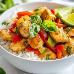 To make Spicy Thai Basil Chicken, gather these key ingredients: - 1 lb (450g) boneless chicken thigh, thinly sliced - 2 tablespoons vegetable oil - 4 cloves garlic, minced - 2-3 Thai bird's eye chilies, sliced (adjust to taste) - 1 red bell pepper, sliced - 1 cup fresh Thai basil leaves - 2 tablespoons soy sauce - 1 tablespoon oyster sauce (or mushroom stir-fry sauce for a vegetarian option) - 1 tablespoon fish sauce (optional) - 1 teaspoon sugar - Cooked jasmine rice for serving You can swap some ingredients if needed. Here are a few ideas: - Chicken thighs can be replaced with chicken breast for a leaner option. - Use tofu instead of chicken for a vegetarian dish. - If you can't find Thai bird's eye chilies, use jalapeños for heat. - Substitute vegetable oil with coconut oil for added flavor. - If you prefer a soy-free option, try using coconut aminos in place of soy sauce. Fresh ingredients make a big difference in this dish. Here are some tips to keep in mind: - Buy chicken that feels firm and has a fresh smell. - Look for bright green Thai basil with no brown spots. - Choose bell peppers that are firm and shiny. - Store fresh herbs in a glass of water or wrap in a damp paper towel. - Use fresh garlic for the best flavor; avoid pre-minced garlic. By following these tips, you'll ensure your Spicy Thai Basil Chicken is full of vibrant flavors and fresh aromas. Enjoy cooking! {{ingredient_image_1}} Gather your ingredients first. You need: - 1 lb (450g) boneless chicken thigh, thinly sliced - 2 tablespoons vegetable oil - 4 cloves garlic, minced - 2-3 Thai bird's eye chilies, sliced (adjust to taste) - 1 red bell pepper, sliced - 1 cup fresh Thai basil leaves - 2 tablespoons soy sauce - 1 tablespoon oyster sauce (or mushroom stir-fry sauce for a vegetarian option) - 1 tablespoon fish sauce (optional) - 1 teaspoon sugar - Cooked jasmine rice for serving Make sure to wash and slice everything. This way, cooking will go smoothly. 1. Heat the oil: Start by heating the vegetable oil in a large skillet or wok over medium-high heat. Make sure the oil is hot enough to cook well. 2. Cook garlic and chilies: Add the minced garlic and sliced chilies. Stir-fry for about 30 seconds. You want the garlic to smell good but not burn. 3. Add chicken: Raise the heat to high. Then, add the sliced chicken thighs. Stir-fry for about 5-7 minutes. Cook until the chicken is golden brown and fully cooked. 4. Add bell pepper: Toss in the sliced red bell pepper. Stir-fry for another 2-3 minutes. The pepper should soften a bit but stay crisp. 5. Mix sauce: In a small bowl, mix the soy sauce, oyster sauce, fish sauce (if using), and sugar. Pour this sauce over the chicken and veggies. Stir well to coat everything. 6. Add basil: Finally, add the fresh Thai basil leaves. Stir-fry for about one minute. The basil should wilt and release its nice aroma. 7. Serve: Remove from heat. Serve hot over jasmine rice. For a nice touch, garnish with extra basil leaves. You can also add lime wedges on the side. This adds a fresh taste. Serve in a large bowl or on individual plates. Enjoy your meal with family or friends! To kick up the heat in your Spicy Thai Basil Chicken, use more bird's eye chilies. These small chilies pack a punch. Slice them thinly and add them earlier in the cooking. You can also add a splash of chili oil at the end. This gives a nice finish and extra spice. If you love heat, try adding fresh jalapeños or a pinch of red pepper flakes. For great texture, make sure not to overcook the chicken. Stir-fry it just until golden and cooked through. This keeps it juicy. Use fresh Thai basil for the best flavor. Add it at the end of cooking to keep its aroma. Mixing in a bit of sugar balances the heat and salt. This creates a well-rounded dish that you’ll love. One common mistake is using too much sauce. This can make the dish soggy. Stick to the recommended amounts for a balanced taste. Another mistake is not heating the oil enough. If the oil isn’t hot, the chicken won’t sear well. Lastly, don’t skip the garlic. It adds a wonderful flavor base. Pro Tips Adjust the Heat: If you prefer a milder dish, reduce the number of bird's eye chilies or deseed them before adding to the pan. Flavor Boost: For an extra layer of flavor, marinate the chicken in soy sauce, garlic, and a pinch of sugar for 15-30 minutes before cooking. Fresh Basil: Use fresh Thai basil for the best aroma and taste; avoid dried basil as it won’t provide the same flavor profile. Rice Perfection: Cook jasmine rice with a bit of coconut milk for a creamy texture that complements the spiciness of the chicken. {{image_2}} If you want a vegetarian or vegan dish, swap the chicken for tofu. Use firm tofu for the best texture. Press the tofu to remove extra water, then cube it. Stir-fry the tofu just like you would the chicken. You can also use mushrooms or tempeh for a different flavor. Replace oyster sauce with a mushroom stir-fry sauce. This keeps the dish tasty and plant-based. You can easily switch chicken for turkey or beef. Thinly slice turkey thigh or beef sirloin for a great result. Cook them the same way as chicken. The turkey may need a bit less time since it cooks faster. Beef adds a nice richness, so adjust your cooking times accordingly. Make sure to check for doneness to stay safe. Get creative with your veggies! You can add snap peas, zucchini, or carrots for more color and crunch. Broccoli or green beans also work well. Slice them thinly so they cook fast. Add them at the same time as the red bell pepper. This way, they will be tender but still crisp. Enjoy the extra flavors and nutrients they bring! After enjoying your spicy Thai basil chicken, let leftovers cool. Place them in an airtight container. Store in the fridge for up to three days. This keeps the flavors fresh and tasty. To reheat, use a skillet over medium heat. Add a splash of water or oil to prevent sticking. Stir often until the chicken is hot. You can also use the microwave. Heat on medium for 1-2 minutes. Always check the temperature before serving. If you want to save some for later, freezing works great. Let the chicken cool completely. Place it in a freezer-safe bag or container. It will stay good for up to three months. When ready to eat, thaw overnight in the fridge. Then reheat using the steps above. Yes, you can use regular basil. However, it will change the taste. Thai basil has a unique flavor. It is more spicy and has a hint of anise. If you can't find Thai basil, regular basil works. But expect a milder dish. This dish pairs well with jasmine rice. The rice absorbs the flavors. You can also serve it with a side of fresh veggies. Sliced cucumbers or a simple salad work well. For extra flavor, add lime wedges. They give a nice tang to the meal. Yes, Spicy Thai Basil Chicken can be gluten-free. Just ensure you use gluten-free soy sauce. Regular soy sauce contains gluten. Most other ingredients are gluten-free. Always check labels if you have allergies. Enjoy this tasty dish without worry! We covered the key ingredients for Spicy Thai Basil Chicken, including some swaps and tips for freshness. I shared step-by-step cooking instructions, making it easy to follow. I also offered tips to spice up the dish and avoid common mistakes. You can explore variations to fit your diet. Lastly, I discussed how to store leftovers and reheating tips. With these insights, you can now create a delicious meal that suits your taste. Enjoy your cooking journey!