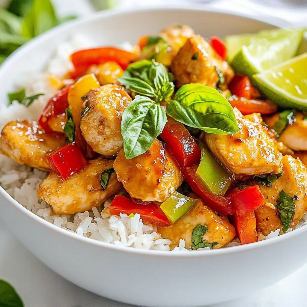To make Spicy Thai Basil Chicken, gather these key ingredients: - 1 lb (450g) boneless chicken thigh, thinly sliced - 2 tablespoons vegetable oil - 4 cloves garlic, minced - 2-3 Thai bird's eye chilies, sliced (adjust to taste) - 1 red bell pepper, sliced - 1 cup fresh Thai basil leaves - 2 tablespoons soy sauce - 1 tablespoon oyster sauce (or mushroom stir-fry sauce for a vegetarian option) - 1 tablespoon fish sauce (optional) - 1 teaspoon sugar - Cooked jasmine rice for serving You can swap some ingredients if needed. Here are a few ideas: - Chicken thighs can be replaced with chicken breast for a leaner option. - Use tofu instead of chicken for a vegetarian dish. - If you can't find Thai bird's eye chilies, use jalapeños for heat. - Substitute vegetable oil with coconut oil for added flavor. - If you prefer a soy-free option, try using coconut aminos in place of soy sauce. Fresh ingredients make a big difference in this dish. Here are some tips to keep in mind: - Buy chicken that feels firm and has a fresh smell. - Look for bright green Thai basil with no brown spots. - Choose bell peppers that are firm and shiny. - Store fresh herbs in a glass of water or wrap in a damp paper towel. - Use fresh garlic for the best flavor; avoid pre-minced garlic. By following these tips, you'll ensure your Spicy Thai Basil Chicken is full of vibrant flavors and fresh aromas. Enjoy cooking! {{ingredient_image_1}} Gather your ingredients first. You need: - 1 lb (450g) boneless chicken thigh, thinly sliced - 2 tablespoons vegetable oil - 4 cloves garlic, minced - 2-3 Thai bird's eye chilies, sliced (adjust to taste) - 1 red bell pepper, sliced - 1 cup fresh Thai basil leaves - 2 tablespoons soy sauce - 1 tablespoon oyster sauce (or mushroom stir-fry sauce for a vegetarian option) - 1 tablespoon fish sauce (optional) - 1 teaspoon sugar - Cooked jasmine rice for serving Make sure to wash and slice everything. This way, cooking will go smoothly. 1. Heat the oil: Start by heating the vegetable oil in a large skillet or wok over medium-high heat. Make sure the oil is hot enough to cook well. 2. Cook garlic and chilies: Add the minced garlic and sliced chilies. Stir-fry for about 30 seconds. You want the garlic to smell good but not burn. 3. Add chicken: Raise the heat to high. Then, add the sliced chicken thighs. Stir-fry for about 5-7 minutes. Cook until the chicken is golden brown and fully cooked. 4. Add bell pepper: Toss in the sliced red bell pepper. Stir-fry for another 2-3 minutes. The pepper should soften a bit but stay crisp. 5. Mix sauce: In a small bowl, mix the soy sauce, oyster sauce, fish sauce (if using), and sugar. Pour this sauce over the chicken and veggies. Stir well to coat everything. 6. Add basil: Finally, add the fresh Thai basil leaves. Stir-fry for about one minute. The basil should wilt and release its nice aroma. 7. Serve: Remove from heat. Serve hot over jasmine rice. For a nice touch, garnish with extra basil leaves. You can also add lime wedges on the side. This adds a fresh taste. Serve in a large bowl or on individual plates. Enjoy your meal with family or friends! To kick up the heat in your Spicy Thai Basil Chicken, use more bird's eye chilies. These small chilies pack a punch. Slice them thinly and add them earlier in the cooking. You can also add a splash of chili oil at the end. This gives a nice finish and extra spice. If you love heat, try adding fresh jalapeños or a pinch of red pepper flakes. For great texture, make sure not to overcook the chicken. Stir-fry it just until golden and cooked through. This keeps it juicy. Use fresh Thai basil for the best flavor. Add it at the end of cooking to keep its aroma. Mixing in a bit of sugar balances the heat and salt. This creates a well-rounded dish that you’ll love. One common mistake is using too much sauce. This can make the dish soggy. Stick to the recommended amounts for a balanced taste. Another mistake is not heating the oil enough. If the oil isn’t hot, the chicken won’t sear well. Lastly, don’t skip the garlic. It adds a wonderful flavor base. Pro Tips Adjust the Heat: If you prefer a milder dish, reduce the number of bird's eye chilies or deseed them before adding to the pan. Flavor Boost: For an extra layer of flavor, marinate the chicken in soy sauce, garlic, and a pinch of sugar for 15-30 minutes before cooking. Fresh Basil: Use fresh Thai basil for the best aroma and taste; avoid dried basil as it won’t provide the same flavor profile. Rice Perfection: Cook jasmine rice with a bit of coconut milk for a creamy texture that complements the spiciness of the chicken. {{image_2}} If you want a vegetarian or vegan dish, swap the chicken for tofu. Use firm tofu for the best texture. Press the tofu to remove extra water, then cube it. Stir-fry the tofu just like you would the chicken. You can also use mushrooms or tempeh for a different flavor. Replace oyster sauce with a mushroom stir-fry sauce. This keeps the dish tasty and plant-based. You can easily switch chicken for turkey or beef. Thinly slice turkey thigh or beef sirloin for a great result. Cook them the same way as chicken. The turkey may need a bit less time since it cooks faster. Beef adds a nice richness, so adjust your cooking times accordingly. Make sure to check for doneness to stay safe. Get creative with your veggies! You can add snap peas, zucchini, or carrots for more color and crunch. Broccoli or green beans also work well. Slice them thinly so they cook fast. Add them at the same time as the red bell pepper. This way, they will be tender but still crisp. Enjoy the extra flavors and nutrients they bring! After enjoying your spicy Thai basil chicken, let leftovers cool. Place them in an airtight container. Store in the fridge for up to three days. This keeps the flavors fresh and tasty. To reheat, use a skillet over medium heat. Add a splash of water or oil to prevent sticking. Stir often until the chicken is hot. You can also use the microwave. Heat on medium for 1-2 minutes. Always check the temperature before serving. If you want to save some for later, freezing works great. Let the chicken cool completely. Place it in a freezer-safe bag or container. It will stay good for up to three months. When ready to eat, thaw overnight in the fridge. Then reheat using the steps above. Yes, you can use regular basil. However, it will change the taste. Thai basil has a unique flavor. It is more spicy and has a hint of anise. If you can't find Thai basil, regular basil works. But expect a milder dish. This dish pairs well with jasmine rice. The rice absorbs the flavors. You can also serve it with a side of fresh veggies. Sliced cucumbers or a simple salad work well. For extra flavor, add lime wedges. They give a nice tang to the meal. Yes, Spicy Thai Basil Chicken can be gluten-free. Just ensure you use gluten-free soy sauce. Regular soy sauce contains gluten. Most other ingredients are gluten-free. Always check labels if you have allergies. Enjoy this tasty dish without worry! We covered the key ingredients for Spicy Thai Basil Chicken, including some swaps and tips for freshness. I shared step-by-step cooking instructions, making it easy to follow. I also offered tips to spice up the dish and avoid common mistakes. You can explore variations to fit your diet. Lastly, I discussed how to store leftovers and reheating tips. With these insights, you can now create a delicious meal that suits your taste. Enjoy your cooking journey!