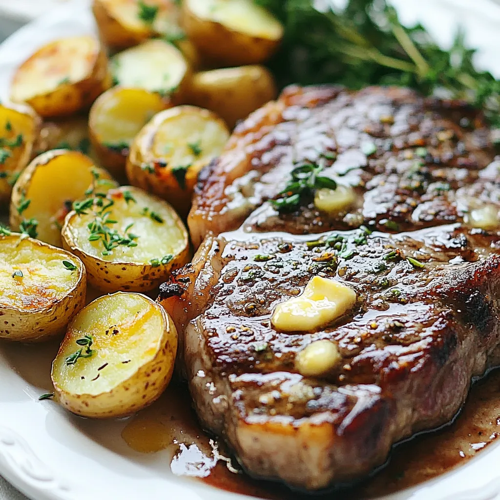 In this recipe, we use simple yet flavorful ingredients. Each one adds to the taste of garlic butter steak and potatoes. - 2 ribeye steaks (about 1 inch thick) - 1 lb baby potatoes, halved - 4 tablespoons unsalted butter - 4 cloves garlic, minced - 1 tablespoon fresh rosemary, chopped - 1 tablespoon fresh thyme, chopped - Salt and pepper to taste - 2 tablespoons olive oil - Fresh parsley, chopped (for garnish) These ingredients work together to create a savory dinner delight. The ribeye steaks give a rich flavor, while the baby potatoes offer a perfect side. Garlic, butter, and fresh herbs blend beautifully, making the dish aromatic and tasty. Fresh parsley adds a nice touch for serving. When you combine these elements, you create a meal that impresses every time! {{ingredient_image_1}} 1. Preheating the oven Start by preheating your oven to 400°F (200°C). This helps cook the steak evenly. 2. Boiling the potatoes In a large pot, bring salted water to a boil. Add the halved baby potatoes. Cook for about 15 minutes until they are tender. Drain the potatoes and set them aside. 3. Seasoning the steaks In a large oven-safe skillet, heat 2 tablespoons of olive oil over medium-high heat. Season both sides of the ribeye steaks with salt and pepper. This adds flavor that you will love. 1. Searing the steaks Once the skillet is hot, add the steaks. Sear them for about 3–4 minutes on one side until you see a nice crust form. This step locks in the juices. 2. Adding garlic butter Flip the steaks over and add 2 tablespoons of butter, minced garlic, rosemary, and thyme to the skillet. Spoon the melted garlic butter over the steaks as they cook for another 3–4 minutes. This makes the steaks rich and aromatic. 3. Combining with potatoes Add the boiled potatoes to the skillet, tossing them in the garlic butter mix. This ensures the potatoes soak up all that yummy flavor. 1. Oven-roasting the skillet Transfer the skillet to the preheated oven. Roast for about 10 minutes for medium-rare. Adjust the time based on how you like your steak cooked. 2. Resting the steaks Remove the skillet from the oven and let the steaks rest for 5 minutes. This helps keep them juicy. 3. Serving suggestions Serve the steaks and potatoes on a large plate. Drizzle any remaining garlic butter from the skillet over the top. Garnish with fresh parsley for a pop of color and flavor. Enjoy your savory dinner delight! To get the perfect steak, you need to know how to check doneness. Use a meat thermometer to check the temperature. For medium-rare, aim for 130°F (54°C). If you prefer it more cooked, adjust the time slightly. Resting your steak is key. After cooking, let it sit for 5 minutes. This helps the juices settle, making each bite juicy. Adding seasonings can boost your steak's taste. Try using smoked paprika or cayenne pepper for a spicy kick. Adjust the garlic and herbs to your liking. If you love garlic, add an extra clove or two. Fresh herbs like thyme and rosemary add a great touch. For the best results, use a heavy skillet. Cast iron or stainless steel work great. They hold heat well, giving a good sear. When roasting in the oven, set your temperature to 400°F (200°C). This ensures even cooking for your steak and potatoes. Adjust the time based on your preferred doneness. Pro Tips Rest Your Steaks: Allow the steaks to rest after cooking for at least 5 minutes. This helps the juices redistribute, ensuring a juicy bite. Perfectly Cooked Potatoes: To ensure the potatoes are crispy, drain them well and toss them in the skillet with the garlic butter until they are slightly golden before serving. Use a Meat Thermometer: For precise doneness, use a meat thermometer. Aim for 130°F (54°C) for medium-rare and 140°F (60°C) for medium. Enhance Flavor: Experiment with different herbs like thyme or oregano to customize the flavor profile of your garlic butter sauce. {{image_2}} You can use different cuts of steak for this dish. Sirloin or filet mignon works well. Each cut has its own flavor and texture. For a richer taste, ribeye is great. Sirloin offers a leaner option. Choose the right steak based on what you like. For potatoes, you have choices! Sweet potatoes add a nice twist. They give a hint of sweetness that contrasts well with the garlic butter. Regular potatoes are classic and easy to find. You can also roast or mash them. Roasted potatoes get crispy and golden. Mashed potatoes are creamy and comforting. If you want a vegetarian meal, swap the steak for mushrooms or tofu. Both options absorb flavors well. You can create a plant-based garlic butter sauce too. Use vegan butter and fresh herbs to keep it tasty. This way, everyone can enjoy the meal! To keep your garlic butter steak and potatoes fresh, place leftovers in an airtight container. Make sure to cool them to room temperature first. Refrigerate within two hours of cooking. This helps to prevent bacteria growth. - Use parchment paper or plastic wrap for extra protection. - Store the steak and potatoes in separate containers. This keeps the texture of both items nice. You can reheat your meal in the microwave or the oven. The microwave is quick but may not keep the steak's juicy texture well. The oven takes longer but warms the food evenly. - If using the microwave, cover the dish to trap steam. Heat in short bursts to avoid overcooking. - For the oven, preheat it to 350°F (175°C). Place the food on a baking sheet and cover it with foil. Heat for 15-20 minutes. If you want to freeze your meal, wrap it tightly in plastic wrap or foil. Then, place it in a freezer-safe bag. This helps to prevent freezer burn. - Label the bag with the date and contents. This keeps your freezer organized. - To thaw, move the meal to the fridge overnight. You can also use the microwave. Just make sure to reheat it thoroughly before serving. To check if the steak is done, use the touch test. Press the steak with your finger. If it feels soft, it is rare. If it feels firm, it is well-done. For medium, it should feel slightly springy. Another great way is to use a meat thermometer. Insert it into the thickest part of the steak. Aim for 130°F (54°C) for medium-rare, 140°F (60°C) for medium, and 160°F (71°C) for well-done. This method gives you the most accurate reading. Yes, you can prepare garlic butter ahead of time. Just mix softened butter with minced garlic and herbs. You can also add salt and pepper for extra flavor. Once mixed, place it in a small container. Cover it tightly and store it in the fridge. It will keep well for about one week. You can also freeze it for longer storage. Just slice it into portions before freezing for easy use later. Garlic butter steak and potatoes taste great with many sides. Some of my favorites include: - Steamed broccoli - Sautéed green beans - Creamy coleslaw - Fresh garden salad For a complete meal, serve with a bread roll or a light dessert like sorbet. Each side adds a nice touch to the rich flavors of the steak and potatoes. You now have all the tools to make a delicious garlic butter steak and potatoes meal. We covered the key ingredients, cooking steps, and helpful tips to perfect your dish. You learned about tasty variations and how to store leftovers for later. These insights will help you impress your family or friends at dinner. Enjoy experimenting with flavors and techniques. Cooking should be fun, so let your creativity shine! Now, grab your ingredients and get started on this delightful meal. Happy cooking!