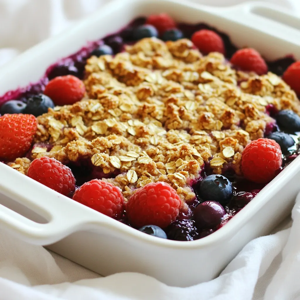 For this recipe, you need three types of berries. Use: - 1 cup strawberries, hulled and sliced - 1 cup blueberries, fresh or frozen - 1 cup raspberries, fresh or frozen These berries give your crisp a bright and fruity flavor. Strawberries add sweetness, blueberries bring juiciness, and raspberries add a tart kick. You can mix and match these berries based on what you have. To enhance the berry flavors, you will need: - ¼ cup granulated sugar - 1 tablespoon lemon juice - 1 teaspoon cornstarch - ½ teaspoon vanilla extract Granulated sugar sweetens the berries. Lemon juice brightens the mix. Cornstarch helps thicken the berry filling. Vanilla extract adds a warm aroma. Combine these ingredients with the berries for a tasty filling. For the perfect topping, gather: - 1 cup rolled oats - ½ cup all-purpose flour - ½ cup brown sugar, packed - ½ teaspoon ground cinnamon - ½ cup cold unsalted butter, cubed - A pinch of salt Rolled oats provide texture. All-purpose flour binds the topping together. Brown sugar adds a rich flavor. Ground cinnamon gives warmth. Cold butter makes the topping crumbly. Mix these ingredients well to create a delicious, crisp layer. First, set your oven to 350°F (175°C). This step is key for baking the crisp evenly. A preheated oven helps the topping get that nice golden color. Next, take a large bowl. Combine 1 cup of sliced strawberries, 1 cup of blueberries, and 1 cup of raspberries. Sprinkle in ¼ cup of granulated sugar, 1 tablespoon of lemon juice, 1 teaspoon of cornstarch, and ½ teaspoon of vanilla extract. Toss gently until the berries are well mixed and coated. This makes the filling sweet and flavorful. Pour the berry mix into a greased 9-inch baking dish. In another bowl, mix together 1 cup of rolled oats, ½ cup of all-purpose flour, ½ cup of packed brown sugar, ½ teaspoon of ground cinnamon, and a pinch of salt. Cut in ½ cup of cold unsalted butter, cubed. Use your fingers or a pastry cutter to mix until it looks like coarse crumbs. This will give your crisp a crunchy top. Now, sprinkle the oat topping evenly over the berry mix in the baking dish. Make sure to cover the berries completely. Place the dish in your preheated oven. Bake for 30 to 35 minutes. Look for bubbling berry filling and a golden brown topping. When done, take it out and let it cool for about 10 minutes. Serve warm, and enjoy! To make your berry crisp the best it can be, choose ripe berries. Fresh strawberries, blueberries, and raspberries work great together. If using frozen berries, let them thaw first. This helps keep the filling from being too watery. Add a little more sugar if your berries are tart. This balances the flavors and makes each bite sweet. Serve your berry crisp warm from the oven. It looks great in a clear dish to show off the colorful berries. You can also sprinkle some fresh mint on top for a pop of color. If you want extra flair, serve it in individual ramekins. This makes each portion feel special and fancy. A scoop of vanilla ice cream or a dollop of whipped cream makes this dish even better. The cold creaminess contrasts with the warm crisp. Drizzle some honey or chocolate sauce on top for added sweetness. You can also add a sprinkle of cinnamon for extra flavor. Enjoy your berry crisp with these treats for a perfect dessert experience! {{image_2}} You can swap the berries for other fruits. Try peaches, cherries, or apples. Each fruit adds its own flavor. For example, peaches bring a sweet and juicy taste. Apples give a crisp texture. Mix and match to find your favorite combo. You can even use one type of berry if you prefer. Just keep the same amount of fruit in your recipe. To make this recipe gluten-free, you can use gluten-free flour. Many brands offer a one-to-one mix that works well. Ensure your oats are also labeled gluten-free. This will keep your crisp safe for those with gluten allergies. You can still enjoy the same great taste without the gluten. Adding nuts can make your crisp even better. Try chopped walnuts or almonds for a crunchy bite. You can also sprinkle in some spices. A pinch of nutmeg works well with the cinnamon. If you like a bit of heat, consider a dash of ginger. These small changes can make your crisp unique and tasty. After enjoying your triple berry crisp, let it cool completely. Transfer any leftovers to an airtight container. Store it in the fridge for up to three days. This keeps the flavors fresh and the topping crisp. If you want to enjoy it later, proper storage is key. To reheat your berry crisp, preheat your oven to 350°F (175°C). Place the crisp in an oven-safe dish. Cover it with foil to prevent drying out. Heat for about 15-20 minutes. If you prefer the microwave, heat in short bursts of 30 seconds. Keep an eye on it so it does not get too hot. You can freeze triple berry crisp for longer storage. First, allow it to cool completely. Cut it into portions for easy serving. Wrap each portion in plastic wrap, then place them in a freezer-safe bag. This way, you can enjoy it for up to three months. When ready to eat, thaw it in the fridge overnight before reheating. Yes, you can use frozen berries. They work well and save time. Just make sure to thaw them a bit before mixing. Drain any excess juice to prevent a soggy crisp. Frozen berries can add a nice chill to the dish. You will know it is done when the berry filling bubbles. The topping should turn a nice golden brown. Bake it for about 30 to 35 minutes. A toothpick inserted into the topping should come out clean. The scent of sweet berries and warm spices will fill your kitchen. You can prepare the berry mix and topping in advance. Just store them separately in the fridge. When you are ready, assemble and bake it fresh. This way, you will have a warm dessert ready in no time. It is perfect for gatherings or special meals. In this post, we explored how to make a delicious triple berry crisp. We covered the key ingredients like fresh berries, sweeteners, and the crisp topping. I shared step-by-step instructions to guide you through the process. We also discussed tips for perfecting your dish, serving ideas, and storage methods. You can get creative with variations too! Remember, making this dessert can be fun and rewarding. Enjoy your berry crisp with friends and family, and savor each bite!