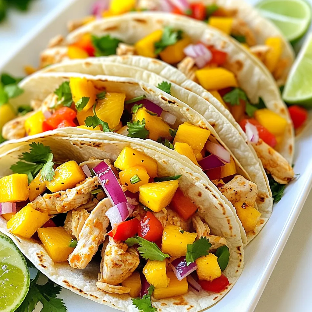 To make Spicy Mango Chicken Tacos, gather these simple ingredients: - 2 chicken breasts, diced - 1 ripe mango, diced - 1 small red onion, diced - 1 red bell pepper, sliced - 2 cloves garlic, minced - 1 tablespoon olive oil - 1 tablespoon taco seasoning - 1 teaspoon cayenne pepper (adjust to taste) - Salt and pepper to taste - 8 small corn tortillas - Fresh cilantro, chopped (for garnish) - Lime wedges (for serving) You can swap some ingredients if you need to. Use any chicken cut, like thighs. For a fruity twist, try pineapple instead of mango. If you don’t have red onion, use white onion. For a milder flavor, pick a yellow bell pepper. You can also use garlic powder if you lack fresh garlic. If you want a gluten-free option, use corn tortillas. Each serving of Spicy Mango Chicken Tacos has about: - Calories: 350 - Protein: 30g - Carbohydrates: 35g - Fat: 10g - Fiber: 5g - Sugar: 6g These tacos are tasty and balanced. They give you a good mix of protein, carbs, and healthy fats. Enjoy knowing you are eating well! {{ingredient_image_1}} First, you need two chicken breasts. Dice them into small pieces. In a medium bowl, mix the chicken with taco seasoning, cayenne pepper, salt, and pepper. Make sure every piece is coated well. This step adds great flavor to the chicken. Heat one tablespoon of olive oil in a large skillet over medium heat. Once hot, add the seasoned chicken. Cook it for about 5 to 7 minutes. Stir occasionally so it cooks evenly. The chicken should no longer be pink. Next, add two minced garlic cloves, one diced mango, and one sliced red bell pepper. Cook for another 3 to 4 minutes. The mango should caramelize a bit, and the peppers should become tender. While the chicken and veggies cook, warm eight corn tortillas in a separate pan. Heat them for about 30 seconds on each side until they are soft. Now, it’s time to assemble your tacos. Spoon the spicy chicken mixture onto each tortilla. Top them with diced red onion and fresh cilantro. Serve with lime wedges for a zesty kick. Enjoy your tasty Spicy Mango Chicken Tacos! To cook chicken just right, start with diced chicken breasts. Use a large skillet and heat olive oil on medium heat. Add the chicken and cook for 5-7 minutes. Stir it often so it cooks evenly. Check for pinkness; it should be fully cooked. Remember, overcooking makes chicken dry. Aim for juicy, tender pieces. Seasoning transforms your dish. Mix taco seasoning, cayenne pepper, salt, and pepper in a bowl. Toss the diced chicken well until it's coated. If you want more heat, add more cayenne. The garlic and mango will add sweetness. Adjust seasoning as you cook. Taste along the way to get it just right. Make your tacos look as good as they taste! Use a large platter to arrange the tacos. Garnish with fresh cilantro for color. Add lime wedges on the side. This not only looks nice but also adds brightness to each bite. Serve it all together for a fun taco feast! Pro Tips Perfectly Cooked Chicken: Ensure your chicken is cooked evenly by cutting it into uniform pieces. This helps achieve a consistent cook and prevents some pieces from being overcooked. Adjusting Spice Levels: If you prefer milder tacos, reduce the cayenne pepper or omit it altogether. You can always add hot sauce later for those who enjoy more heat. Freshness is Key: Use ripe mangoes for the best flavor. They should be slightly soft to the touch and have a sweet aroma. This will enhance the overall taste of your tacos. Warm Tortillas: Warming your tortillas in a dry skillet not only makes them pliable but also adds a lovely toasted flavor, elevating your taco experience. {{image_2}} You can easily make mango tacos without chicken. Use diced mango as the main filling. Pair it with black beans or chickpeas for protein. Just season them with taco spices for extra flavor. Add grilled vegetables like zucchini or corn for a delicious twist. If you want a different protein, try shrimp or tofu. Shrimp cooks quickly and adds a nice taste. Just season it like the chicken in the original recipe. Tofu can soak up flavors well. Marinate it in taco seasoning before cooking. Toppings can make your tacos special. Try adding sliced avocado for creaminess. Pickled red onions give a tangy bite. You can also use crumbled cheese like feta or cotija. For a spicy kick, top with jalapeños or sriracha. Fresh lime juice brightens the flavors too. To keep your leftover tacos fresh, place them in an airtight container. Wrap each taco in foil or wax paper to prevent them from getting soggy. Store them in the fridge for up to two days. If you want to keep the chicken and toppings separate, store them in different containers. This way, the tortillas stay crisp. When you want to enjoy your tacos again, reheat them in a skillet. Heat the skillet over medium heat. Place the tacos in the skillet for about 2-3 minutes on each side. This keeps the tortillas warm and soft. You can also use the microwave. Heat on high for about 30 seconds. Check if it's warm, and if not, heat for an extra 15 seconds. If you want to freeze these tacos, it's best to freeze the filling separately. Let the chicken mixture cool first. Then, place it in a freezer-safe bag or container. Store it in the freezer for up to three months. When you're ready to eat, thaw it in the fridge overnight. Warm it up in a skillet, and then assemble your tacos. You can make a simple mix at home. Use equal parts chili powder and cumin. Add garlic powder and onion powder for more flavor. You can also try smoked paprika for a smoky touch. This blend gives your dish a tasty twist! The heat comes from cayenne pepper. You can adjust the amount to fit your taste. If you prefer mild tacos, use less cayenne. For more spice, add a bit more. The mango adds sweetness, which balances the heat nicely. Yes, you can prepare the chicken earlier in the day. Cook it fully, then cool it down. Store it in the fridge until you are ready to use it. This makes taco night even quicker and easier! Great sides include black beans and rice. You can also serve a fresh salad with lime dressing. Chips and salsa are a fun option, too. These sides will complement the tacos and make your meal complete! This article covered the key ingredients for Spicy Mango Chicken Tacos, including substitutions and nutrition. We explored easy steps to prepare and cook the chicken and veggies, plus tips for the best flavor and presentation. Variations like mango tacos and other proteins give you options. Lastly, we discussed storage and reheating for leftovers. Enjoy these tacos fresh or save them for later. You now have the tools to create a tasty dish. Happy cooking!