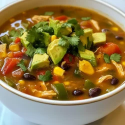 - 1 lb boneless, skinless chicken breasts - 1 tablespoon olive oil - 1 medium onion, diced - 3 garlic cloves, minced - 2 jalapeños, finely chopped (adjust based on heat preference) - 1 bell pepper, diced (any color) - 4 cups chicken broth - 1 can (15 oz) black beans, rinsed and drained - 1 can (15 oz) corn, drained - 1 teaspoon ground cumin - 1 teaspoon smoked paprika - Juice of 2 limes - Salt and pepper to taste - Fresh cilantro, for garnish - Avocado, diced (for serving) - Tortilla chips (for garnish) - Additional spices for flavor enhancement - Chopped tomatoes - Fresh lime wedges for serving This soup bursts with flavor! The chicken shines in the broth. I love how the lime adds brightness. The jalapeños give it a nice kick. You can adjust them based on your taste. Each ingredient plays a role. The black beans add heartiness. Corn adds sweetness. Cumin and paprika give depth. Slicing fresh herbs like cilantro brings freshness. Diced avocado adds creaminess. You can also play around with spices. Add more or change them out for fun. Tomatoes can boost the flavor too. Serving with lime wedges brightens each bowl. This mix of ingredients comes together quickly. It’s a simple yet satisfying meal. Enjoy making it your own! {{ingredient_image_1}} 1. Heat olive oil and sauté onion Start by heating one tablespoon of olive oil in a large pot over medium heat. Add one diced medium onion. Cook until the onion turns soft and translucent, about five minutes. 2. Add garlic, jalapeños, and bell pepper Next, stir in three minced garlic cloves, two finely chopped jalapeños, and one diced bell pepper. Cook for another three to four minutes until the peppers soften and smell great. 3. Season and cook chicken with broth Season one pound of boneless, skinless chicken breasts with salt, pepper, one teaspoon of ground cumin, and one teaspoon of smoked paprika. Add the chicken to the pot and pour in four cups of chicken broth. Bring this mixture to a boil. 1. Bring to a boil, then simmer for 20 minutes Once the soup is boiling, reduce the heat. Cover the pot and let it simmer for about twenty minutes. The chicken should be fully cooked by now. 2. Shred chicken and return to the pot After twenty minutes, take the chicken out of the pot. Use two forks to shred the chicken into bite-sized pieces. Return the shredded chicken back to the pot. 3. Add beans, corn, and lime juice Now, add one can (15 oz) of rinsed and drained black beans, one can (15 oz) of drained corn, and the juice of two limes. Stir everything together and let it simmer for another five minutes. This step helps combine all the flavors. 1. Garnish with cilantro and avocado When ready to serve, ladle the soup into bowls. Top each bowl with fresh cilantro and diced avocado for a bright touch. 2. Serve with tortilla chips Finally, serve the soup with a side of crispy tortilla chips. They add a fun crunch to every spoonful! Enjoy your delicious Jalapeño Lime Chicken Soup! - To ensure chicken is cooked through, use a meat thermometer. The chicken should reach 165°F. This keeps it safe and juicy. - Adjust the spice level by changing the amount of jalapeños. For a milder soup, remove the seeds. For more heat, add extra jalapeños. - Adding fresh herbs like cilantro or parsley boosts flavor and freshness. You can mix them in while cooking or sprinkle on top before serving. - Incorporating other vegetables like zucchini or carrots can add more texture and taste. Chop them small so they cook evenly with the soup. - For creative garnishing, try adding a swirl of sour cream or yogurt. It adds a nice touch and creaminess. - Serve the soup with a side of warm tortillas or crusty bread. This makes a complete meal that everyone will enjoy. Pro Tips Adjust the Heat: If you prefer a milder soup, remove the seeds from the jalapeños or use fewer peppers. Flavor Boost: Adding a splash of lime juice just before serving enhances the soup's freshness and brightness. Cook the Chicken Ahead: For a quicker meal, cook and shred the chicken in advance and store it in the fridge. Garnish Creativity: Experiment with toppings such as cheese, sour cream, or fresh lime wedges for added flavor and presentation. {{image_2}} You can change the protein in this soup easily. Using shredded rotisserie chicken saves time. Store-bought chicken adds great flavor with less effort. Just add it when you mix in the beans and corn. If you prefer a vegetarian option, use tofu or chickpeas. Tofu absorbs flavors well when cooked. Chickpeas add protein and a hearty texture. Both options make this soup filling and delicious! Not everyone enjoys spice the same way. To make a mild version for kids, reduce the jalapeños. You can also remove the seeds to lessen the heat. This makes the soup tasty without the burn. If you love spice, add more jalapeños or hot sauce. You can also sprinkle in some cayenne pepper. Adjust to your taste, and make it as spicy as you like! The broth is key for flavor. Using vegetable broth makes the soup vegetarian-friendly. It still tastes great and adds a nice depth of flavor. You can also try different flavored broths. For example, using a lime or cilantro broth adds a unique twist. Experimenting with broths can make your soup special and exciting! Store leftover Jalapeño Lime Chicken Soup in an airtight container. It keeps well in the fridge for up to three days. Make sure it cools down before you store it. This helps maintain its taste and texture. Always check for any signs of spoilage before eating. To freeze the soup, use freezer-safe containers. Leave some space at the top for expansion. The soup can last for about three months in the freezer. Thaw it overnight in the fridge before reheating. This keeps the flavors intact and makes it easy to reheat. For the best flavor, reheat the soup on the stove over medium heat. Stir often to avoid burning. You can also use a microwave, but use a microwave-safe bowl. Heat it in short bursts, stirring in between. Always check the temperature. The soup should reach 165°F to ensure it's safe to eat. Yes, you can make this soup ahead of time. Meal prepping this soup saves time during busy days. It also lets the flavors blend and deepen. When you reheat it, you’ll enjoy a richer taste. Just store it in an airtight container in the fridge. It will stay fresh for about three to four days. The soup has a nice kick from the jalapeños. If you want less heat, remove the seeds and membranes. You can also use just one jalapeño instead of two. For a milder soup, add more bell pepper. If you love spice, add extra jalapeños or a dash of hot sauce to amp it up. This soup pairs well with many sides. I recommend serving it with crusty bread or warm tortillas. A simple side salad can add a fresh touch. For a fun twist, serve it with tortilla chips for crunch. You can also top it with avocado for creaminess. Enjoy experimenting with different sides! You now have all the steps to make Jalapeño Lime Chicken Soup. You learned the needed ingredients and how to prepare them. I shared helpful tips to enhance flavor and adjust spice levels. You discovered variations to fit different diets and preferences. This soup is a tasty choice for any meal. Making it ahead of time can save you effort. It's great for family dinners or casual gatherings. Enjoy experimenting with the recipe, and make it your own!