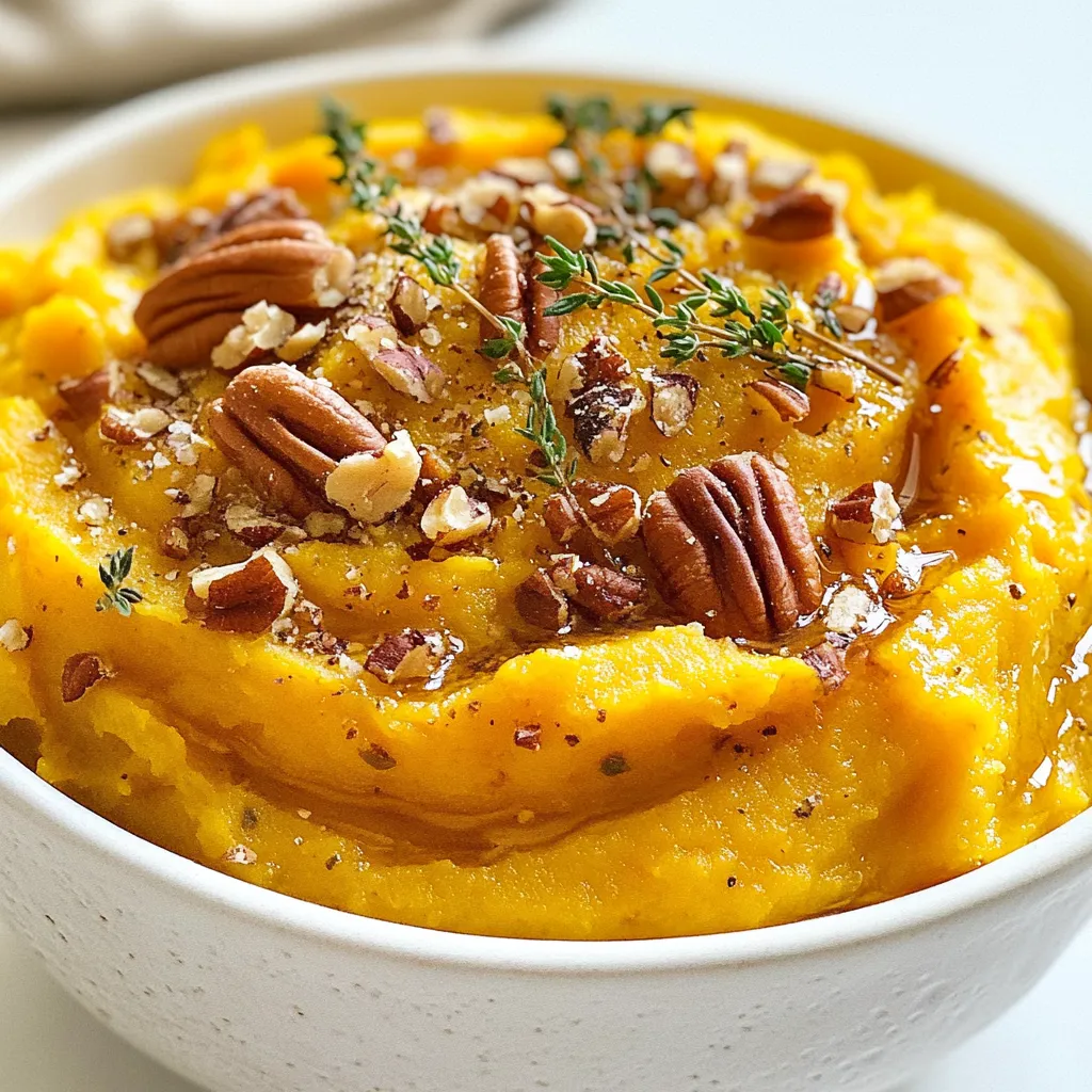 To make Maple Pecan Sweet Potato Mash, you will need: - 4 medium sweet potatoes, peeled and cubed - 1/2 cup pecans, roughly chopped - 1/4 cup pure maple syrup - 1/4 cup unsalted butter (or vegan alternative) - 1/2 teaspoon ground cinnamon - 1/4 teaspoon nutmeg - Salt and pepper to taste - 1/4 cup milk (or non-dairy milk for a vegan option) - Fresh thyme leaves for garnish (optional) You can easily swap some ingredients to fit your needs: - Use coconut oil instead of butter for a dairy-free option. - Maple syrup can be replaced with honey if not vegan. - Almond milk or oat milk works well instead of regular milk. - For a nut-free version, skip the pecans or use sunflower seeds. - Cinnamon and nutmeg can be replaced with pumpkin spice for a twist. Each serving of Maple Pecan Sweet Potato Mash is not only tasty but also packed with nutrients. - Calories: 220 - Protein: 3g - Fat: 9g - Carbohydrates: 35g - Fiber: 4g - Sugar: 8g This mash is a fun way to add healthy sweet potatoes and nuts to your meal! {{ingredient_image_1}} Start by peeling and cubing four medium sweet potatoes. Place the cubes in a large pot. Cover the sweet potatoes with cold water. Add a pinch of salt for flavor. Bring the water to a boil over medium heat. Once it boils, reduce the heat to a simmer. Cook for 15 to 20 minutes. Check if they are tender by piercing with a fork. When soft, drain the sweet potatoes and return them to the pot. Next, grab a small saucepan and melt 1/4 cup of unsalted butter over low heat. Once it's melted, stir in 1/4 cup of pure maple syrup. Add 1/2 teaspoon of ground cinnamon and 1/4 teaspoon of nutmeg for warmth. Mix in a pinch of salt and pepper to taste. Remove the saucepan from heat and set it aside. The sweet smell will make you eager to continue. Now, it’s time to mash the sweet potatoes. Use a potato masher or fork to mash them until smooth. Gradually pour in the maple butter mixture, stirring as you go. For a creamier texture, slowly mix in 1/4 cup of milk. Adjust the amount based on how creamy you want it. Finally, fold in 1/2 cup of roughly chopped pecans, saving some for garnish. Taste and adjust the seasoning if needed. Transfer the mash to a serving bowl. Top with extra pecans and fresh thyme leaves if you like. Enjoy your Maple Pecan Sweet Potato Mash! When picking sweet potatoes, look for firm ones. They should have smooth skin and no spots. Heavy sweet potatoes feel fresh and moist. Choose those with a bright orange color for the best flavor. Avoid any that feel soft, as they may be bad inside. Fresh sweet potatoes taste better in your mash. To make your sweet potato mash creamier, use warm milk. Heat it gently before adding. This helps blend the ingredients well. You can also use a potato ricer instead of a masher. A ricer gives a fluffier texture. Mix in the maple butter slowly. This way, you can adjust the creaminess to your liking. To get the best flavor from pecans, toast them. Spread them on a baking sheet and roast at 350°F for 5-7 minutes. Keep an eye on them; they can burn quickly. Stirring halfway helps them toast evenly. Let them cool before adding to your mash. Toasted pecans bring a rich, nutty taste that enhances your dish. Pro Tips Choose the Right Sweet Potatoes: Opt for firm, unblemished sweet potatoes for the best flavor and texture. Enhance the Maple Flavor: For a deeper maple flavor, consider lightly toasting the pecans before adding them to the mash. Adjust Consistency: Feel free to adjust the amount of milk based on your desired creaminess; add it gradually to avoid overdoing it. Garnish for Appeal: Adding fresh thyme not only enhances the dish's aroma but also adds a beautiful pop of color. {{image_2}} You can easily make a vegan version of Maple Pecan Sweet Potato Mash. Instead of butter, use a vegan alternative. Look for plant-based options like coconut oil or vegan margarine. For milk, choose almond, soy, or oat milk. These swaps keep the flavor rich while making the dish vegan-friendly. This way, everyone can enjoy this tasty treat! Want to kick up the flavor? You can add more spices to your mash. Try a pinch of ginger for warmth. A dash of allspice can add a nice twist, too. You could even mix in some cayenne pepper for a little heat. Each spice brings its own flair, making your sweet potato mash unique and exciting. Pecans are great, but you can use other nuts too! Walnuts add a different crunch and flavor. Almonds can give a nice texture and nutty taste. Just chop them roughly and fold them into the mash. This change keeps the dish fresh and allows you to use what you have on hand. Each nut will change the taste slightly, making it fun to try different combinations! To store leftover Maple Pecan Sweet Potato Mash, place it in an airtight container. Make sure the mash is cool before sealing. It can stay fresh in the fridge for up to five days. If you want to keep it longer, consider freezing it. When you are ready to enjoy your mash again, reheat it gently. You can use the microwave or the stove. If using a microwave, heat in short bursts, stirring in between. On the stove, warm it over low heat. Add a splash of milk if it seems dry. If you want to freeze the mash, scoop it into freezer-safe containers. Leave some space at the top for expansion. Label the containers with the date. The mash can last up to three months in the freezer. Thaw overnight in the fridge before reheating. You can make this mash ahead of time. Simply prepare the sweet potatoes and mash them. Then, store it in an airtight container in the fridge for up to three days. When you are ready to serve, reheat it on the stove or in the microwave. Add a splash of milk for creaminess. Stir well to mix in any extra moisture. This makes serving easy and quick! Yes, you can use brown sugar. However, maple syrup gives a unique flavor. If you choose brown sugar, use the same amount as the recipe states. Dissolve it in the melted butter before mixing it with the sweet potatoes. This change will still give you a sweet and tasty mash, but it won't have the same depth of flavor. Maple Pecan Sweet Potato Mash pairs well with many dishes. It goes great with roasted turkey, glazed ham, or grilled chicken. You can also serve it alongside sautéed greens or a fresh salad. The mash adds a sweet touch that balances savory flavors. Try it with a side of cranberry sauce for a festive twist! In this article, we explored the process of making Maple Pecan Sweet Potato Mash. We covered every ingredient, how to prepare them, and easy cooking tips. You learned about different variations and how to store leftovers. This dish is tasty and easy to adapt, making it great for any meal. Remember, the right ingredients and simple steps lead to a delicious result. Enjoy making this dish your own!