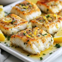 - 4 cod fillets (about 6 ounces each) - 4 tablespoons unsalted butter - 4 cloves garlic, minced - Zest of 1 lemon - 2 tablespoons fresh lemon juice - Salt and pepper to taste - 2 tablespoons fresh parsley, chopped (for garnish) - Lemon wedges (for serving) When making Garlic Butter Cod, you need fresh and simple ingredients. Cod is a mild fish that cooks well with rich butter and bright lemon. The butter adds flavor, while the garlic gives it a nice kick. Start with cod fillets. Each should weigh about 6 ounces. This size cooks just right. Next, grab unsalted butter. You want to control how salty your dish is. For flavor, you’ll need minced garlic. Fresh garlic gives the best taste. The zest of a lemon adds brightness, while fresh lemon juice balances the rich butter. Don’t forget salt and pepper. They enhance all flavors. For a pretty touch, use fresh parsley to garnish your dish. Lastly, have some lemon wedges on the side for serving. They add a nice pop of color and flavor. These ingredients come together to make a savory and simple meal. You’ll love how easy it is to get started! {{ingredient_image_1}} 1. Preheat your oven to 400°F (200°C). This step ensures your cod cooks evenly. 2. Pat the cod fillets dry with paper towels. This helps the seasoning stick. 3. Season both sides of the cod with salt and pepper. A good sprinkle will enhance the flavor. 1. In an oven-safe skillet, melt 4 tablespoons of butter over medium heat. This creates a rich base. 2. Add 4 cloves of minced garlic to the melted butter. Sauté the garlic for about 1 minute. It should smell great, but don’t let it burn! 3. Stir in the zest of 1 lemon and 2 tablespoons of fresh lemon juice. Mix it well for a fresh taste. 1. Place the seasoned cod fillets in the skillet. Spoon some garlic butter over the tops. This adds flavor while it cooks. 2. Cook the fillets for about 2-3 minutes on medium heat. You want to sear the bottom but not fully cook it yet. 3. Transfer the skillet to the preheated oven. Bake the cod for 12-15 minutes. It’s done when it flakes easily with a fork. 4. Once cooked, take the skillet out of the oven. Baste the cod with the garlic butter in the skillet. This keeps it moist and flavorful. 5. Garnish with 2 tablespoons of chopped parsley. Serve with lemon wedges for a bright finish. To ensure your cod is cooked perfectly, follow these steps: - Use fresh cod fillets for the best taste. - Pat them dry to help the seasoning stick. - Season both sides with salt and pepper. - Sear the cod for 2-3 minutes on medium heat. This gives it a nice crust. - Bake in the oven until it flakes easily with a fork. For the skillet, choose an oven-safe cast iron or nonstick skillet. These types heat evenly and are great for searing. They also make transferring to the oven easy. To boost the flavor of your garlic butter, try these herbs and spices: - Add fresh thyme for a warm, earthy taste. - Use a pinch of red pepper flakes for some heat. - Try dill for a fresh, bright note. Pair your garlic butter cod with these side dishes: - Serve with steamed asparagus or green beans. - A light salad with lemon vinaigrette works well too. - Try it with fluffy rice or creamy mashed potatoes for heartiness. These tips will help you create a delicious and satisfying meal that your family will love. Pro Tips Use Fresh Ingredients: Fresh cod and freshly minced garlic will enhance the flavor of this dish significantly. Don’t Overcook the Cod: Cod cooks quickly; keep an eye on it to ensure it remains moist and tender. Customize the Butter: Experiment by adding other herbs like thyme or dill to the garlic butter for a different flavor profile. Serving Suggestions: Pair the cod with steamed vegetables or a light salad for a complete meal. {{image_2}} You can change the cod for other fish. Salmon or tilapia works well. They have nice flavors and cook similarly. This change gives you a new taste without much effort. Another fun twist is to use different citrus fruits. You can try lime or orange instead of lemon. These options add a new zing to the dish. They also keep that fresh, bright flavor you want. If you need gluten-free options, this recipe is already safe! Just check that your butter does not have any gluten. You can enjoy this meal without worry. For a dairy-free and vegan version, swap butter for olive oil. Use a plant-based butter for a creamier taste. This keeps the dish light while still being tasty. You can also add some nutritional yeast for a cheesy flavor. To keep your Garlic Butter Cod fresh, store it in an airtight container. Make sure it cools to room temperature first. Place the cod in the fridge within two hours of cooking. This helps to avoid bacteria growth. You can keep it in the fridge for up to three days. If you want to store it longer, freeze it. Wrap it tightly in plastic wrap and foil. This prevents freezer burn and keeps it tasty. When it comes to reheating cod, the oven is your best friend. Preheat your oven to 350°F (175°C). Place the cod on a baking sheet. Cover it with foil to keep it moist. Heat for about 10-15 minutes. You can also use the stovetop. Heat a skillet over medium-low heat and add a bit of butter or oil. Place the cod in the skillet. Heat for about 5 minutes, flipping once. This way, the cod stays juicy and flavorful. How do I know when the cod is fully cooked? You can tell cod is done when it is opaque and flakes easily with a fork. This usually takes about 12-15 minutes in the oven at 400°F (200°C). The fish should no longer look translucent. If you are unsure, use a food thermometer. The internal temperature should reach 145°F (63°C). Can I substitute fresh lemon juice with bottled lemon juice? You can use bottled lemon juice, but fresh juice gives better flavor. Fresh juice has a bright taste that enhances the garlic butter. If you must use bottled, choose a brand with no added sugars or preservatives. What to serve with Garlic Butter Cod? Garlic Butter Cod pairs well with light sides. Try serving it with roasted vegetables or a fresh salad. Rice or quinoa also work nicely to soak up the garlic butter. For a fun twist, serve it with garlic bread. Is Garlic Butter Cod good for meal prep? Yes, Garlic Butter Cod is great for meal prep. The cod keeps well in the fridge for a few days. Just store it in an airtight container. When ready to eat, you can reheat it gently. That way, you enjoy a tasty meal without much effort. This blog post covered how to make delicious garlic butter cod. We looked at essential ingredients, step-by-step instructions, and storage tips. You now know how to cook cod perfectly. You also learned about flavor variations and dietary options. Seize the chance to impress your family with this dish. Enjoy experimenting with flavors and pairings. With practice, you will master this simple, tasty recipe. Cooking can be fun and rewarding. Happy cooking!