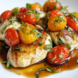 - 4 boneless, skinless chicken breasts - 1 cup cherry tomatoes, halved - 8 oz fresh mozzarella cheese, sliced - 1 cup fresh basil leaves, roughly chopped - 2 tablespoons olive oil - 2 cloves garlic, minced - Salt and pepper to taste - 1 teaspoon balsamic glaze (optional) Best type of tomatoes to use I love using cherry tomatoes for this dish. They are sweet and burst with flavor. You can also use grape tomatoes if you can't find cherries. Fresh vs. dried basil Fresh basil is best for this recipe. It adds a bright taste and a lovely aroma. If you only have dried basil, use about one-third of the amount. Tips for selecting mozzarella Choose fresh mozzarella for the best texture and taste. Look for cheese packed in water for a soft, creamy bite. Avoid pre-shredded cheese as it can be dry and won't melt as well. {{ingredient_image_1}} First, preheat your oven to 375°F (190°C). This step warms the oven for the chicken to cook evenly. Next, gather your chicken and veggies. You will need 4 boneless, skinless chicken breasts. Rinse them under cold water and pat them dry with a paper towel. This helps the seasoning stick better. Now, grab 1 cup of cherry tomatoes and cut them in half. This makes them juicy when baked. Also, prepare 8 ounces of fresh mozzarella by slicing it into rounds. Lastly, take 1 cup of fresh basil leaves and roughly chop them. In a large oven-safe skillet, heat 2 tablespoons of olive oil over medium heat. Once the oil is hot, add 2 cloves of minced garlic. Sauté the garlic for about 1 minute until it smells good. Now, season the chicken breasts with salt and pepper. Place them in the skillet. Cook each side for about 5-6 minutes until they turn a lovely golden brown. This step gives the chicken nice flavor and color. After browning, remove the skillet from the heat. Scatter the halved cherry tomatoes over the chicken. Then, layer the fresh mozzarella slices on top. This creates a creamy layer that melts perfectly. Sprinkle the chopped basil over everything, adding a fresh burst of flavor. Carefully transfer the skillet to your preheated oven and bake for 15-20 minutes. The chicken is ready when its internal temperature reaches 165°F (75°C). Once done, take it out of the oven and let it rest for 5 minutes. If you like, drizzle a teaspoon of balsamic glaze on top for extra taste. Enjoy your Tomato Basil Mozzarella Chicken! To keep your chicken juicy, use a meat thermometer. The chicken should reach 165°F (75°C). This ensures it cooks properly without drying out. Also, do not overcook the mozzarella. Add it in the last few minutes of baking. This keeps it creamy and melty. Pair this dish with a fresh salad or garlic bread. A light pasta dish also works well. For presentation, serve the chicken in the skillet. It looks rustic and inviting. Add a sprinkle of fresh basil on top. This gives a nice pop of color. You can add spices like red pepper flakes for a kick. Italian seasoning is another great option. For more veggies, try adding spinach or bell peppers. They add color and nutrition to your meal. Mix them in with the tomatoes before baking for a tasty twist. Pro Tips Use Fresh Ingredients: Always opt for fresh basil and mozzarella to enhance the flavor profile of your dish. Check Chicken Temperature: Use a meat thermometer to ensure your chicken reaches an internal temperature of 165°F (75°C) for safe consumption. Let It Rest: Allow the chicken to rest for 5 minutes after baking; this helps retain the juices and improves overall texture. Balsamic Glaze Bonus: Drizzling balsamic glaze adds a sweet and tangy finish that complements the tomatoes and mozzarella beautifully. {{image_2}} You can easily switch cheeses in this dish. Try using provolone or gouda for a different taste. If you want a creamier texture, go for burrata cheese. You can also change the protein. Turkey or pork cutlets work well here. They will still soak up all the great flavors. If you need a gluten-free meal, this recipe is naturally safe. Just ensure that any sides are gluten-free too. For a vegetarian twist, use eggplant instead of chicken. Slice it thick, and follow the same steps. Roasting the eggplant adds nice depth to the dish. Want some heat? Add sliced jalapeños or crushed red pepper flakes for a spicy kick. If you want a brighter flavor, lemon zest works wonders. Just sprinkle some on top before serving. It gives the dish a fresh taste and a nice color. To store leftovers of Tomato Basil Mozzarella Chicken, place them in an airtight container. Make sure to cover the chicken well to keep it fresh. You can store it in the fridge for up to three days. Use glass or plastic containers that seal tightly for best results. If you want to keep your chicken longer, freezing is a great option. First, let the chicken cool completely. Then, wrap it tightly in plastic wrap and place it in a freezer-safe bag. It can last up to three months in the freezer. To thaw, place the chicken in the fridge overnight for the best results. You can also use the microwave on a low setting, but be careful not to cook it. When you’re ready to enjoy your leftovers, reheating is simple. I recommend using the oven to keep the chicken juicy. Preheat your oven to 350°F (175°C). Place the chicken in an oven-safe dish and cover it with foil. Heat for about 15-20 minutes or until warm. You can also use a skillet over low heat, adding a splash of water to keep it moist while reheating. Avoid using the microwave, as it may dry out the chicken. If you do not have fresh basil, you can use dried basil. Use about 1 teaspoon of dried basil for each tablespoon of fresh basil. Other herbs like oregano or parsley also work well. They add a nice flavor but will taste different than basil. To check if the chicken is done, use a meat thermometer. Insert it into the thickest part of the chicken. The internal temperature should reach 165°F (75°C). If you do not have a thermometer, cut into the chicken. The meat should be white and the juices clear. Yes, you can prep this dish in advance. Season the chicken and prepare the veggies the night before. Store them in the fridge. When ready to cook, just layer the ingredients and bake. This saves time and makes dinner easy. This blog post shared a simple and tasty chicken dish made with fresh ingredients. I covered everything from selecting the best tomatoes to cooking tips for juicy chicken. You can even explore variations, including vegetarian options and flavor twists. Remember to store leftovers properly to enjoy them later. With these tips, you can make a delicious meal that impresses your guests and keeps your family happy. Enjoy your cooking adventure and have fun experimenting with different flavors!