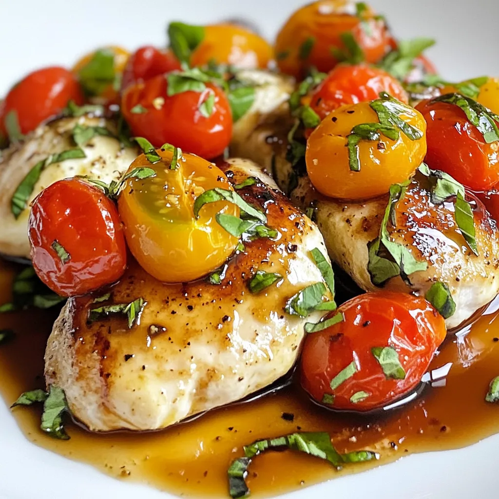 - 4 boneless, skinless chicken breasts - 1 cup cherry tomatoes, halved - 8 oz fresh mozzarella cheese, sliced - 1 cup fresh basil leaves, roughly chopped - 2 tablespoons olive oil - 2 cloves garlic, minced - Salt and pepper to taste - 1 teaspoon balsamic glaze (optional) Best type of tomatoes to use I love using cherry tomatoes for this dish. They are sweet and burst with flavor. You can also use grape tomatoes if you can't find cherries. Fresh vs. dried basil Fresh basil is best for this recipe. It adds a bright taste and a lovely aroma. If you only have dried basil, use about one-third of the amount. Tips for selecting mozzarella Choose fresh mozzarella for the best texture and taste. Look for cheese packed in water for a soft, creamy bite. Avoid pre-shredded cheese as it can be dry and won't melt as well. {{ingredient_image_1}} First, preheat your oven to 375°F (190°C). This step warms the oven for the chicken to cook evenly. Next, gather your chicken and veggies. You will need 4 boneless, skinless chicken breasts. Rinse them under cold water and pat them dry with a paper towel. This helps the seasoning stick better. Now, grab 1 cup of cherry tomatoes and cut them in half. This makes them juicy when baked. Also, prepare 8 ounces of fresh mozzarella by slicing it into rounds. Lastly, take 1 cup of fresh basil leaves and roughly chop them. In a large oven-safe skillet, heat 2 tablespoons of olive oil over medium heat. Once the oil is hot, add 2 cloves of minced garlic. Sauté the garlic for about 1 minute until it smells good. Now, season the chicken breasts with salt and pepper. Place them in the skillet. Cook each side for about 5-6 minutes until they turn a lovely golden brown. This step gives the chicken nice flavor and color. After browning, remove the skillet from the heat. Scatter the halved cherry tomatoes over the chicken. Then, layer the fresh mozzarella slices on top. This creates a creamy layer that melts perfectly. Sprinkle the chopped basil over everything, adding a fresh burst of flavor. Carefully transfer the skillet to your preheated oven and bake for 15-20 minutes. The chicken is ready when its internal temperature reaches 165°F (75°C). Once done, take it out of the oven and let it rest for 5 minutes. If you like, drizzle a teaspoon of balsamic glaze on top for extra taste. Enjoy your Tomato Basil Mozzarella Chicken! To keep your chicken juicy, use a meat thermometer. The chicken should reach 165°F (75°C). This ensures it cooks properly without drying out. Also, do not overcook the mozzarella. Add it in the last few minutes of baking. This keeps it creamy and melty. Pair this dish with a fresh salad or garlic bread. A light pasta dish also works well. For presentation, serve the chicken in the skillet. It looks rustic and inviting. Add a sprinkle of fresh basil on top. This gives a nice pop of color. You can add spices like red pepper flakes for a kick. Italian seasoning is another great option. For more veggies, try adding spinach or bell peppers. They add color and nutrition to your meal. Mix them in with the tomatoes before baking for a tasty twist. Pro Tips Use Fresh Ingredients: Always opt for fresh basil and mozzarella to enhance the flavor profile of your dish. Check Chicken Temperature: Use a meat thermometer to ensure your chicken reaches an internal temperature of 165°F (75°C) for safe consumption. Let It Rest: Allow the chicken to rest for 5 minutes after baking; this helps retain the juices and improves overall texture. Balsamic Glaze Bonus: Drizzling balsamic glaze adds a sweet and tangy finish that complements the tomatoes and mozzarella beautifully. {{image_2}} You can easily switch cheeses in this dish. Try using provolone or gouda for a different taste. If you want a creamier texture, go for burrata cheese. You can also change the protein. Turkey or pork cutlets work well here. They will still soak up all the great flavors. If you need a gluten-free meal, this recipe is naturally safe. Just ensure that any sides are gluten-free too. For a vegetarian twist, use eggplant instead of chicken. Slice it thick, and follow the same steps. Roasting the eggplant adds nice depth to the dish. Want some heat? Add sliced jalapeños or crushed red pepper flakes for a spicy kick. If you want a brighter flavor, lemon zest works wonders. Just sprinkle some on top before serving. It gives the dish a fresh taste and a nice color. To store leftovers of Tomato Basil Mozzarella Chicken, place them in an airtight container. Make sure to cover the chicken well to keep it fresh. You can store it in the fridge for up to three days. Use glass or plastic containers that seal tightly for best results. If you want to keep your chicken longer, freezing is a great option. First, let the chicken cool completely. Then, wrap it tightly in plastic wrap and place it in a freezer-safe bag. It can last up to three months in the freezer. To thaw, place the chicken in the fridge overnight for the best results. You can also use the microwave on a low setting, but be careful not to cook it. When you’re ready to enjoy your leftovers, reheating is simple. I recommend using the oven to keep the chicken juicy. Preheat your oven to 350°F (175°C). Place the chicken in an oven-safe dish and cover it with foil. Heat for about 15-20 minutes or until warm. You can also use a skillet over low heat, adding a splash of water to keep it moist while reheating. Avoid using the microwave, as it may dry out the chicken. If you do not have fresh basil, you can use dried basil. Use about 1 teaspoon of dried basil for each tablespoon of fresh basil. Other herbs like oregano or parsley also work well. They add a nice flavor but will taste different than basil. To check if the chicken is done, use a meat thermometer. Insert it into the thickest part of the chicken. The internal temperature should reach 165°F (75°C). If you do not have a thermometer, cut into the chicken. The meat should be white and the juices clear. Yes, you can prep this dish in advance. Season the chicken and prepare the veggies the night before. Store them in the fridge. When ready to cook, just layer the ingredients and bake. This saves time and makes dinner easy. This blog post shared a simple and tasty chicken dish made with fresh ingredients. I covered everything from selecting the best tomatoes to cooking tips for juicy chicken. You can even explore variations, including vegetarian options and flavor twists. Remember to store leftovers properly to enjoy them later. With these tips, you can make a delicious meal that impresses your guests and keeps your family happy. Enjoy your cooking adventure and have fun experimenting with different flavors!