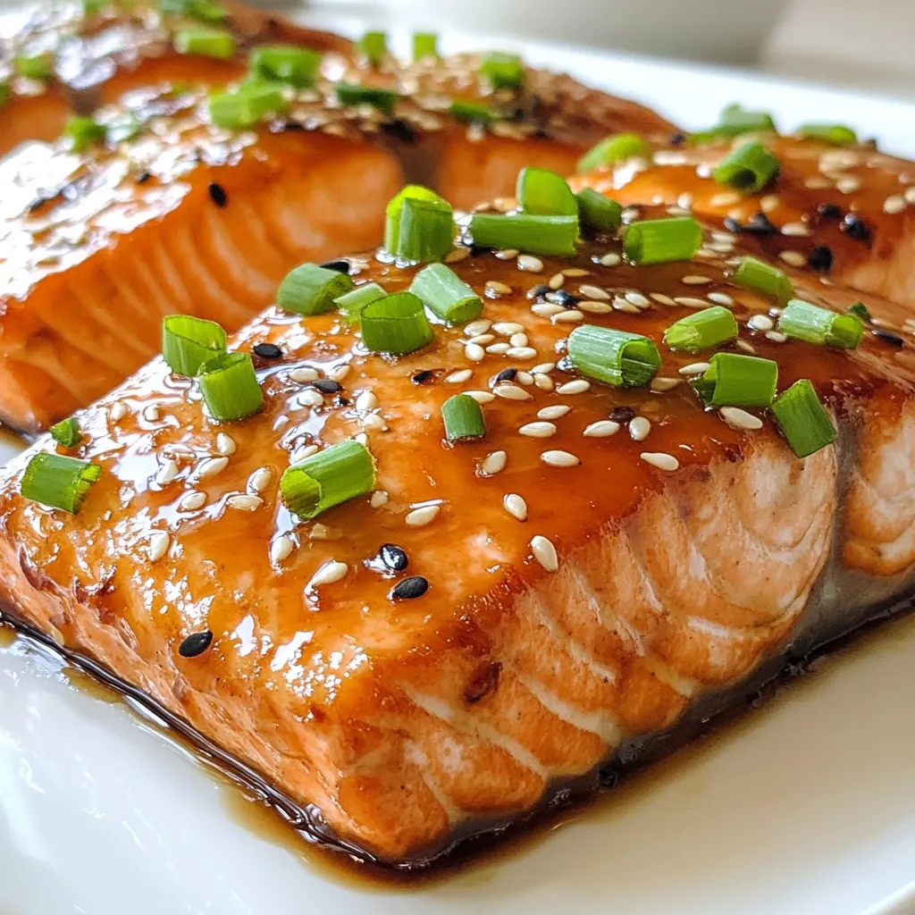 To make Air Fryer Teriyaki Salmon, you will need these simple ingredients: - 4 salmon fillets (about 6 oz each) - 1/4 cup low-sodium soy sauce - 2 tablespoons honey - 1 tablespoon rice vinegar - 2 cloves garlic, minced - 1 teaspoon fresh ginger, grated - 1 tablespoon sesame oil - 1 tablespoon cornstarch - 1 tablespoon water - 1 tablespoon sesame seeds (for garnish) - Chopped green onions (for garnish) These ingredients come together to create a delicious teriyaki sauce that coats the salmon perfectly. The low-sodium soy sauce keeps it healthy, while honey adds a touch of sweetness. Garlic and ginger bring great flavor. You can find these items at any grocery store. If you want to make it even better, look for fresh salmon fillets. Fresh fish has a taste and texture that frozen fillets can’t match. This dish is not just tasty; it’s also quick to prepare. You can have a healthy meal ready in under an hour. Each ingredient plays a key role in making this dish special. The sesame oil gives it a rich aroma, while the sesame seeds and green onions add a fresh crunch as a garnish. Gather these ingredients, and you are ready to create a delightful meal that everyone will love. {{ingredient_image_1}} To make the marinade, grab a bowl. Add 1/4 cup of low-sodium soy sauce. Then, mix in 2 tablespoons of honey. Next, add 1 tablespoon of rice vinegar. Toss in 2 cloves of minced garlic and 1 teaspoon of grated ginger. Finally, pour in 1 tablespoon of sesame oil. Whisk everything together until combined. This mixture gives the salmon its amazing flavor. Now, take your salmon fillets. Place them in a shallow dish. Pour the marinade over the salmon, making sure each piece is coated. Let it marinate for at least 30 minutes. This step allows the flavors to soak into the fish. Once marinated, remove the salmon from the dish. Reserve the marinade for later. Preheat your air fryer to 375°F (190°C). While it's heating, take a small saucepan. Heat the reserved marinade over medium heat until it simmers. Mix 1 tablespoon of cornstarch with 1 tablespoon of water in a small bowl. Stir this into the simmering sauce. Cook for about 2-3 minutes until it thickens. Next, spray the air fryer basket lightly with cooking spray. Place the salmon fillets in the basket, skin-side down. Air fry the salmon for 10-12 minutes. Check for doneness; it should be flaky. After cooking, brush the thickened teriyaki sauce over the salmon. This adds even more flavor. Finally, garnish with sesame seeds and chopped green onions before serving. Enjoy your tasty dish! To check if your salmon is done, look for a few signs. First, the color should change from bright pink to a pale pink. Second, use a fork to test. If it flakes easily, it is ready! Another method is to check the internal temperature. Aim for 145°F (63°C) for safe eating. It helps to let it rest for a few minutes before serving. This step keeps the fish moist and tender. If you want a thicker sauce, use cornstarch. Mix one tablespoon of cornstarch with one tablespoon of water. Stir this mixture into the simmering marinade. Cook it for 2-3 minutes until it thickens. This trick makes the sauce stick better to the salmon. You can also adjust the amount of honey for a sweeter taste. To make your teriyaki salmon even better, try adding extra flavors. A splash of lime juice gives a nice twist. You can also sprinkle in chili flakes for heat. Try adding crushed pineapple for a sweet and fruity touch. Fresh herbs like cilantro or basil can brighten the dish too. Don't be afraid to experiment! Pro Tips Use Fresh Ingredients: Fresh salmon, garlic, and ginger will elevate the flavors of your teriyaki marinade. Adjust the Sweetness: Feel free to modify the amount of honey based on your taste preference for sweetness. Check for Doneness: Use a fork to check if the salmon flakes easily to ensure it’s cooked perfectly. Experiment with Garnishes: Try adding sliced radishes or cucumber for a fresh crunch alongside the sesame seeds and green onions. {{image_2}} You can switch the salmon for other fish. Tuna or tilapia work great. If you prefer plant-based options, try tofu. Cut tofu into cubes, and follow the same marinade steps. Ensure you press the tofu to remove excess water for the best flavor. Feel free to mix up the marinade. You can add orange juice for a citrus twist. For a spicy kick, include sriracha or chili paste. Teriyaki sauce can also be swapped with a miso glaze. Each option brings a new taste to your dish. Serve your teriyaki salmon with rice or quinoa. Steamed veggies like broccoli or green beans complement the dish well. Add a sprinkle of sesame seeds and green onions for a fresh touch. For a full meal, pair with a light salad. To store leftover salmon, let it cool first. Wrap each fillet in plastic wrap. You can also place it in an airtight container. This keeps the salmon fresh. Store it in the fridge for up to three days. If you want to keep it longer, freezing is a good choice. To reheat air-fried salmon, use the air fryer. Preheat it to 350°F (175°C). Place the salmon in the basket and heat for about 5 minutes. This method keeps the fish moist and flaky. You can also use a microwave, but this may dry it out. To freeze salmon, wrap each fillet tightly in plastic wrap. Then place the wrapped salmon in a freezer bag. Remove as much air as possible. This helps prevent freezer burn. Thaw salmon in the fridge overnight before cooking. Never refreeze thawed salmon to keep it safe and tasty. Yes, you can use fresh ginger. Fresh ginger gives a strong flavor. It adds a nice kick to the dish. Use about one teaspoon of fresh grated ginger. Just make sure to adjust the amount based on your taste. Salmon is done when it flakes easily with a fork. It should be opaque and no longer shiny. The ideal internal temperature is 145°F (63°C). Use a meat thermometer for best results. - Steamed rice or quinoa pairs well. - Roasted or steamed vegetables add color and taste. - A fresh salad provides a nice crunch. - You might enjoy a side of pickled veggies for extra flavor. Yes, this recipe works great for meal prep. You can store leftover salmon in the fridge. It lasts for up to three days. Just reheat it gently in the air fryer or microwave. Add fresh sides each day to keep meals exciting. You learned how to make tasty air fryer teriyaki salmon. We covered the right ingredients and step-by-step cooking. Remember the tips for perfect flakes and sauce thickness. You can try different proteins or marinades too. Store leftovers well and reheat for best taste. This meal is good for your meal prep and easy to enjoy anytime. With the info in this guide, you can cook salmon that everyone will love. I hope you try it and enjoy your cooking!