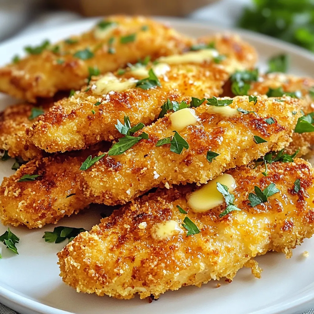 To make Garlic Parmesan Chicken Tenders, gather these fresh ingredients: - 1 lb chicken breast tenders - 1 cup all-purpose flour - 2 large eggs, beaten - 1 cup breadcrumbs (preferably panko for extra crunch) - 1 cup grated Parmesan cheese - 4 cloves garlic, minced - 1 tablespoon Italian seasoning - 1 teaspoon salt - 1/2 teaspoon black pepper - 1/3 cup melted butter - Fresh parsley, chopped (for garnish) Each ingredient plays a key role in making these tenders crispy and tasty. The chicken breast tenders provide a juicy base, while the flour and seasonings create a perfect coating. Eggs help the breadcrumbs stick, and the Parmesan adds a savory bite. Garlic infuses flavor, and butter gives richness and helps brown the tenders. Finally, garnish with parsley for color and freshness. With these ingredients, you can create a dish that impresses everyone. {{ingredient_image_1}} 1. Preheating the Oven Start by preheating your oven to 400°F (200°C). This step ensures your chicken tenders cook evenly and become crispy. 2. Preparing the Baking Sheet Line a baking sheet with parchment paper. This keeps the tenders from sticking and makes cleanup easy. 3. Mixing Dry Ingredients In a shallow bowl, combine 1 cup of flour, 1 tablespoon of Italian seasoning, 1 teaspoon of salt, and 1/2 teaspoon of black pepper. This mix gives your chicken a great flavor base. 1. Dredging in Flour Take each chicken tender and dredge it in the flour mixture. Make sure to shake off any excess flour. This layer helps the egg stick later. 2. Egg Coating Next, dip the floured tender into 2 beaten eggs. Ensure it’s fully coated. The egg acts as glue for the breadcrumb layer. 3. Coating with Breadcrumbs Roll the tender in 1 cup of breadcrumbs mixed with 4 cloves of minced garlic and 1 cup of grated Parmesan cheese. Press gently to help the coating stick. 1. Arranging on Baking Sheet Place the coated chicken tenders on your prepared baking sheet. Make sure they have space in between for even cooking. 2. Applying Melted Butter Drizzle 1/3 cup of melted butter evenly over the chicken tenders. This step adds richness and helps them brown nicely. 3. Baking Duration and Checking Temperature Bake in the oven for 20-25 minutes. Check that the internal temperature reaches 165°F (74°C). The tenders should be golden brown and crispy. These steps will lead you to delicious Garlic Parmesan Chicken Tenders. Enjoy each bite of this crispy, flavorful dish! Choosing the Right Breadcrumbs I recommend using panko breadcrumbs. They give a light and fluffy texture. Panko absorbs less oil, so they stay crispier. Regular breadcrumbs can work, but they may not be as crunchy. You want that satisfying crunch when you bite into the chicken. Baking Techniques Baking at 400°F (200°C) works best. This high heat helps the chicken cook evenly. Line your baking sheet with parchment paper. This prevents sticking and makes cleanup easy. Drizzle melted butter over the chicken before baking. This adds flavor and helps with browning. Bake until golden brown, about 20-25 minutes. Additional Seasonings to Consider You can spice things up by adding paprika or cayenne pepper. This gives a nice kick. You might also try a sprinkle of lemon zest for brightness. Don’t be afraid to experiment with flavors that you enjoy. Using Fresh vs. Dried Herbs Fresh herbs add a lovely taste. If you have fresh parsley or basil, use them! Dried herbs are great too. They are more potent, so use less. If you choose dried, remember to check the expiration date. Fresh or dried, both enhance your dish wonderfully. Pro Tips Use Fresh Garlic: Freshly minced garlic will give a more vibrant flavor than pre-minced garlic. Consider using a garlic press for the best results. Double-Dip for Extra Crunch: For an ultra-crispy coating, double dip the chicken tenders by repeating the flour, egg, and breadcrumb steps. Let It Rest: Allow the chicken tenders to rest for a few minutes after baking. This helps the juices redistribute, ensuring moist and tender chicken. Customize Your Seasoning: Feel free to adjust the Italian seasoning or add your favorite herbs to the breadcrumb mixture for a personalized touch. {{image_2}} You can change up the Garlic Parmesan Chicken Tenders by using different ingredients. Here are two fun ideas: - Gluten-Free Option: Use gluten-free flour and gluten-free breadcrumbs. These swaps keep the crunch while being safe for those with gluten issues. You won't lose any flavor or texture. - Spicy Variation with Hot Sauce: If you want a kick, mix hot sauce into the beaten eggs. This adds heat to the tenders. You can also sprinkle red pepper flakes into the breadcrumb mix for extra spice. Pairing these chicken tenders with the right sides can make your meal even better. Here are some tasty ideas: - Pairing with Dipping Sauces: Try ranch, marinara, or honey mustard. Each sauce adds a new layer of flavor. You can even mix pesto with mayo for a fresh twist. - Adding Side Dishes: Serve the tenders with a crisp salad or roasted veggies. French fries or a creamy mac and cheese also work great. These sides create a well-rounded meal that everyone will love. Refrigeration Guidelines You can store leftover garlic Parmesan chicken tenders in the fridge. Place them in an airtight container. They will stay fresh for up to three days. Make sure they cool before sealing. This helps prevent moisture buildup. Freezing Instructions To freeze, wrap the chicken tenders tightly in plastic wrap. Then, place them in a freezer bag. This keeps them safe for up to two months. When you want to eat them, thaw them in the fridge overnight. Oven vs. Microwave The oven is best for reheating. Preheat it to 350°F (175°C). Place the chicken on a baking sheet. Bake for about 10-15 minutes. This keeps them crispy. If you use the microwave, the chicken may turn soft. Heat them on a microwave-safe plate for 1-2 minutes. Check often to avoid overcooking. Use a meat thermometer to check the chicken’s internal temperature. It should reach 165°F (74°C). This ensures it is safe to eat. You can also cut one tender in half. If the meat is white and juices run clear, it's done. Even cooking helps to make the chicken tender and juicy. Yes, you can prepare the chicken tenders ahead. Coat them in the breadcrumbs and place them on the baking sheet. Cover them with plastic wrap and store in the fridge. This makes it easy to bake them when you are ready. You can also freeze them for up to three months. Just thaw them in the fridge before baking. Many sauces go well with these chicken tenders. Here are some tasty choices: - Ranch dressing - Honey mustard sauce - BBQ sauce - Marinara sauce - Garlic aioli These sauces add extra flavor and make your meal even more fun. Enjoy dipping! This blog post covered how to make delicious Garlic Parmesan Chicken Tenders from start to finish. We explored ingredients, step-by-step instructions, tips for crispiness, and creative variations. You can impress everyone with your cooking skills. Remember, slight changes can boost flavor and texture. Proper storage keeps leftovers tasty. Start making this meal today to enjoy great flavor and fun!