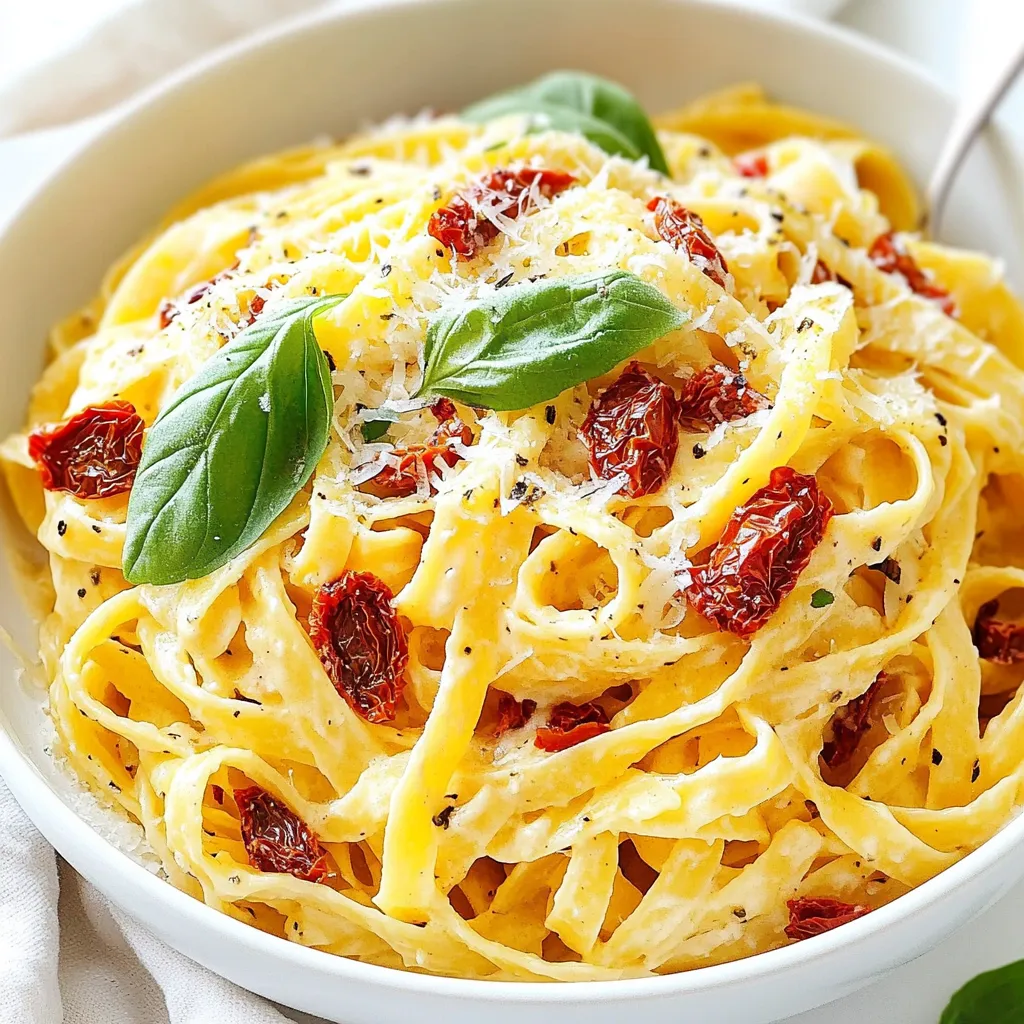 - 12 oz pasta (fettuccine or penne) - 1 cup sun dried tomatoes, chopped - 1 cup heavy cream - 1 cup grated Parmesan cheese - 3 cloves garlic, minced - 1 tablespoon olive oil - 1 teaspoon dried basil - 1/2 teaspoon red pepper flakes (optional) - Salt and pepper to taste - Fresh basil leaves - Additional Parmesan cheese (optional) The main ingredients for this creamy sun dried tomato pasta are simple yet flavorful. First, choose your pasta. I love fettuccine for its wide shape, which hugs the sauce perfectly. You can also use penne; both work well. Next, sun dried tomatoes bring a rich, sweet taste. Make sure to chop them into small pieces. These tomatoes are packed with flavor, especially if you use those packed in oil. The heavy cream is key for that rich, creamy texture. It helps blend all the flavors together. Now, letβs talk cheese. Grated Parmesan adds a salty, nutty flavor. It melts easily into the sauce, making it smooth and delicious. For the seasonings, garlic is a must. Three minced cloves will add a nice aroma and depth. Olive oil helps with cooking the garlic and adds healthy fat. Dried basil brings a hint of freshness. If you love spice, add red pepper flakes for some heat. Lastly, use salt and pepper to enhance all the flavors. Finally, donβt forget about garnishing! Fresh basil leaves add a pop of color and flavor. A sprinkle of extra Parmesan can make your dish look fancy. Enjoy cooking with these simple ingredients! {{ingredient_image_1}} First, boil the pasta in a large pot of salted water. Follow the package instructions. Cook until it is al dente, which means it should still have a slight bite. After cooking, drain the pasta but keep about 1 cup of the water. Set the pasta aside for later. Next, heat a tablespoon of olive oil in a large skillet over medium heat. Add three cloves of minced garlic and sautΓ© for about one minute. You want the garlic to smell good, but be careful not to burn it. Then, toss in one cup of chopped sun dried tomatoes. Cook them for two to three minutes. Now, pour in one cup of heavy cream. Stir it well and let it simmer for two to three minutes. This helps the sauce thicken a bit. After that, add one cup of grated Parmesan cheese, one teaspoon of dried basil, and a pinch of salt and pepper. Stir continuously until the cheese melts and the sauce becomes creamy. Now comes the fun part! Add the cooked pasta to the skillet. Toss it well to coat all the noodles with the sauce. If the sauce looks too thick, slowly mix in some of the reserved pasta water. This will help you reach your desired consistency. Remove the skillet from heat and let it sit for a minute. This allows the sauce to cling nicely to the pasta. The aroma will be amazing! To make your pasta creamy, use high-quality heavy cream. The fat content in heavy cream makes the sauce rich. Add the cheese slowly. This helps it melt better and makes the sauce smooth. Choose sun dried tomatoes packed in oil. These have more flavor than dry ones. For an extra kick, try adding a splash of white wine. This gives the sauce a nice depth and richness. Serve your creamy sun dried tomato pasta with garlic bread. A light salad pairs well too. For a fresh touch, use more herbs to garnish. Fresh basil adds a lovely aroma and look to your dish. Pro Tips Use High-Quality Sun Dried Tomatoes: Opt for sun dried tomatoes packed in oil for a richer flavor and added moisture in your dish. Donβt Overcook the Pasta: Cook the pasta just until al dente; it will continue to cook slightly when combined with the hot sauce. Adjust the Creaminess: If the sauce is too thick, gradually add reserved pasta cooking water until you achieve your desired consistency. Garnish for Flavor: Fresh basil not only adds a pop of color but also enhances the overall flavor of the dish when served on top. {{image_2}} You can boost the protein in your creamy sun dried tomato pasta easily. Here are a few tasty options: - Grilled chicken or shrimp adds a nice touch. - Cooked Italian sausage gives a hearty flavor. Adding protein makes the dish more filling and satisfying. You can grill or sautΓ© the protein separately. Then, mix it into the pasta at the end. This way, you'll get a complete meal in one bowl. If you want to keep it vegetarian, consider these easy swaps: - Add spinach or kale for a pop of color and nutrients. - Substitute cream with a plant-based alternative, like coconut cream. These options keep the dish creamy while also enhancing its health value. The greens bring freshness, and the plant-based creams make it friendly for everyone. You can switch up the pasta shape for fun! Hereβs what to try: - Use penne, rigatoni, or even gluten-free pasta. - Experiment with flavored pasta varieties like spinach or tomato. Different shapes hold the sauce in unique ways, making each bite special. You can use what you have on hand or try something new for a fun twist on this classic dish. To keep your leftover creamy sun dried tomato pasta fresh, store it in an airtight container. This way, it stays tasty and safe to eat. Aim to enjoy it within 3-5 days for the best flavor. If you want to save some for later, cool the pasta first. Portion it into small containers or bags. This makes it easier to reheat. When youβre ready to eat, reheat it gently in a skillet. Add a bit of cream to keep the dish creamy. When reheating, add a splash of cream. This prevents the pasta from drying out. You can use the microwave or stovetop. Just heat it slowly. This helps the flavors come back to life. Enjoy your delicious meal again! If you need a substitute for heavy cream, you have a few good choices. Half-and-half works well for a lighter touch. It creates a creamy sauce but is less rich. Coconut cream is also a great option. It adds a unique flavor and works well in many dishes. Both alternatives can help keep your pasta creamy and delicious. Yes, you can prepare this pasta dish in advance. Cook the pasta and make the sauce separately. Store them in airtight containers. When ready to eat, simply reheat them together. If the sauce is too thick, add a bit of reserved pasta water or cream. This way, you keep the flavors fresh and tasty. To add some heat to your creamy sun dried tomato pasta, try a few easy tricks. You can add more red pepper flakes to the sauce. Start with a small amount and taste as you go. Another option is to include some sliced fresh chili peppers. You can also try a dash of hot sauce for an extra kick. These changes will give your dish a nice spicy twist. This blog post covered a creamy pasta dish, highlighting key ingredients, steps, and tips. You learned about essential flavors, adding proteins, and storage advice. In closing, remember to use fresh ingredients for the best taste. Get creative with variations or toppings. Perfect this dish, and it will delight every time you serve it. Enjoy cooking!