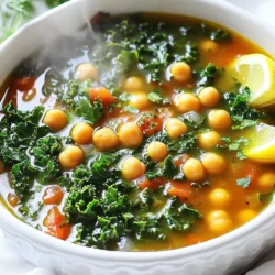 - Chickpeas: Use one can (15 oz) of chickpeas. Drain and rinse them before adding. They add protein and fiber. - Kale: Grab a bunch of kale. Chop it up and remove the tough stems. Kale brings a nice texture and nutrients. - Aromatics: You need one diced onion, two diced carrots, and two diced celery stalks. These give the soup a rich base. Also, use three minced garlic cloves for great flavor. - Broth and Tomatoes: Add four cups of vegetable broth and one can (14 oz) of diced tomatoes. These make the soup hearty and tasty. - Seasonings and Optional Garnishes: For spices, use one teaspoon of dried oregano, one teaspoon of dried basil, and half a teaspoon of red pepper flakes. Adjust the spice to your taste. Finish with salt and pepper. Squeeze half a lemon for brightness. You can also add grated Parmesan cheese for serving. Sautéing Aromatics Start by heating 2 tablespoons of olive oil in a large pot over medium heat. Add 1 diced onion, 2 diced carrots, and 2 diced celery stalks. Cook these for about 5 to 7 minutes. You want them to soften but not brown. Then, stir in 3 minced garlic cloves. Cook for 1 more minute, allowing the garlic to release its aroma. Combining Soup Ingredients Next, add 1 can of drained and rinsed chickpeas, 1 can of diced tomatoes (with juices), and 4 cups of vegetable broth to the pot. Sprinkle in 1 teaspoon of dried oregano, 1 teaspoon of dried basil, and 1/2 teaspoon of red pepper flakes. Stir everything until well mixed. Cooking and Simmering Bring the mixture to a gentle simmer. Let it cook for about 15 minutes. This time helps the flavors blend together beautifully. Keep an eye on it to make sure it doesn’t boil too hard. Adding the Kale After 15 minutes, it’s time to add the kale. Take 1 bunch of chopped kale and stir it into the soup. Cook for another 10 minutes until the kale turns bright green and tender. Remove the pot from heat and squeeze the juice of half a lemon into the soup. Season with salt and pepper to taste. Your Tuscan Chickpea Kale Soup is now ready to serve! Enjoy it hot, and if you like, add some grated Parmesan cheese on top. Ensuring Optimal Flavor To make this soup shine, use fresh ingredients. Fresh kale and ripe tomatoes boost taste. Olive oil adds richness and depth. When you sauté the onion, carrots, and celery, let them cook until soft. This step draws out their natural sweetness. Adjusting Spice Levels Taste is key. If you want more heat, add more red pepper flakes. Start with a little, then add more if needed. You can also balance heat with a splash of lemon juice. It brightens the soup and tones down spice. Perfecting Texture For a smooth soup, blend a portion before adding kale. Use an immersion blender for a quick mix. If you prefer a chunkier texture, keep it as is. Add the kale in the last minutes of cooking. It keeps a nice bite and vibrant color. Presentation Ideas Serve the soup in large bowls. Drizzle olive oil on top for a glossy finish. Add a lemon wedge on the side for a pop of color. Sprinkle fresh herbs like parsley for a touch of green. Accompaniments Pair the soup with crusty bread for a hearty meal. A side salad with a light vinaigrette complements the flavors well. For a touch of luxury, serve with grated Parmesan cheese on top. This adds a savory note that many love. {{image_2}} Alternative Greens You can switch kale for other greens. Spinach or Swiss chard work well. They cook quickly and add great taste. If you want a milder flavor, try using arugula. It will add a nice peppery kick to your soup. Protein Additions For more protein, add cooked chicken or turkey. You can also use tofu for a vegan option. Simply cube the tofu and add it at the same time as the chickpeas. This adds texture and makes the soup more filling. Vegan and Gluten-Free Options This soup is naturally vegan and gluten-free. Use vegetable broth to keep it plant-based. Make sure the broth is certified gluten-free. You can also skip the Parmesan cheese for a fully vegan dish. This way, everyone can enjoy a hearty bowl without worry! - Best Practices: Let the soup cool down before storing. This keeps it fresh longer. Transfer the soup to an airtight container for best results. Be sure to remove any extra herbs or toppings before storing. They can lose flavor over time. - Recommended Storage Containers: Glass containers work well for soup storage. They are safe for the fridge and easy to clean. You can also use BPA-free plastic containers if needed. Ensure they have tight-fitting lids to prevent spills. - Tips for Maintaining Freshness: When reheating, do it slowly on the stove over low heat. This helps keep the flavors intact. Stir occasionally to avoid sticking. If the soup looks thick, add a splash of vegetable broth or water. - You can also microwave the soup. Use a microwave-safe bowl and cover it loosely. Heat in short bursts, stirring in between. This method works well for quick meals. How long can you store Tuscan Chickpea Kale Soup? You can store this soup in the fridge for about 3 to 4 days. Make sure to keep it in an airtight container. This way, it stays fresh and tasty. If you plan to eat it later, let it cool before putting it away. Can I freeze this soup? Yes, you can freeze Tuscan Chickpea Kale Soup. It freezes well for up to 3 months. Use freezer-safe containers or bags. Leave some space in the container for the soup to expand. When you want to eat it, thaw it overnight in the fridge. What can I use instead of chickpeas? If you don’t have chickpeas, use white beans or lentils. Both options bring great taste and texture. They also add their own health benefits. Just adjust the cooking time for lentils since they cook faster than chickpeas. Health Benefits of Key Ingredients - Kale: This green is full of vitamins A, C, and K. It also has fiber, which helps digestion. - Chickpeas: Rich in protein and fiber, chickpeas help keep you full and satisfied. - Garlic: Known for boosting the immune system, garlic adds flavor and health perks. - Olive Oil: This healthy fat is good for your heart and adds richness. Caloric Breakdown per Serving Each serving of Tuscan Chickpea Kale Soup has about 200 calories. This is a rough estimate, but it includes: - Protein from chickpeas - Healthy fats from olive oil - Nutrients from vegetables and broth This soup is not just tasty; it's also a healthy choice for your meals. This blog post covered how to make Tuscan Chickpea Kale Soup. We discussed key ingredients, from chickpeas to seasonings. I shared step-by-step instructions, ensuring your soup comes out perfect every time. Expert tips helped you enhance flavor and adjust spices. You also learned storage methods to keep leftovers fresh. In conclusion, this soup is both healthy and versatile. Experiment with different greens or proteins. Enjoying a warm bowl can lift your spirits and nourish your body. Happy cooking!