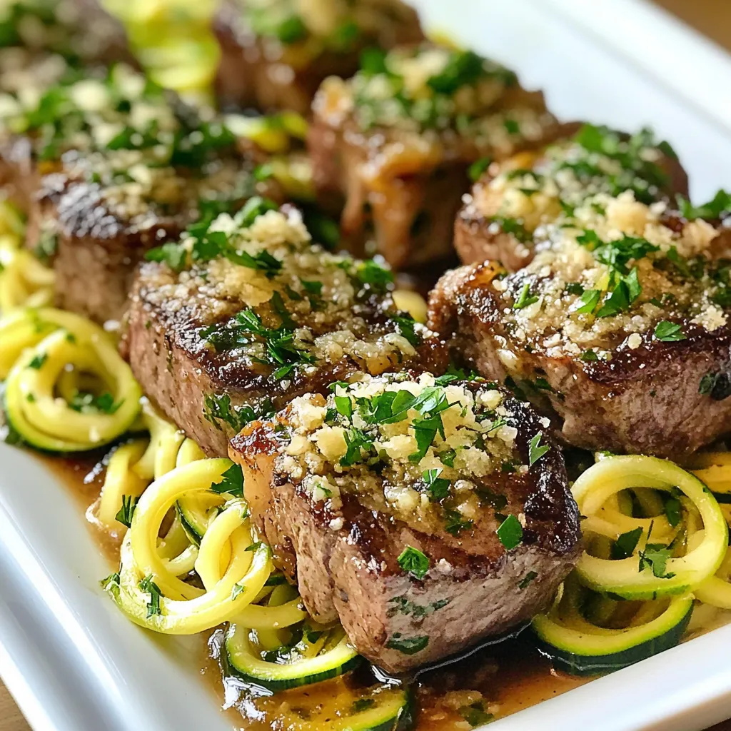 - 1 lb sirloin steak, cut into bite-sized pieces - 4 medium zucchinis, spiralized into zoodles - 4 tablespoons unsalted butter - 4 cloves garlic, minced - 1 teaspoon fresh rosemary, minced - 1 teaspoon fresh thyme, minced - Salt and pepper, to taste - 1 tablespoon olive oil - 1/4 cup grated Parmesan cheese (optional) When selecting zucchini, look for firm, bright green ones. Avoid any with soft spots or wrinkles. Fresh zucchinis will give your dish great texture and flavor. For the steak, cut it into small, even pieces. This helps them cook quickly and evenly. Remember to season the steak with salt and pepper before cooking. This simple step boosts the flavor. {{ingredient_image_1}} To start, grab your zucchinis. You will need four medium ones. Use a spiralizer to create long, curly zoodles. This tool makes it fun and easy. After spiralizing, place the zoodles on a clean kitchen towel. This step is key. It helps absorb excess moisture. Moisture can make zoodles soggy. Let them sit while you cook the steak. Next, heat a large skillet over medium-high heat. Add one tablespoon of olive oil. Once hot, toss in the sirloin steak pieces. Season them with salt and pepper. Sear the steak bites for about three to four minutes. You want them browned on all sides. Use a meat thermometer to check doneness. Aim for 130°F for medium-rare. Adjust the time for your preferred doneness. Once cooked, take the steak out and set it aside. Now, it's time for the garlic butter sauce. In the same skillet, add four tablespoons of unsalted butter. Let it melt, then add four minced garlic cloves. Stir in one teaspoon each of minced rosemary and thyme. Sauté for about one to two minutes. Be careful not to burn the garlic; it can turn bitter. Add the spiralized zoodles to the skillet next. Toss them in the garlic butter mixture. Cook for two to three minutes. You want them tender but still crunchy. Finally, return the cooked steak bites to the skillet. Toss everything together for one more minute. This warms the steak and zoodles. Serve hot, garnished with grated Parmesan cheese and fresh parsley for a pop of color. - Achieving perfect steak bites: Start with a good cut, like sirloin. Cut it into uniform pieces to ensure even cooking. Season well with salt and pepper. Sear in a hot skillet to lock in the juices. This gives you a tasty, brown crust. - Ensuring zoodles remain al dente: Zoodles cook quickly. Sauté them for only 2 to 3 minutes. This keeps them firm and not mushy. Make sure to dry them with a towel first. Excess moisture can lead to sogginess. - Plating ideas: Use a large platter to serve your dish. This makes it look more inviting. Drizzle extra garlic butter over the top for a rich finish. Sprinkle with fresh parsley for color and freshness. - Pairing with sides or sauces: Garlic Butter Steak Bites Zoodles are filling. Pair them with a light salad or crusty bread. A tangy sauce, like a balsamic glaze, can add nice flavor. - Alternatives for steak: If you prefer chicken, use it instead of steak. Shrimp works well too. Both will absorb the garlic butter flavor nicely. - Other vegetables for zoodles: You can spiralize carrots, sweet potatoes, or squash if you want variety. Each brings its own unique taste and texture to the dish. Pro Tips Choose the Right Cut: Using sirloin steak ensures tenderness and flavor. For a richer taste, consider ribeye or tenderloin, but adjust cooking time accordingly. Don’t Overcook the Zoodles: To maintain their crunch and nutritional benefits, cook zoodles just until tender but still al dente, about 2-3 minutes. Enhance the Garlic Flavor: For a deeper garlic flavor, add the minced garlic after the butter has melted, allowing it to infuse the butter without burning. Garnish for Presentation: Fresh parsley not only adds a pop of color but also brightens the dish. Consider adding a squeeze of lemon for extra freshness. {{image_2}} You can switch up the protein in this dish. Chicken works great as a substitute for steak. Use bite-sized chicken pieces and cook them in the same way. Shrimp is another tasty option. Just sauté them until they turn pink and slightly curled. For a vegetarian take, try using tofu. Press it first to remove extra moisture. Then, cube it and cook it in the garlic butter until golden brown. You can also use chickpeas for added protein and texture. Want to kick up the flavor? Adding red pepper flakes gives a nice heat. Just sprinkle a pinch in with the garlic when cooking. You can also add other spices like smoked paprika for a smoky touch. Incorporating more veggies adds color and nutrition. Try bell peppers, spinach, or mushrooms. Just add them to the skillet with the garlic and cook until tender. They mix well with the zoodles and steak, making every bite tasty. If you're looking for zoodle alternatives, there are many options. Carrots can be spiralized for a sweet crunch. Sweet potatoes provide a hearty twist. They cook a bit longer, so adjust your cooking time. You could also try butternut squash noodles for a slightly nutty flavor. Each option gives a fresh take on this dish while still being healthy. Just remember to keep an eye on the cooking time for each type of noodle. You can store Garlic Butter Steak Bites Zoodles in the fridge for up to three days. Use an airtight container to keep it fresh. If you want to keep it longer, consider freezing it instead. To reheat, use a skillet on low heat. Add a splash of olive oil or a bit of water. This helps keep the zoodles from getting mushy. Stir gently until warmed through. You can also use a microwave, but it may change the texture. You can freeze the cooked steak bites and zoodles separately. This way, they stay fresh for up to three months. If you want to freeze uncooked components, do so before cooking. Just be sure to thaw them overnight in the fridge before cooking. Zoodles are spiralized zucchini. You can make them by using a spiralizer. This tool turns zucchini into noodle-like shapes. They are low in carbs and a great pasta substitute. Zoodles add a fresh taste and crunch to dishes. Yes, you can make this dish gluten-free. Make sure to use gluten-free soy sauce. You can also replace the Parmesan cheese with a dairy-free option. Always check labels when choosing sauces and seasonings. You can spiralize zoodles ahead of time. After spiralizing, place them on a towel. Let them sit to absorb extra moisture. Store them in a sealed container in the fridge. Use them within two days for the best texture. This blog post explored how to make sirloin steak zoodles. We discussed key ingredients like sirloin, zucchini, garlic, and butter. You learned how to prepare and cook steak bites and zoodles for the best flavor and texture. I shared tips on storage and variations to fit your taste. In closing, making zoodles offers a fun and healthy way to enjoy steak. Try different proteins and veggies for new flavors. Enjoy your cooking!